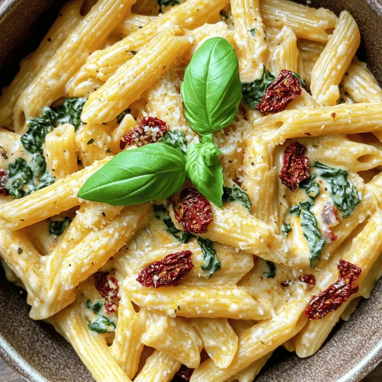 - 12 oz penne pasta - 1 cup sun-dried tomatoes, packed in oil - 1 cup heavy cream - ½ cup grated Parmesan cheese When it comes to the main ingredients, each one plays a big role. The penne pasta provides a nice bite. Sun-dried tomatoes add a rich, tangy flavor. Heavy cream gives the dish its creamy texture. Parmesan cheese adds a salty, nutty depth that ties it all together. - 1 teaspoon garlic powder - 1 teaspoon Italian seasoning - Salt and freshly ground black pepper Seasonings elevate this dish. Garlic powder adds warmth, while Italian seasoning brings a mix of herbs. Salt and pepper let you adjust the flavor to your liking. - 1 cup fresh spinach - 1 tablespoon olive oil - Fresh basil leaves for garnish Fresh ingredients brighten the meal. Spinach adds color and nutrients. Olive oil helps sauté the sun-dried tomatoes, enhancing their flavor. Basil leaves on top provide a fresh finish and aroma, making the dish look appealing. 1. Start by bringing a large pot of salted water to a boil. 2. Add 12 oz of penne pasta to the water. 3. Cook the penne until al dente. This usually takes 10-12 minutes. 4. Once done, drain the pasta in a colander and set it aside. 1. In a large skillet, heat 1 tablespoon of olive oil over medium heat. 2. Toss in 1 cup of chopped sun-dried tomatoes. Sauté for 2-3 minutes. 3. Add 1 teaspoon of garlic powder and 1 teaspoon of Italian seasoning. Mix them well. 4. Gradually pour in 1 cup of heavy cream. Stir as you pour to combine. 5. Increase the heat slightly and let the mixture simmer for 5 minutes. Stir often to prevent sticking. 1. Stir in ½ cup of grated Parmesan cheese. Mix until it melts into the sauce. 2. Fold in 1 cup of roughly chopped spinach. Cook for 2-3 minutes until it wilts. 3. Taste the sauce, then season with salt and freshly ground black pepper to your liking. 4. Add the drained penne pasta into the skillet. Toss to coat the pasta in the sauce. 5. Serve hot, garnished with fresh basil leaves for extra color and flavor. To make the sauce perfect, you want a thick and creamy texture. Start by simmering the heavy cream after adding it to the skillet. Stir it often. This helps it thicken well. If your sauce seems too thick, add a splash of pasta water. This also adds flavor. Seasoning is key to a great sauce. Use salt and freshly ground black pepper. Taste your sauce while cooking. Adjust the seasonings as needed. You can also add more garlic powder or Italian seasoning for extra flavor. Cooking pasta to al dente means it will have a nice bite. To do this, follow the package instructions closely. Usually, this takes about 10-12 minutes. Stir the pasta occasionally to prevent sticking. To avoid overcooked pasta, do not leave it in the water too long. Once it’s al dente, drain it right away. Rinse it briefly with cold water if you are not mixing it into the sauce right away. This stops the cooking process. For a restaurant-style dish, presentation is important. Serve the pasta in a rustic bowl or elegant shallow plates. Sprinkle extra grated Parmesan on top for a nice touch. Fresh basil leaves add color and flavor. Arrange a few around the dish. Pair your creamy sun-dried tomato penne with a side salad or garlic bread. For drinks, a crisp white wine goes well. Enjoy! {{image_4}} You can change the pasta type in this dish. Try gluten-free penne for a lighter option. Whole wheat pasta adds fiber and a nutty flavor. Cheese is also flexible. Use mozzarella for a milder taste. Feta brings a tangy twist. Cream cheese can create a richer texture. To make this meal even better, add veggies. Mushrooms bring earthiness, while bell peppers add crunch and color. Zucchini is another great choice for extra nutrients. If you want protein, chicken or shrimp work well. Grilled chicken adds heartiness. Sauteed shrimp cooks quickly and adds a nice touch. For a dairy-free option, use coconut cream instead of heavy cream. Nutritional yeast can replace cheese for a cheesy flavor. If you want it vegan, replace the pasta with whole grain or legume pasta. Use plant-based cheese and skip the cream. This keeps the dish tasty and plant-friendly. To store leftover Creamy Sun-Dried Tomato Penne, first let it cool. Use an airtight container. This helps keep it fresh. You can store it in the fridge for about 3 to 5 days. To reheat, you can use a skillet or microwave. If using a skillet, add a splash of cream or water. This keeps the sauce creamy. Heat it on low, stirring gently. In the microwave, heat in short bursts, stirring in between. This helps avoid hot spots. Yes, you can freeze Creamy Sun-Dried Tomato Penne! To freeze, let it cool completely. Place it in a freezer-safe container. It can last for up to 2 months. To thaw, move it to the fridge overnight. Reheat gently. Add a bit of cream if it looks dry. Yes, you can use fresh tomatoes. However, the flavor will change. Fresh tomatoes are juicy and mild. Sun-dried tomatoes are rich and intense. They add a concentrated taste that brightens the dish. If you use fresh tomatoes, you might need to cook them longer. This helps them break down and release their flavors. To thicken the sauce, simmer it longer. This reduces the cream and makes it richer. You can also add more Parmesan cheese for thickness. If you want a thinner sauce, add a splash of pasta water. This water has starch that helps the sauce stick. You can also add more cream to loosen it up. This pasta dish pairs well with a fresh green salad. A simple arugula salad with lemon dressing works great. You can also serve garlic bread on the side. For drinks, a light white wine like Sauvignon Blanc is a nice choice. It balances the creaminess and complements the sun-dried tomatoes well. This blog post covered how to make Creamy Sun-Dried Tomato Penne. We explored each ingredient, from penne pasta and sun-dried tomatoes to fresh spinach and garlic. I provided step-by-step instructions for cooking your pasta and making a rich sauce. You learned helpful tips for perfecting flavor and texture, along with storage and serving ideas. Keep experimenting with different ingredients and enjoy your tasty dish! The possibilities are endless. Enjoy every bite of your creation!