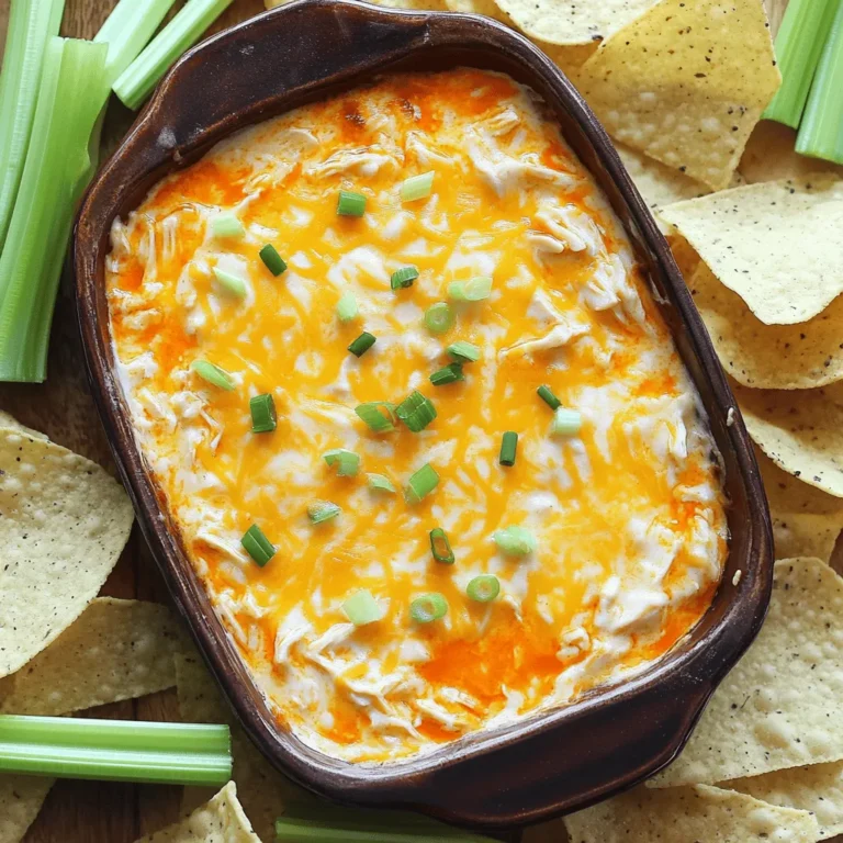 To make creamy buffalo chicken dip, you will need: - 2 cups cooked chicken, shredded - 1 package (8 oz) cream cheese, softened - 1/2 cup Greek yogurt - 1/2 cup Buffalo sauce - 1 cup shredded sharp cheddar cheese - 1/2 cup crumbled blue cheese (optional) - 1/4 cup green onions, finely chopped - Salt and black pepper, to taste - Tortilla chips or celery sticks for serving To take your dip to the next level, you can add: - Extra Buffalo sauce for more heat - More green onions for a fresh taste - Diced jalapeños for added spice - Garlic powder or onion powder for depth You can easily tweak this recipe to fit your needs: - Use rotisserie chicken for quick preparation. - Swap Greek yogurt for sour cream if you prefer. - For a dairy-free option, try vegan cream cheese and cheese. - Use plant-based chicken substitutes for a vegetarian version. These choices help you create a dip that suits your tastes and dietary needs. Enjoy experimenting with your buffalo chicken dip! To start, gather your ingredients. You need cooked chicken, cream cheese, Greek yogurt, and Buffalo sauce. Add shredded cheddar cheese, crumbled blue cheese, and green onions. Don't forget salt and pepper for taste. 1. In a big bowl, mix the cream cheese and Greek yogurt. Use a hand mixer or spatula. Blend until it’s smooth, with no lumps. 2. Next, fold in the shredded chicken and Buffalo sauce. Stir well. You want all the chicken coated in that spicy sauce. 3. Now, add the shredded cheddar, blue cheese, and half the green onions. Gently mix until everything is combined. 4. Taste your dip and season with salt and pepper. If you want more heat, splash in some extra Buffalo sauce. 1. Preheat your oven to 350°F (175°C). 2. Transfer your dip to a greased baking dish. Spread it out evenly. 3. For extra cheese, sprinkle some more cheddar on top. 4. Bake for 20-25 minutes. Look for bubbling dip and a golden brown top. Once baked, take the dip out and let it cool for a few minutes. This helps it set. Before serving, sprinkle the rest of the green onions on top for color. Serve the dip warm. Pair it with crunchy tortilla chips or fresh celery sticks. Enjoy the creamy, spicy goodness! To get a creamy dip, start with softened cream cheese. It blends better. I mix it with Greek yogurt for extra creaminess. Use a hand mixer or spatula to make sure there are no lumps. After that, fold in your chicken and sauce gently. This keeps the texture smooth. Want more spice? Add more Buffalo sauce. You can start with half a cup and taste it. If you like it mild, use less sauce. You can also add crumbled blue cheese for a rich flavor without too much heat. You can make this dip ahead of time! Just store it in the fridge after mixing. When you are ready, bake it straight from the fridge. If it seems thick, add a little cream or yogurt before heating. Bake until bubbling and golden. Enjoy it warm with chips or celery sticks! {{image_4}} To make a vegetarian version of Buffalo chicken dip, swap the chicken for a mix of beans. Use black beans or chickpeas for a hearty texture. This change adds protein while keeping the dip creamy. You can also add diced vegetables like bell peppers or carrots for extra crunch. The key is to maintain that creamy base with cream cheese and Greek yogurt. You can still use Buffalo sauce to give it that spicy kick. If you love heat, consider adding diced jalapeños or a dash of hot sauce. This gives the dip an extra kick. You can also mix in some smoked paprika for a different flavor. For a smoky taste, try using smoked cheddar cheese. You can play around with different cheese types. Pepper jack cheese adds a creamy and spicy twist. Adjust the heat level based on your preference, and enjoy the explosion of flavors! This dip fits many events. For game day, serve it warm with tortilla chips. For a party, you might want to use veggie sticks like celery or carrots for a healthy option. You can even serve it in a bread bowl for a fun twist. If it’s a more casual setting, try serving it on a charcuterie board with various dips. This dip is sure to please everyone, regardless of the occasion! To store leftover dip, let it cool to room temp. Then, transfer it to an airtight container. Make sure to press a piece of plastic wrap against the dip's surface before sealing. This helps keep it fresh and prevents it from drying out. Store it in the fridge for up to three days. If you want to freeze the dip, first cool it completely. Place it in a freezer-safe container, leaving some space for expansion. You can also use freezer bags for easy storage. Remove as much air as possible before sealing. The dip can last up to three months in the freezer. When you're ready to eat it, thaw it in the fridge overnight. The dip stays fresh in the fridge for about three days. For the best taste, eat it within that time. If you freeze it, aim to use it within three months. Always check for changes in smell or texture before enjoying. Reheat the dip in the oven or microwave until it’s hot and bubbly. Enjoy your creamy buffalo chicken dip anytime! The best way to serve this dip is warm. Serve it in a bowl with some chips or veggie sticks. Tortilla chips are crunchy and great for scooping. Crisp celery sticks add a fresh crunch. You can also use carrot sticks or bell pepper slices. For a fun twist, try serving it in a bread bowl! Yes, you can absolutely make this dip in a slow cooker! Start by mixing all the ingredients in the slow cooker. Set it on low for about 2-3 hours. Stir occasionally to keep the dip creamy. This method is great for parties, as it keeps the dip warm for longer. Many foods pair well with Buffalo chicken dip. Here are some tasty options: - Tortilla chips - Celery sticks - Carrot sticks - Pita chips - Crackers - Sliced bell peppers Each of these options adds a nice crunch and balances the dip's creaminess. To make this dip healthier, try these swaps: - Use low-fat cream cheese instead of regular cream cheese. - Substitute Greek yogurt for sour cream. - Add more veggies like chopped spinach or bell peppers for extra fiber. - Use less cheese or choose low-fat cheese. These changes still keep the dip creamy and tasty while cutting down on calories. This blog post covered everything you need to make creamy Buffalo chicken dip. We explored the right ingredients and how to prepare them. You learned step-by-step baking instructions and serving ideas. We discussed tips for perfect texture, heat adjustments, and even make-ahead tricks. You can try variations for any occasion and store leftovers properly too. Now, you can enjoy this tasty dip anytime, knowing how to enhance its flavor and make it fit your needs. Embrace your new skills and share this fun dish with others!
