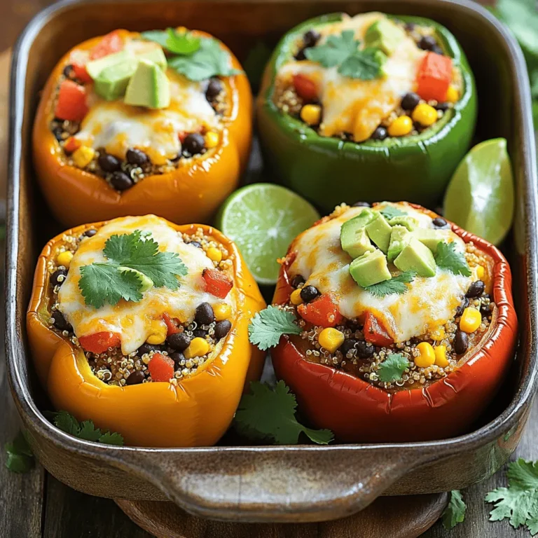 - 4 large bell peppers (any color of your choice) - 1 cup quinoa - 2 cups vegetable broth - 1 can (15 oz) black beans - 1 cup corn - 1 cup diced tomatoes - 1 teaspoon ground cumin - 1 teaspoon chili powder - 1/2 teaspoon smoked paprika - Salt and pepper, to taste - 1 cup shredded cheddar cheese (or dairy-free alternative) - Fresh cilantro, chopped - 1 ripe avocado, diced - Lime wedges The main ingredients for this dish create a wonderful mix of flavors. You can pick any color of bell pepper. I love using red or yellow for added sweetness. Quinoa is a great choice because it is high in protein and gluten-free. The black beans add fiber and heartiness. Corn brings a nice crunch, while diced tomatoes add moisture. For seasonings, I enjoy using cumin and chili powder. They give the dish its Tex Mex flair. Smoked paprika adds a hint of smokiness that elevates the taste. Don't forget to season with salt and pepper to bring out all the flavors! For toppings, I like to use shredded cheddar cheese. It melts beautifully and adds creaminess. Fresh cilantro gives a bright note, and avocado adds creaminess too. Lime wedges are perfect for a zesty finish. - Preheat the oven to 375°F (190°C). - Slice the tops off of each bell pepper and remove the seeds. - Bring vegetable broth to a boil. - Add rinsed quinoa and simmer for about 15 minutes. - Combine cooked quinoa with black beans, corn, diced tomatoes, and spices. - Mix in half of the shredded cheese until well combined. - Spoon the filling into each pepper and pack it gently. - Top with the remaining cheese for a nice crust. - Cover the baking dish with foil and bake for 25 minutes. - Remove the foil and bake for an additional 10-15 minutes. - Garnish with fresh cilantro for a pop of color. - Serve with diced avocado and lime wedges for added flavor. - Make sure your quinoa is cooked well. It should be fluffy and tender. - Fresh spices bring the best flavor. Use them for a tasty dish. - Marinating the peppers can add depth. This step helps the flavors blend. - Try different cheese types. Each cheese adds its own unique taste. - Use a colorful platter to show off your stuffed peppers. It makes them pop! - Place lime wedges around the dish. This adds color and freshness. {{image_4}} For a meat-free meal, you can easily adapt this recipe. - Use plant-based cheese alternatives to keep it vegan. - Add more vegetables like zucchini or mushrooms for extra flavor and texture. These changes keep the meal hearty and satisfying, while also being kinder to the planet. If you want to add more protein, think about different meats. - Incorporate ground turkey or chicken into the filling for a heartier dish. - Diced tofu is another great option for a protein boost without meat. These options make the dish even more filling and delicious. Adjusting spice levels can help you match your taste. - You can increase the spices for more heat, like adding extra chili powder. - Include diced jalapeños for an extra kick if you love spice. These tweaks allow you to customize the heat to your liking, making every bite enjoyable. Store leftovers in an airtight container. Consume within 3-4 days to ensure freshness. You can freeze stuffed peppers before baking for easy meal prep. Use freezer-safe containers or bags to keep them safe. To reheat, you can bake or microwave the peppers. Add a splash of broth for moisture when reheating. This keeps them tasty and prevents dryness. Yes, any bell pepper or even poblano peppers can work. Bell peppers are sweet and colorful. Poblano peppers offer a mild heat and great flavor. You can mix and match to suit your taste. Add diced jalapeños or increase chili powder. If you love heat, try fresh jalapeños in the filling. You can also sprinkle some crushed red pepper on top before baking. Adjust to make it as spicy as you like! Yes, you can prepare and store uncooked peppers in the fridge or freezer. Just stuff the peppers and cover them tightly. They stay fresh and ready to bake when you need a quick meal. Consider serving with a side salad, rice, or tortilla chips. A fresh salad complements the rich flavors well. Rice or chips add a nice crunch and balance to the meal. Bake at 375°F for 10-15 minutes longer than the original time. Frozen peppers need more time to heat through. Keep an eye on them until they are soft and the cheese is bubbly. In this post, we covered a delicious recipe for Tex Mex Stuffed Peppers. You learned about the main ingredients, seasonings, and method. I shared tips to enhance flavor and how to store leftovers too. These stuffed peppers are easy to make and full of taste. Feel free to customize with your favorite ingredients. Enjoy making this dish, and impress your friends and family with your cooking skills!