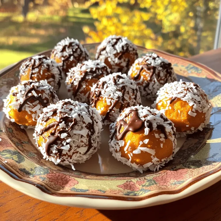 For these No-Bake Chocolate Coconut Pumpkin Truffles, you will need: - 1 cup canned pumpkin puree - 1 cup almond flour - 1/2 cup unsweetened shredded coconut, plus extra for rolling - 1/2 cup pure maple syrup - 1/4 cup unsweetened cocoa powder - 1 teaspoon pure vanilla extract - 1/2 teaspoon ground cinnamon - 1/4 teaspoon ground nutmeg - A pinch of sea salt Each truffle has about 100 calories. They have 3 grams of protein and 5 grams of fat. Carbs are around 13 grams, with about 2 grams of fiber. These truffles have no added sugars. The natural sweetness comes from maple syrup and pumpkin. These truffles offer many health benefits: - Pumpkin puree is rich in vitamins A and C. It can boost your immune system. - Coconut provides healthy fats. It can help your heart health. - Almond flour is low in carbs. It’s a good choice for gluten-free diets. - Maple syrup has antioxidants. It may help lower blood pressure. - Cinnamon can regulate blood sugar levels. It adds nice flavor too. These truffles not only taste amazing but also help keep you healthy! Start by grabbing a large mixing bowl. Add 1 cup of canned pumpkin puree. Next, pour in 1 cup of almond flour. Then add 1/2 cup of unsweetened shredded coconut. After that, mix in 1/2 cup of pure maple syrup. Now, it's time for 1/4 cup of unsweetened cocoa powder. Don’t forget 1 teaspoon of pure vanilla extract. Add 1/2 teaspoon of ground cinnamon and 1/4 teaspoon of ground nutmeg. Finally, sprinkle in a pinch of sea salt. Use a spatula or your hands to mix everything well. You want a smooth, cohesive dough. Take a moment to taste the dough. If you want it sweeter, stir in a little more maple syrup. Cover the bowl with plastic wrap. Place the bowl in the refrigerator for about 30 minutes. This step helps the mixture firm up. A firmer mixture makes it easier to shape into truffles. After 30 minutes, take the mixture out of the fridge. Use a tablespoon or cookie scoop to portion out the mixture. Aim for about 1 inch in diameter for each truffle. Roll each portion into a smooth ball. Now, roll each ball in the extra shredded coconut. This gives the truffles a nice texture. Place the coconut-coated truffles on a baking sheet lined with parchment paper. Return the tray to the refrigerator. Let the truffles set for at least one hour. To make your truffles just right, taste the mixture before rolling. If you want more sweetness, add a bit of maple syrup. This can bring out the pumpkin flavor more. Try adding a pinch of salt to balance the sweetness. A little sea salt can enhance the taste. Present your truffles in fun paper cups for a festive look. Arrange them on a pretty plate for a nice touch. For extra flair, drizzle melted dark chocolate on top. This adds a visual pop and a rich taste. You can also sprinkle extra shredded coconut over them for texture. Use a tablespoon or cookie scoop to make rolling easier. This helps ensure each truffle is the same size. Keep your hands damp while rolling to avoid sticking. A baking sheet lined with parchment paper makes clean-up a breeze. Having these tools ready can speed up your process. {{image_4}} You can easily switch up the flavor of your truffles. For a richer taste, add more cocoa powder. If you love spices, try adding ginger or cardamom. These spices give a warm kick. You might even mix in some orange zest for a bright twist. This will enhance the pumpkin flavor and add freshness. Feel free to play with the ingredients. If you don’t have almond flour, use oat flour instead. You can substitute maple syrup with honey or agave syrup. This keeps the sweetness but changes the flavor a bit. For a nut-free version, try sunflower seed flour. It works well and adds its own unique taste. These truffles can fit many diets. They are already gluten-free, which is great. To make them vegan, stick with maple syrup as your sweetener. Ensure your cocoa powder is dairy-free too. If you want to cut sugar, use a sugar substitute like stevia. Just be sure to check the conversion ratio for sweetness. This way, everyone can enjoy these tasty treats! Storing your No-Bake Chocolate Coconut Pumpkin Truffles in the fridge is easy. Place them in an airtight container. This keeps them fresh and prevents them from drying out. You can store them for up to one week. When you want a tasty treat, just grab one when you feel like it. If you want to keep your truffles longer, freezing is a great option. To do this, first let the truffles set. Then, place them in a single layer on a baking sheet. Freeze them for about two hours. Once they are hard, transfer them to a freezer-safe bag. This way, they can last for up to three months. When you want to eat one, let it thaw in the fridge overnight. These truffles stay fresh for a while, but some tips help. Always check for any signs of spoilage, like mold or an off smell. If they look good and smell fine, they should be safe to eat. Enjoying them within a week ensures you taste all the lovely flavors. Yes, you can use other nut flours. Almond flour works well, but you can try cashew or hazelnut flour too. Each type adds its own flavor. Just keep in mind that the texture may change slightly. These truffles stay fresh for up to one week in the fridge. Store them in a sealed container to keep them safe from air and moisture. If you want them to last longer, freezing is a great option. Absolutely! You can make these truffles a few days in advance. Just follow the recipe steps, then store them in the fridge. They taste even better after chilling for a while! In this post, we covered how to make delicious truffles using simple ingredients. I explained the steps for mixing, chilling, and forming the truffles. You learned tips for flavor adjustments and creative presentations. We also explored variations and storage methods to keep your truffles fresh. Try these recipes to impress friends or enjoy a sweet treat. With some fun twists, you can make them your own. Enjoy making and sharing your tasty truffles!