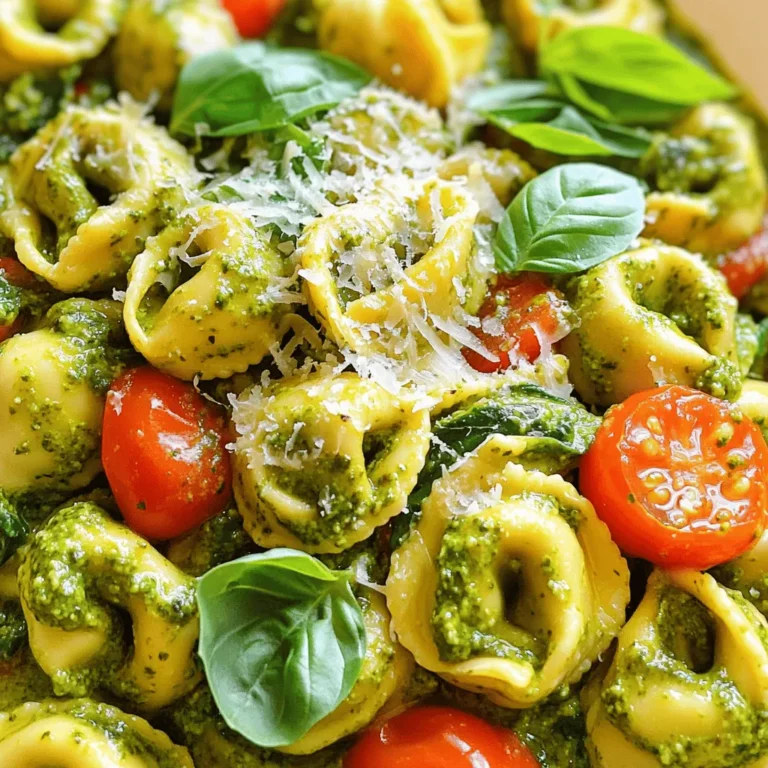 - 12 ounces cheese tortellini (fresh or frozen) - 1 cup heavy cream - 1/2 cup pesto sauce (store-bought or homemade) - 1 cup cherry tomatoes, halved - 1 cup baby spinach - 2 cloves garlic, minced - 1/4 cup freshly grated Parmesan cheese - 2 tablespoons extra virgin olive oil - Salt and freshly ground black pepper to taste - Fresh basil leaves for garnish This creamy pesto tortellini dish is pure comfort food. You will love how easy it is to make. Each ingredient plays a vital role in the taste and texture. First, the cheese tortellini is the star. It adds a rich, cheesy flavor and a soft bite. Next, the heavy cream makes the sauce smooth and luscious. This creamy base is perfect for the vibrant pesto. The pesto brings fresh herbs and a hint of garlic. Then come the vegetables. Cherry tomatoes add a burst of sweetness. Baby spinach brings a mild flavor and extra color. The garlic gives a warm and aromatic touch. Always use fresh garlic for the best taste. Finally, we have the seasonings. Parmesan cheese adds depth and a salty kick. Extra virgin olive oil enhances the flavor profile. Salt and black pepper tie all the ingredients together. Don't forget the fresh basil leaves for garnish. They add a pop of color and a fragrant finish. Each ingredient creates a warm, delicious, and inviting dish. To cook the tortellini, start by filling a large pot with water. Add a generous amount of salt. Bring the water to a rolling boil. This step is crucial for good flavor. Once boiling, add 12 ounces of cheese tortellini. Cook fresh tortellini for about 3-5 minutes, or longer if they are frozen. After cooking, drain the tortellini but keep about half a cup of pasta water. Next, make the creamy sauce. Heat a large skillet over medium heat. Pour in 2 tablespoons of extra virgin olive oil. Once the oil is hot, add 2 cloves of minced garlic. Sauté the garlic for 1-2 minutes. Stir often to keep it from browning. When the garlic is fragrant, slowly pour in 1 cup of heavy cream. Stir as you pour to mix well. Let the mixture simmer gently. This helps the flavors blend nicely. After a minute, add 1/2 cup of pesto sauce. Stir it in and let the sauce simmer for 2-3 minutes. If it gets too thick, add a splash of reserved pasta water. Now, it's time to combine everything. Add the cooked tortellini to the skillet. Toss in 1 cup of halved cherry tomatoes and 1 cup of baby spinach. Gently mix all the ingredients together. Cook for another 2-3 minutes. This allows the spinach to wilt and everything to heat up. Lastly, sprinkle in 1/4 cup of freshly grated Parmesan cheese. Stir until the cheese melts into the sauce. Season with salt and freshly ground black pepper to taste. Adjust to your liking. Now, your creamy pesto tortellini is ready to serve! To make the sauce just right, you can adjust the thickness with pasta water. After cooking the tortellini, save some of that water. If your sauce feels thick, add a splash of this water. It will help the sauce cling better to the tortellini. To enhance flavor, try adding more garlic or a pinch of red pepper flakes. You can also mix in a bit of lemon juice for a fresh twist. This adds brightness to the rich creamy pesto. For fresh tortellini, boil salted water, then cook for about 3-5 minutes. They cook fast! If you use frozen tortellini, they may take a bit longer, about 5-7 minutes. Always check the package for specific times. Both types will taste great in this dish. When plating, use shallow bowls. This makes the dish look fancy. Drizzle a little extra pesto on top for color. You can also sprinkle more Parmesan cheese for added flavor. For garnishing, fresh basil leaves work well. They add a nice pop of green and enhance the dish's taste. Enjoy this creamy pesto tortellini with family and friends! {{image_4}} You can switch up the tortellini for fun. Try different kinds like spinach or mushroom tortellini. These options add new flavors and colors to your dish. For the cream, you can use half-and-half or even plant-based milk. This change can make your meal lighter or fit dietary needs. Want to add more veggies? Toss in bell peppers, zucchini, or peas. These will bring extra crunch and flavor. You can also add protein. Grilled chicken or shrimp works well. If you want plant-based protein, try chickpeas or tofu. These options make your meal heartier and more filling. Pesto comes in many flavors. You can use sun-dried tomato pesto for a tangy twist. Or try a spicy arugula pesto for heat. For extra depth, add spices like red pepper flakes or fresh herbs like thyme or oregano. These small changes can make your creamy pesto tortellini a unique delight every time you cook it. To keep your creamy pesto tortellini fresh, place leftovers in the fridge. Use an airtight container to avoid air exposure. This helps maintain taste and texture. You can store it for up to three days. Always let the dish cool to room temperature before sealing the container. When it’s time to enjoy leftovers, you want them warm but not dry. The best way to reheat tortellini is on the stove. Use a non-stick skillet over medium heat. Add a splash of water or cream to keep it moist. Stir occasionally until heated through, about 5-7 minutes. You can also use a microwave; just cover it and heat in short bursts, stirring in between. If you want to save some creamy pesto tortellini for later, freezing is a great choice. Allow the dish to cool completely, then portion it into freezer-safe bags or containers. Remove as much air as possible to prevent freezer burn. It can last up to three months in the freezer. To thaw, move it to the fridge overnight. For a quicker option, use the microwave on low power, stirring often. Always reheat thoroughly before serving. Yes, you can use homemade pesto. Homemade pesto has bright flavors and fresher taste. You can adjust the ingredients to your liking. You can add nuts or extra cheese for texture. Store-bought pesto saves time but may lack some freshness. If you have the time, I recommend making your own. Yes, creamy pesto tortellini is great for meal prep. You can cook the tortellini and sauce in advance. Store them in separate containers. This keeps the tortellini from getting soggy. Reheat the dish gently in a skillet with a splash of water. This method helps maintain the creamy texture. You can serve creamy pesto tortellini with various sides. Here are some suggestions: - Garlic bread for a crunchy texture - A fresh salad with mixed greens - Roasted vegetables for added flavor - Grilled chicken or shrimp for protein These pairings enhance the meal and make it more filling. Enjoy mixing flavors to create a delightful dinner! This blog post covered how to make creamy pesto tortellini, highlighting key ingredients and steps. You learned about the main components, like cheese tortellini and heavy cream, alongside vegetables and seasonings. I shared important tips for perfecting your sauce and enhancing flavors. We also explored variations to make the dish your own. Lastly, I provided storage info and answered common questions. Enjoy cooking this delicious meal, and feel free to experiment. Your kitchen adventure can lead to new favorites!