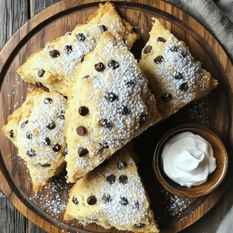 - 2 cups all-purpose flour - 1/4 cup granulated sugar - 1 tablespoon baking powder - 1/2 teaspoon salt - 1/2 cup unsalted butter, cold and cut into small cubes - 3/4 cup heavy cream - 1 teaspoon pure vanilla extract - 1 cup semi-sweet chocolate chips - 1 large egg (for egg wash) - Coarse sugar, for sprinkling on top Using high-quality chocolate chips makes a big difference. I love semi-sweet chips for their perfect sweetness. You can swap them for dark chocolate if you prefer more cocoa flavor. If you want to cut down on calories, try using half butter and half Greek yogurt. For a dairy-free option, use coconut cream instead of heavy cream. Make sure your butter is cold for the best texture. Proper measuring is key for great scones. Use a dry measuring cup for flour. Spoon flour into the cup and level it off with a knife. Avoid packing it down. For sugar, use the same method. When measuring butter, cold cubes help keep the scones flaky. If you have a kitchen scale, it's best to weigh flour for accuracy. 2 cups of flour is about 240 grams. Accurate measurements lead to perfect scones! Start by preheating your oven to 400°F (200°C). This heat ensures your scones bake evenly. Line a baking sheet with parchment paper. This will help with cleanup and keep the scones from sticking. In a big mixing bowl, whisk together the dry ingredients. Combine 2 cups of all-purpose flour, 1/4 cup of granulated sugar, 1 tablespoon of baking powder, and 1/2 teaspoon of salt. Make sure there are no lumps. This mix is the base for your scones. Now, add 1/2 cup of cold, cubed unsalted butter to the dry mix. Use a pastry cutter or your fingertips to work the butter in. Aim for a texture like coarse crumbs with small bits of butter. Next, pour in 3/4 cup of heavy cream and add 1 teaspoon of pure vanilla extract. Stir gently just until the dough comes together. Don’t overmix; this keeps your scones light and fluffy. Carefully fold in 1 cup of semi-sweet chocolate chips. Make sure they are evenly distributed. Be gentle to avoid overworking the dough. This step adds the sweet chocolate flavor that makes these scones special. Transfer the dough to a floured surface. Knead it gently a few times until it forms a round ball. Pat it down into a circle that is about 1 inch thick. Use a sharp knife or pizza cutter to slice the circle into 8 equal wedges. Place the wedges on your prepared baking sheet, leaving space in between. In a small bowl, beat 1 large egg until smooth. Brush this egg wash over the tops of the scones. This will help them turn a beautiful golden brown. Sprinkle coarse sugar on top for a nice crunch. Bake the scones in your preheated oven for 15-20 minutes. They are done when they are lightly golden and a toothpick comes out clean from the center. Enjoy the warm, fresh aroma filling your kitchen! To get that bakery-style texture, you need cold butter. Cut the butter into small cubes and keep it cold. This helps create flaky layers. When mixing, stop as soon as the dough comes together. Overmixing can lead to tough scones. Aim for a dough that feels soft yet holds its shape. Many home cooks make the mistake of using warm butter. This makes the scones dense instead of light. Another error is not measuring flour correctly. Too much flour can ruin the texture. Also, avoid skipping the egg wash. It gives the scones a nice golden color and shine. Serve these scones warm for the best taste. Pair them with whipped cream or clotted cream. You can also add fresh berries for a burst of flavor. For a fun twist, try a drizzle of honey or chocolate sauce. Display them on an elegant platter to impress your guests. {{image_4}} You can easily change up your scones by adding nuts or dried fruits. Try mixing in 1/2 cup of chopped walnuts, pecans, or almonds for a crunchy twist. Dried fruit like cranberries or raisins can add a sweet touch. Just make sure to keep the total amount of add-ins around 1 cup. This way, the scones stay light and fluffy. To make gluten-free scones, swap the all-purpose flour for a gluten-free blend. Also, check that your baking powder is gluten-free. For a vegan version, use plant-based butter instead of unsalted butter and replace the heavy cream with coconut cream. You can skip the egg wash or use a plant-based milk for a golden finish. This keeps your scones soft and tasty! Adding zest or spices can elevate your scones. A tablespoon of orange or lemon zest adds a fresh flavor. You can also sprinkle in some cinnamon or nutmeg for warmth. These small changes can make your scones unique and exciting. Experiment with your favorite flavors to find what you enjoy most! To keep your scones fresh, store them in an airtight container. This helps prevent them from drying out. If you have leftovers, let them cool completely first. Line the container with parchment paper for added protection. You can keep them at room temperature for 1-2 days. For longer storage, use the freezer. To enjoy your scones warm, reheat them in the oven. Preheat the oven to 350°F (175°C). Place the scones on a baking sheet and warm them for about 5-10 minutes. This restores their texture and flavor. You can also microwave them for 10-15 seconds, but they may lose some crispness. For freezing, wrap each scone in plastic wrap. Place them in a freezer bag or container, removing as much air as possible. Label the bag with the date. You can freeze them for up to 3 months. To enjoy, thaw them in the fridge overnight. Then reheat as mentioned above for the best taste. You can tell scones are done when they turn golden brown. A toothpick inserted in the center should come out clean. This shows the inside is cooked. The edges should look firm, not wet. Yes, you can make the dough ahead of time. After mixing, wrap it tightly in plastic wrap. Chill it in the fridge for up to 24 hours. When you're ready, just cut and bake the scones as usual. Serve chocolate chip scones warm for the best taste. You can add whipped cream or clotted cream on the side. Fresh berries also make a lovely touch. Dust them lightly with powdered sugar for extra charm. Dense scones often come from overmixing the dough. Mixing too much develops gluten, making them heavy. Always mix just until combined and avoid working the dough too much. Using cold butter helps keep them light and fluffy. Yes, you can use other types of flour. Whole wheat flour adds a nutty flavor but may make scones denser. Almond flour is gluten-free but will change the texture. Experiment with a blend to find what you like best. This blog post covered everything you need to know about making delicious chocolate chip scones. We discussed essential ingredients, tips for measuring, and step-by-step instructions. You learned how to avoid common mistakes and explored fun variations to try. Plus, we shared storage tips to keep your treats fresh. Now it’s your turn to bake. Follow the steps, trust your skills, and enjoy your scones!