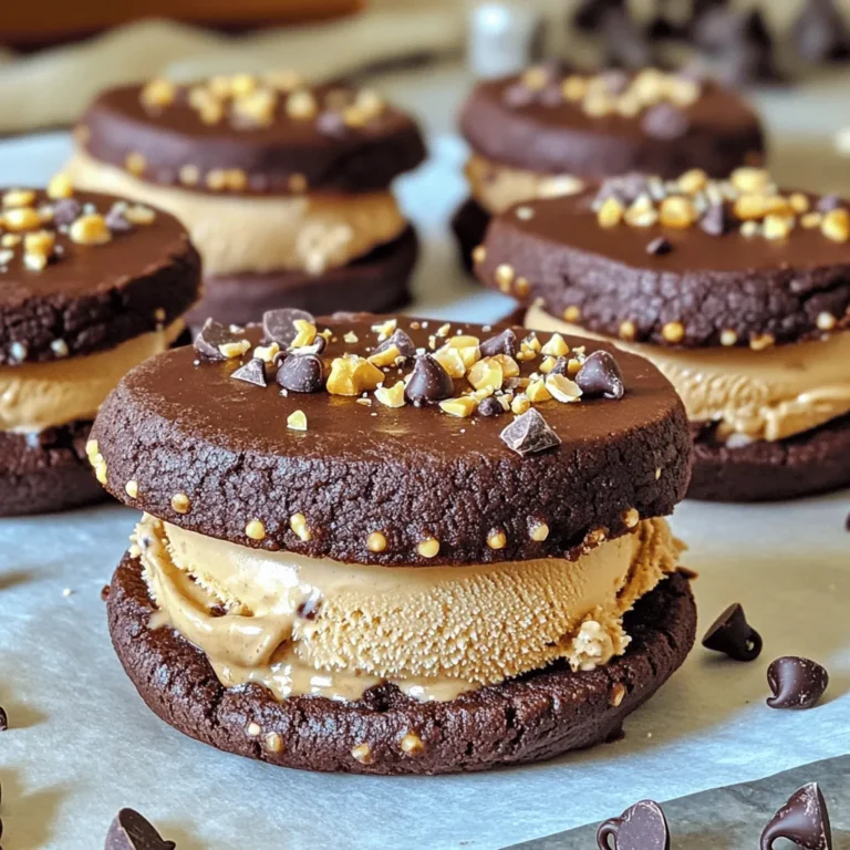 To make these tasty mocha chip ice cream sandwiches, you will need the following ingredients: - 1 cup all-purpose flour - 1/2 cup unsweetened cocoa powder - 1/2 teaspoon baking soda - 1/4 teaspoon salt - 1/2 cup unsalted butter, softened - 1/2 cup packed brown sugar - 1/4 cup granulated sugar - 1 large egg - 1 teaspoon pure vanilla extract - 1 cup semi-sweet chocolate chips - 2 cups coffee ice cream - Optional toppings: 1/2 cup chopped nuts or chocolate sprinkles These ingredients come together to create a rich and tasty treat. The cocoa powder gives the cookies a deep chocolate flavor. The coffee ice cream adds a lovely coffee kick. You can even switch up the ice cream for fun! Try vanilla or any flavor you enjoy. Don't forget the optional toppings for added crunch. Each bite will be a delightful mix of textures and flavors. 1. Preheat your oven to 350°F (175°C). This step is key for the right texture. 2. Line a baking sheet with parchment paper. This helps cookies not to stick. 3. In a bowl, mix 1 cup of flour, 1/2 cup cocoa powder, 1/2 teaspoon baking soda, and 1/4 teaspoon salt. Whisk these dry ingredients well. 4. In a larger bowl, cream together 1/2 cup softened butter, 1/2 cup brown sugar, and 1/4 cup granulated sugar for 2-3 minutes. The mix should be creamy. 5. Add in 1 large egg and 1 teaspoon vanilla extract. Mix until everything looks smooth. 6. Gradually add the dry mix to the wet mix. Stir gently until just combined. 7. Fold in 1 cup of chocolate chips for that rich flavor. 8. Scoop out tablespoon-sized dough and place them on the baking sheet. Space them 2 inches apart to allow for spreading. 9. Bake for 10-12 minutes. The edges should be crisp, while the centers stay soft. 10. Let the cookies rest on the baking sheet for 5 minutes. This helps them firm up. 11. Move the cookies to a wire rack to cool completely. This step is important for the perfect texture. 12. For assembly, take one cookie and add a scoop of 2 cups coffee ice cream on top. Place another cookie on top and press gently. 13. For a fun touch, roll the edges in 1/2 cup chopped nuts or chocolate sprinkles. This adds crunch and looks great. To make the best mocha chip cookies, avoid overmixing the dough. When you mix the flour with the wet ingredients, do it gently. This keeps the cookies soft and chewy. Mix until just combined; some flour bits are okay. For baking, keep an eye on the time. Bake the cookies for 10-12 minutes. The edges should be crisp, and the centers should stay soft. Remove them from the oven when they look slightly underbaked. They will firm up as they cool. You can have fun with flavor variations. Try using different ice cream flavors, like vanilla, chocolate, or even mint! Each choice adds a new twist to your sandwich. For mix-ins, consider adding chopped nuts or drizzling caramel inside. You can even roll the edges in chocolate sprinkles for some crunch. Mixing these elements gives your sandwiches a personal touch that everyone will love. {{image_4}} You can switch up the flavor by using different ice cream. Try vanilla for a classic touch. Chocolate ice cream adds even more richness. For a fruity twist, opt for strawberry or mint chocolate chip. Each choice brings a unique taste to your sandwich. Also, think about the chocolate chips. You can use dark chocolate for a bolder flavor. White chocolate chips add a sweet contrast. If you're feeling adventurous, try flavored chips like mint or peanut butter. Each combination creates a new experience with every bite. If you need gluten-free options, use a gluten-free flour blend. This swap keeps the cookie texture nice and soft without gluten. You might also want to check that your chocolate chips are gluten-free. Many brands offer tasty options. For those looking for vegan choices, replace the butter with a plant-based alternative. Use a flax egg instead of the large egg. Simply mix one tablespoon of ground flaxseed with three tablespoons of water. Let it sit for a few minutes. This mix works well in place of an egg. You can also find dairy-free ice cream. Many brands offer delicious flavors made from coconut or almond milk. This choice keeps your mocha chip ice cream sandwiches tasty and friendly for everyone! To keep your mocha chip ice cream sandwiches fresh, follow these tips: - Refrigeration tips: Store the sandwiches in an airtight container. This keeps the cookies soft and the ice cream firm. They can stay in the fridge for up to three days. - Freezing for longer shelf life: For longer storage, wrap each sandwich in plastic wrap and place them in a freezer-safe bag. They can last for about two months in the freezer. This method keeps the flavors intact and prevents freezer burn. - How to thaw before serving: For the best taste, take the sandwiches out of the freezer about 10 minutes before serving. This allows the ice cream to soften slightly, making them easier to bite into. - Reheating options for a fresh-tasting treat: If you prefer a warm treat, heat the cookies briefly in the microwave for 10-15 seconds. This gives the sandwich a fresh-baked taste while keeping the ice cream cool. To make mocha chip ice cream sandwiches, first gather your ingredients. You will need flour, cocoa powder, baking soda, salt, butter, sugars, an egg, vanilla, chocolate chips, and coffee ice cream. Start by preheating your oven to 350°F. Mix the dry ingredients in one bowl. In another bowl, cream the butter and sugars together. Add the egg and vanilla, then mix well. Combine the wet and dry ingredients, then fold in the chocolate chips. Scoop the dough onto a lined baking sheet. Bake for 10-12 minutes and cool. Once cool, scoop the coffee ice cream between two cookies to assemble. Yes, you can use other cookies for ice cream sandwiches. Chocolate chip, peanut butter, or oatmeal cookies work well. Just ensure the cookies are sturdy enough to hold the ice cream. Soft cookies may fall apart. You can also try different flavors to match your ice cream choice. You can find pre-made mocha chip ice cream sandwiches at most grocery stores. Check the ice cream aisle or frozen dessert section. Some local ice cream shops may also offer them. Look for brands that focus on quality ingredients for the best taste. You can store homemade ice cream sandwiches in the freezer for up to two weeks. Wrap each sandwich in plastic wrap or foil to prevent freezer burn. For best results, place them in an airtight container. This keeps them fresh and ready for your next craving. You now have a guide for making delicious mocha chip ice cream sandwiches. Start with simple ingredients like flour, cocoa, butter, and chocolate chips. Follow the steps for making the cookie dough, baking, and cooling your cookies. Remember, you can customize flavors and use gluten-free or vegan options. Store your treats properly for the best taste. Enjoy sharing these fun desserts with friends and family. Get creative, and savor every bite!