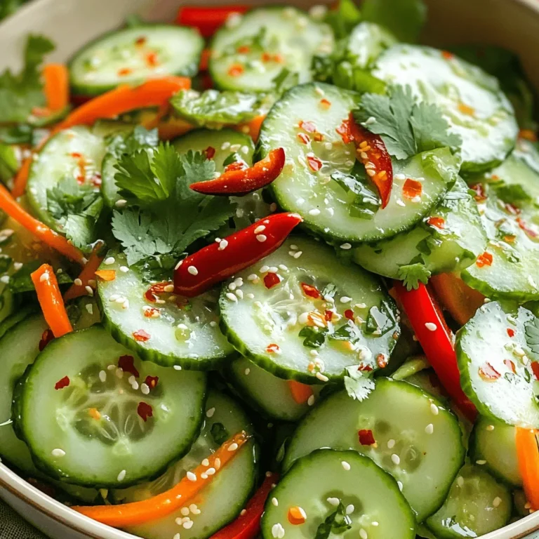- 2 large cucumbers, thinly sliced - 1 red bell pepper, julienned - 1 medium carrot, julienned - 1/4 cup red onion, finely sliced - 1/4 cup fresh cilantro, roughly chopped - 1 tablespoon chili flakes - 1 tablespoon sugar (preferably palm sugar) - 2 tablespoons fish sauce (or soy sauce) - 2 tablespoons freshly squeezed lime juice - 1 tablespoon toasted sesame oil - Salt, to taste - Large mixing bowl - Small mixing bowl for dressing - Spatula or tongs - Paper towels Gather your ingredients before you start. The freshness of the ingredients makes this salad pop. The cucumbers should be firm and crisp. Look for bright red bell peppers and vibrant carrots. Fresh cilantro adds a touch of green and flavor. For the dressing, you need chili flakes for heat and palm sugar for sweetness. Fish sauce gives depth, but soy sauce works too. Don't forget lime juice for that tangy kick. Toasted sesame oil adds richness. Using the right tools helps too. A large bowl lets you mix easily. A small bowl is perfect for whisking the dressing. Spatulas or tongs help when tossing everything together. Paper towels are handy for patting the cucumbers dry. Having everything ready makes cooking smooth and fun! - Start by slicing the cucumbers into thin rounds. - Sprinkle a bit of salt over them. - Let the cucumbers sit for about 10 minutes. - This helps draw out moisture. - After 10 minutes, pat the cucumbers dry with a paper towel. - In a large bowl, combine the dried cucumbers with the other veggies. - Add julienned red bell pepper and carrot. - Toss in the finely sliced red onion. - In a small bowl, whisk the dressing. - Mix chili flakes, sugar, fish sauce or soy sauce, lime juice, and sesame oil. - Pour the dressing over the vegetable mix. - Use a spatula or tongs to toss everything gently. - Ensure all veggies are coated with the dressing. - Sprinkle in the chopped cilantro. - Fold it in gently to keep the herbs fresh. - Let the salad sit for 5-10 minutes to meld the flavors. - Use more or less chili flakes to control heat. Start with one tablespoon, then taste. - For brightness, fresh lime juice works best. You can also try rice vinegar. - Serve the salad in chilled glass bowls. This keeps it fresh and adds style. - Add extra cilantro leaves on top for color. You can also use thin chili slices. - Avoid over-salting the cucumbers. Too much salt makes the salad watery. - Feel free to swap veggies. Carrots and bell peppers add great color and crunch. {{image_4}} You can swap out veggies for variety. Try adding radishes or snap peas. They give a nice crunch. For a vegan dressing, use soy sauce instead of fish sauce. Coconut aminos also work well. Different areas in Thailand have their own cucumber salads. Some use fresh herbs like mint or basil. Others add peanuts or toasted sesame seeds for crunch. Each region brings its unique taste. This salad pairs well with grilled meats or seafood. It also complements spicy dishes nicely. Serving it with rice adds a filling touch. Consider serving it alongside spring rolls for a fun meal. To keep your Spicy Thai Cucumber Salad fresh, store it in the fridge. Use an airtight container. This will help lock in flavors and prevent moisture loss. The salad stays fresh for about 2-3 days. After this time, the veggies may lose their crunch. Freezing this salad is not recommended. However, you can freeze some components. For example, freeze the bell pepper and carrot before mixing. When ready to use, thaw them overnight in the fridge. Avoid reheating the salad as it can make it soggy. Instead, serve it cold, straight from the fridge. To prevent sogginess, salt the cucumbers before mixing them. This removes excess water. Dress the salad just before serving for the best taste. If you dress it too early, the veggies will release water and lose their crispness. Enjoy the vibrant flavors of this salad fresh! What does Spicy Thai Cucumber Salad taste like? This salad bursts with fresh flavors. The cucumbers are crisp and cool. The lime juice adds a bright tang. Fish sauce gives it a savory depth. Chili flakes bring heat, while sugar balances everything. How spicy is this salad on average? On average, this salad has a medium spice level. You can adjust the chili flakes to your taste. If you prefer milder, use less. For more heat, add extra chili flakes. Can I make this salad ahead of time? Yes, you can prepare this salad ahead. However, it's best eaten fresh. If storing, keep the dressing separate. Add it just before serving to maintain crispness. What are the nutritional benefits of the ingredients? Cucumbers are high in water and low in calories. They keep you hydrated. Bell peppers are rich in vitamins A and C. Carrots add fiber and antioxidants. Cilantro contains vitamins and has detox benefits. How many calories are in Spicy Thai Cucumber Salad? This salad has about 100 calories per serving. The calories may vary based on the dressing used. Using soy sauce instead of fish sauce can change the count slightly. What can I use instead of fish sauce? If you want a vegan option, use soy sauce. Tamari is a great gluten-free choice. You can also try coconut aminos for a sweeter flavor. Alternatives for sugar and their effects on flavor? You can use honey or agave as substitutes for sugar. Both will add sweetness. Maple syrup can also work but may change the taste slightly. Adjust the quantity to suit your preference. This article covered how to make a fresh and tasty Spicy Thai Cucumber Salad. We looked at the main ingredients, the dressing, and helpful kitchen tools. I shared easy steps for preparation and mixing, plus tips to enhance flavors and presentation. We discussed variations and how to store your salad for the best taste. I hope you feel ready to create your own vibrant salad. Enjoy every bite and have fun experimenting with flavors!