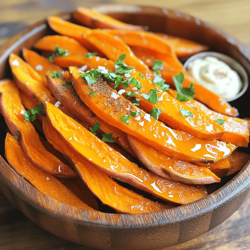 To make maple glazed sweet potato fries, you will need a few simple items. Here’s what you’ll gather: - Sweet potatoes - Olive oil - Pure maple syrup - Ground cinnamon - Garlic powder - Salt and black pepper - Fresh parsley These ingredients come together to create a sweet and savory treat. Sweet potatoes are packed with vitamins and give a great base. Olive oil helps them crisp up in the oven. Pure maple syrup adds a nice sweetness that pairs well with the spices. Ground cinnamon gives these fries a warm flavor. Garlic powder adds depth, while salt and black pepper enhance all the tastes. Finally, fresh parsley brings color and a fresh touch to the dish. You’ll see how these ingredients work together to create a delicious snack or side dish. Enjoy picking them out! First, set your oven to 425°F (220°C). This heat makes the fries crisp and tasty. While the oven warms, prepare your baking sheet. Line it with parchment paper. This helps with cleanup and keeps the fries from sticking. Next, take two large sweet potatoes. Peel them and cut them into thin fry shapes. The thinner the fries, the crispier they get. Place these cut fries into a large mixing bowl. In the bowl with the sweet potatoes, add three tablespoons of extra virgin olive oil. Then, pour in two tablespoons of pure maple syrup. Add one teaspoon of ground cinnamon and one teaspoon of garlic powder. Season with salt and freshly cracked black pepper. Use your hands to toss everything well. Ensure each fry gets a nice coating of the mix. Spread the fries evenly on the lined baking sheet. Make sure they don’t touch each other. This spacing is key for crispiness. Place the sheet in your preheated oven. Bake for 20-25 minutes. Halfway through, flip the fries with a spatula. This helps them brown evenly. Watch them closely, and take them out when they look golden brown and crispy. After baking, let the fries cool for a few minutes. Then, drizzle a little more maple syrup over them for extra sweetness. Lastly, sprinkle some finely chopped fresh parsley on top. This adds a nice color and a fresh taste. Enjoy your delicious maple glazed sweet potato fries! To get the crispiest fries, cut sweet potatoes thin. Aim for about 1/4 inch. Thin fries cook faster and turn crispy. Toss them well with oil and maple syrup. The oil helps them crisp up. Spread fries out in a single layer on the baking sheet. Crowding them will cause steaming, not crisping. Flip the fries halfway through baking for even browning. Add spices to boost flavor. Ground cinnamon gives a warm touch. Garlic powder adds a savory kick. You can also try smoked paprika for a smoky twist. For extra sweetness, drizzle more maple syrup after baking. Fresh parsley on top adds color and freshness. It makes the dish pop visually and tastefully. Don’t skip preheating the oven. A hot oven helps fries crisp up. Avoid cutting fries too thick. Thick fries take longer and may not cook evenly. Make sure to dry sweet potatoes after washing. Moisture can make fries soggy. Lastly, don’t rush the flipping. Wait until halfway through to flip them for best results. {{image_4}} You can change the flavor by using different spices. Try adding smoked paprika for a smoky taste. You can also use cayenne pepper for a spicy kick. Mix in some cumin for a warm, earthy flavor. Each spice gives a unique twist to your fries. For extra flavor, consider adding chopped nuts. Walnuts or pecans add crunch. You can also mix in some grated cheese. Feta or parmesan works well. Pair your fries with a yogurt dip or spicy aioli for a fun contrast. This makes every bite exciting. Want to make it healthier? Swap olive oil for avocado oil. It has a high smoke point and healthy fats. Use less maple syrup or a sugar-free syrup if you want fewer calories. You can also bake the fries without oil for a lighter option. This way, you can enjoy the fries without the guilt. After you enjoy your maple glazed sweet potato fries, store any leftovers in an airtight container. Let the fries cool down first. This helps keep them crispy when stored. Place them in the fridge, where they can last for up to three days. If you want to keep them longer, freezing is a great option. To bring back the crispy goodness, reheat the fries in the oven. Preheat your oven to 400°F (200°C). Spread the fries on a baking sheet in a single layer. Heat them for about 10-15 minutes. This method keeps them crispy. You can also use an air fryer if you have one. Just set it to 375°F (190°C) and cook for around 5-7 minutes. If you want to freeze your fries, start by cooling them completely. Spread the cooled fries on a baking sheet in a single layer. Place the sheet in the freezer for about 1-2 hours until they are firm. After that, transfer the fries to a freezer bag. Remove as much air as possible, and seal the bag. They can stay in the freezer for up to three months. When ready to eat, cook them straight from the freezer! Yes, you can use other potatoes. Regular potatoes work well too. Yukon Gold or red potatoes are great options. They will not have the same sweetness, but they will still taste good. You may need to adjust cooking times based on the type you choose. To add heat, try adding cayenne pepper or chili powder. A little goes a long way, so start small. You can also use a spicy dipping sauce. A sriracha mayo or spicy aioli adds a nice kick. These fries pair well with many dishes. Serve them with grilled chicken, burgers, or fish. They are also great with a fresh salad. For dipping, try ranch dressing or a yogurt dip for a cool contrast. The fries are done when they are crispy and golden brown. Baking takes about 20-25 minutes. Halfway through, flip them for even cooking. Keep an eye on them to prevent burning. Yes, sweet potato fries are often healthier. They have more vitamins and fiber than regular fries. They also have a lower glycemic index. This means they can help keep your blood sugar steady. This blog post covered how to make delicious maple glazed sweet potato fries. We discussed key ingredients, steps for prepping and baking, and tips for the best results. I shared ways to store leftovers and some common questions to help you. Remember, you can adjust flavors to your taste. Enjoy these fries as a healthy side or snack! Get creative with spices and pairings for added flavor. Cooking should be fun and rewarding. Happy frying!
