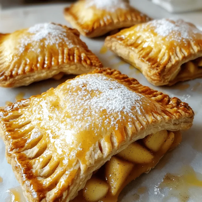 To make these tasty Air Fryer Apple Hand Pies, you need: - 2 medium apples (Granny Smith or Honeycrisp) - 1 tablespoon fresh lemon juice - 1 teaspoon ground cinnamon - 2 tablespoons packed brown sugar - 1 tablespoon cornstarch - 1 package (10 oz) refrigerated pie crusts - 1 large egg (for egg wash) - 1 tablespoon milk - Powdered sugar for dusting (optional) I recommend using Granny Smith or Honeycrisp apples for this recipe. - Granny Smith: These apples are tart and hold their shape well. - Honeycrisp: They are sweet and crisp, adding a nice balance to the filling. Both types of apples bring great flavor and texture to your hand pies. You can swap some ingredients if needed. Here are a few ideas: - Apples: Use Fuji or Gala apples for a sweeter taste. - Brown sugar: White sugar can replace brown sugar, but it will be less rich. - Cornstarch: Use flour as a thickener if you don’t have cornstarch. - Egg wash: Brush with milk or melted butter if you skip the egg. These swaps keep the recipe simple and still delicious! Start by peeling and dicing your apples. I like to use Granny Smith or Honeycrisp. They add a nice balance of sweet and tart. Place the diced apples in a bowl. Add one tablespoon of fresh lemon juice. Then sprinkle in one teaspoon of ground cinnamon and two tablespoons of packed brown sugar. Finally, add one tablespoon of cornstarch to help thicken the filling. Mix everything well until the apples are coated. Let it sit for about ten minutes. This waiting time helps the flavors blend better. Next, take out the refrigerated pie crusts. Dust your work surface lightly with flour. Unroll the pie crusts and roll them out a bit more if needed. Cut each crust into four equal squares. You will have eight squares in total. Now, spoon one to two tablespoons of apple filling onto the center of each square. Be careful not to overfill them! Fold two opposite corners of the square over the filling to form a triangle. Press the edges together to seal them tightly. For a fun touch, use a fork to crimp the edges. Now it’s time to cook! Preheat your air fryer to 350°F (175°C). While it heats, whisk together one large egg and one tablespoon of milk in a small bowl. This mix makes an egg wash. Brush the tops of each hand pie with the egg wash to give them a golden color while cooking. Place the hand pies in the air fryer basket in a single layer. Do not overcrowd the basket; you may need to cook in batches. Air fry them for about 10 to 12 minutes. Watch for a rich golden brown color and a flaky texture. Once done, carefully remove them using tongs or a spatula. Let them cool on a wire rack for a few minutes. If you want, dust them with powdered sugar for a sweet finish. Enjoy your tasty hand pies! To make your crust flaky, use cold ingredients. Cold pie crusts create steam when cooked. This steam helps the crust puff up. Roll out the crust on a floured surface. Keep the dough as thick as possible. Thin dough can burn and won't be as flaky. Use a fork to crimp the edges. This not only seals the pies but adds a nice touch. If your filling leaks, don’t worry! First, make sure you don’t overfill. Use just 1-2 tablespoons of filling. If it still leaks, you can patch it up. Use some extra dough to cover any gaps. You can also place baking paper under the pies while cooking. This helps catch any drips. When using the air fryer, preheat it to 350°F (175°C). This ensures even cooking. Arrange the pies in a single layer. Avoid crowding them together. If you have many, cook in batches. This helps them crisp up nicely. Keep an eye on them as they cook. They will be done in about 10-12 minutes. Look for a golden-brown color and a flaky texture. {{image_4}} You can use other fruits for your hand pies. Pears, cherries, or blueberries work well. Just adjust the sugar based on the fruit's sweetness. For example, cherries may need more sugar than apples. Experiment with your favorite fruits to find the best mix. Spices can change the taste of your hand pies. Try adding nutmeg or ginger for warmth. Vanilla extract can add sweetness too. Just a small amount can make a big difference. You could even add a pinch of cayenne for a surprising kick. Want to make your hand pies healthier? Use whole wheat pie crusts instead of regular ones. You can also swap brown sugar for honey or maple syrup. For a lower-calorie option, consider using applesauce instead of some butter or sugar. These simple changes can keep the flavor while making them a bit better for you. To store your leftover hand pies, let them cool completely. Wrap each pie in plastic wrap or foil. Place them in an airtight container to keep them fresh. Store them in the fridge for up to three days. This helps keep the crust crispy and the filling tasty. If you want to freeze your hand pies, first let them cool. Wrap each pie tightly in plastic wrap. Then, place the wrapped pies in a freezer-safe bag. You can freeze them for up to three months. When you’re ready to eat them, you can bake them straight from the freezer. To reheat your hand pies, preheat the air fryer to 350°F (175°C). Place the pies in the basket without overcrowding. Air fry for about 5-7 minutes until they are warm and crispy again. You can also use an oven at 350°F for about 10 to 15 minutes. This method keeps the crust nice and flaky. Enjoy them as if they were fresh! Yes, you can prepare the hand pies ahead of time. Fill and seal the pies, then place them in the fridge for up to 24 hours. This keeps them fresh and ready to cook. If you want to store them longer, freeze them before cooking. Just remember to add a few extra minutes when you cook from frozen. You can bake these hand pies in a regular oven as well. Preheat your oven to 375°F (190°C). Place the hand pies on a baking sheet lined with parchment paper. Bake for 15-20 minutes, or until golden brown. You will miss that crispy air fryer texture, but they will still taste great! Check the color of the crust. It should be golden brown. If you press lightly, the crust should feel flaky and firm. You can also use a fork to poke a small hole in the pie. If the filling bubbles out, they are ready to eat! Always allow them to cool slightly before enjoying. You now know how to make tasty apple hand pies. We covered all the key ingredients and their best substitutes. I shared simple steps to prepare the filling, assemble, and cook in an air fryer. Remember the tips for a flaky crust and how to handle leaks. You can mix in different fruits or spices for fun variations. Store extras properly to keep them fresh. Enjoy these hand pies with family and friends. Happy baking!