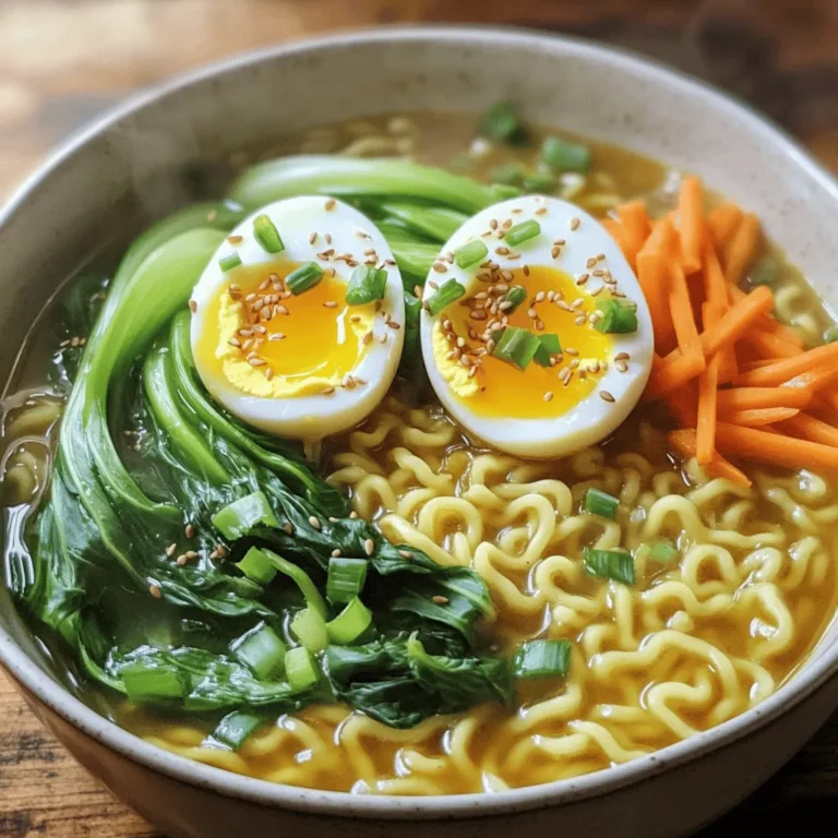 - 4 cups vegetable broth - 2 tablespoons miso paste (choose white or yellow for a milder flavor) - 1 tablespoon soy sauce - 1 tablespoon fresh ginger, finely grated - 2 cloves garlic, minced - 2 packs of ramen noodles (fresh or dried) - 2 soft boiled eggs (jammy style) - 1 cup baby bok choy, halved - 1 carrot, cut into thin julienne strips - 1 green onion, finely chopped - 1 tablespoon sesame oil - Salt and pepper to taste - Sesame seeds for garnish Choosing high-quality ingredients makes a big difference. For miso, I like using white or yellow. They both offer a mild taste. Fresh ramen noodles give a better texture than dried ones. If you want a gluten-free option, look for rice noodles. If you have dietary restrictions, you can replace soy sauce with tamari for a gluten-free option. For the broth, use mushroom broth for a deeper flavor. If you are vegan, swap the eggs with sliced avocado for creaminess. Always pick fresh veggies for the best taste. 1. First, take a large pot and warm up the sesame oil over medium heat. 2. Add the minced garlic and grated ginger. Sauté for about one minute. You want them fragrant but not burnt. 3. Gradually pour in the vegetable broth. Increase the heat and bring it to a gentle simmer. 4. Now, add the miso paste and soy sauce. Stir well until both dissolve into the broth. 5. Let the broth simmer for five to seven minutes. This helps the flavors blend nicely. 1. In a small pot, bring water to a rolling boil. 2. Gently add the eggs to the boiling water. Cook them for exactly six to seven minutes. This will give you the jammy yolk. 3. Once done, quickly place the eggs in an ice bath. This stops the cooking. Let them cool for a few minutes before peeling. 1. To your simmering broth, add the halved baby bok choy and julienned carrots. Cook for two to three minutes. The veggies should be tender yet bright. 2. Now, introduce the ramen noodles to the pot. Stir them into the broth. Cook according to the package instructions, usually three to four minutes. They should be al dente. 3. After the noodles are cooked, taste the broth. Adjust the seasoning with salt and pepper if needed. 4. To serve, divide the ramen, bok choy, and carrots into two bowls. 5. Carefully halve the jammy eggs and place them on top of the ramen. Make sure the yolks face up. 6. Finally, garnish each bowl with chopped green onions and sprinkle sesame seeds for extra flavor and crunch. To make a jammy egg, timing is key. For a soft yolk, boil the eggs for 6-7 minutes. If you want a firmer yolk, extend the time to about 8 minutes. Always place the eggs in ice water after boiling. This stops the cooking. It also makes peeling easier. To peel without damage, gently tap the egg on a hard surface. Roll it lightly to crack the shell. Start peeling at the wider end for the best results. To boost flavor, add toppings. Sliced radishes, bamboo shoots, or seaweed work well. You can also sprinkle chili flakes for heat. For extra saltiness, a dash of soy sauce works great. Remember, taste your broth before adding more salt. You want a balance of flavors. Avoid burning the broth. Keep the heat on medium and stir often. If the broth burns, the flavor can turn bitter. Next, don’t overcook the vegetables. They should be tender but still bright. Cooking them for 2-3 minutes keeps their crunch. {{image_4}} You can add protein to your ramen for extra flavor. Chicken, tofu, or shrimp work well. If using chicken, cook it in the broth for about 10 minutes. For shrimp, add them in the last 3 minutes of cooking. Tofu should be cubed and simmered for 5 minutes. Adjust cooking times to ensure all proteins are cooked through without becoming tough. If you want a vegetarian or vegan dish, swap ramen noodles for rice noodles. You can also use vegetable broth instead of chicken broth. For proteins, opt for tofu or tempeh. These options keep the dish flavorful and satisfying without meat. Change your broth by using different styles of miso. White miso gives a sweet flavor. Yellow miso has a richer taste. You can also add spices like chili flakes for heat or herbs like cilantro for freshness. Each choice brings unique flavors to your ramen and makes it your own. To keep your ramen fresh, store it in the fridge. Use airtight containers. This helps prevent the noodles from drying out. Keep the broth and noodles together for best results. If you have extra eggs, store them separately in a small container. They stay fresh longer that way. Reheat your ramen gently on the stove. Pour the broth into a pot and heat it slowly. Add the noodles and vegetables once the broth is hot. This keeps the noodles from getting mushy. If using a microwave, heat in short bursts. Stir often to keep the heat even. You can prep your ramen ahead of time. Cook the broth and store it in the fridge. Prepare the vegetables and keep them separate. Boil the eggs and store them in their shells. This keeps everything fresh. When you’re ready to eat, just combine and heat! Yes, you can use instant ramen. Instant ramen is quick and easy. It cooks fast and is often cheaper. However, fresh ramen has a better texture. Fresh ramen gives a nice chew and holds broth well. Instant ramen can break down quickly. If you choose instant, cook it for less time. This way, it stays firm. If you don't have miso, try tahini or almond butter. These can add creaminess but may change the taste. You can also mix soy sauce with a little peanut butter. Another option is using vegetable bouillon for saltiness. Each choice brings a different flavor, so taste as you go! To add heat, try chili oil or hot sauce. You can mix in fresh chili peppers too. Sriracha works great for a quick kick. If you prefer, add red pepper flakes while cooking. Start with a small amount, then taste. Adjust until it reaches your desired spice level. You now have a complete guide to making delicious homemade ramen. We covered all the essential ingredients and how to choose the best ones. You learned step-by-step instructions for simmering your broth and cooking those perfect jammy eggs. I shared tips to avoid common mistakes and ways to customize your ramen with different proteins and flavors. Now, you can enjoy a tasty bowl of ramen that fits your needs. Get ready to impress your family or friends with this satisfying meal!