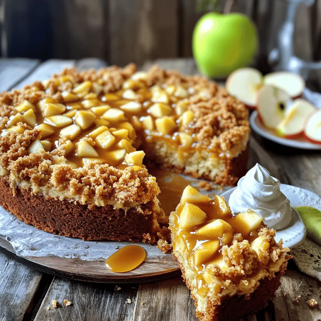 - Apples: I prefer using tart apples like Granny Smith. Their flavor balances the sweet cake well. You could also use Honeycrisp or Fuji for a sweeter bite. - Dry Ingredients: - 1 cup all-purpose flour - 1 cup rolled oats - 1/2 cup packed brown sugar - 1/4 cup granulated sugar - 1 teaspoon baking powder - 1/2 teaspoon baking soda - 1/2 teaspoon ground cinnamon - 1/4 teaspoon salt These dry ingredients blend together to create a rich base for our cake. The oats add a nice texture, while the sugars bring sweetness. - Other Essentials: - 1/2 cup unsalted butter, softened - 2 large eggs - 1 teaspoon pure vanilla extract - 1/2 cup caramel sauce (store-bought or homemade) Butter makes the cake moist and rich. Eggs help bind everything together. Vanilla adds a warm flavor that enhances the cake. Caramel sauce is the star, creating that delicious sweet topping. This combination of ingredients will make your caramel apple crumble cake delightful and full of flavor. Enjoy the process, and let your kitchen fill with the sweet scent of baking apples and caramel! Start by preheating your oven to 350°F (175°C). This step is key for even baking. Next, take your 9-inch round cake pan. Grease it with butter to prevent sticking. You can also dust it lightly with flour. For easier removal, you can line the bottom with parchment paper. Begin by preparing the apples. In a bowl, toss the diced apples with a pinch of cinnamon. This adds a warm flavor. Set the apples aside for a moment. In a large mixing bowl, combine the dry ingredients. This includes all-purpose flour, rolled oats, brown sugar, granulated sugar, baking powder, baking soda, ground cinnamon, and salt. Whisk them together until they are free of lumps. Next, cream your butter and sugars. In a separate bowl, beat the softened butter with both sugars. Use an electric mixer on medium speed. Mix for about 3-4 minutes until it becomes light and fluffy. Add the eggs one by one, mixing well after each. Stir in the vanilla until it's fully combined. Now, gradually add the dry mixture into the butter and egg mixture. Mix on low speed until just combined. Be careful not to overmix. Finally, gently fold in the diced apples. Use a spatula to ensure they are evenly distributed. Pour the batter into your prepared cake pan. Spread it out evenly with the spatula. For the crumble topping, mix together rolled oats, all-purpose flour, brown sugar, and melted butter in a small bowl. Stir until it looks like coarse crumbs. Evenly sprinkle this crumble topping over the cake batter. Make sure it covers the surface well. Now, your cake is ready to bake! To ensure even baking, start by preheating your oven to 350°F (175°C). This step is key. Use the right pan size; a 9-inch round cake pan works best. For even heat transfer, grease the pan well and dust it with flour. To check for doneness, use the toothpick test. Insert a toothpick into the center of the cake. If it comes out clean or with a few moist crumbs, your cake is ready. This is a simple but reliable method. To enhance the flavor of your cake, consider adding a pinch of nutmeg or ginger. These spices can add warmth and depth to the cake. You can also mix in chopped nuts, like walnuts or pecans, for a nice crunch. Using room temperature ingredients is important. When your butter and eggs are at room temperature, they blend better. This helps create a smooth batter for a lighter cake. For a stunning presentation, drizzle your cake with extra caramel sauce. This not only adds sweetness but also makes it look appealing. Place fresh apple slices on top for color and freshness. Serve each slice on a dessert plate with a dollop of whipped cream. This adds a creamy touch and makes your cake feel special. It's perfect for gatherings or special occasions. {{image_4}} You can easily adjust this recipe to fit different needs. - Gluten-free options: Use almond flour or oat flour instead of all-purpose flour. Both work well and keep the cake tasty. - Vegan version: Replace eggs with flaxseed meal mixed with water. Use coconut oil instead of butter. This keeps the cake moist and delicious. Adding new flavors can make this cake even better. - Adding spices: Try adding nutmeg or allspice for a warm touch. Just a pinch can boost the flavor. - Incorporating different fruits: Swap apples for pears or peaches. These fruits add a nice twist and pair well with caramel. How you serve the cake can change its vibe. - Warm versus chilled servings: Serve it warm for a cozy feel or chilled for a refreshing treat. Both are great! - Pairing with ice cream or syrups: Top with vanilla ice cream or a drizzle of chocolate syrup. This adds a fun and sweet touch to each slice. To keep your caramel apple crumble cake fresh, use an airtight container. This will help lock in moisture and flavor. If you plan to eat it within a few days, store it at room temperature. For longer storage, place it in the fridge. It can last up to a week this way. - Short-term storage: Store at room temperature for up to 3 days. - Long-term storage: Refrigerate for up to a week. When you're ready to enjoy leftovers, reheating is key. The best method is to use the oven. Preheat your oven to 350°F (175°C). Place a slice of cake on a baking sheet. Cover it with foil to keep it moist. Heat for about 10-15 minutes, or until warm. Another option is to use the microwave. Place a slice on a microwave-safe plate. Heat it for about 15-20 seconds. Keep an eye on it to avoid drying out. - Maintain moisture: Cover the cake when reheating. - Flavor: Drizzle extra caramel sauce before serving for added taste. To make your cake moist, you can try a few simple tips. First, use more apples. The extra juice from the apples will add moisture. You can also add a bit of sour cream or yogurt to the batter. This makes it rich and soft. Another trick is to not overmix the batter. Mix just until the dry and wet ingredients blend. Overmixing can make your cake dry. Yes, you can use other fruits! Pears work great for this recipe. They have a nice sweetness that pairs well with caramel. You can also try berries like blueberries or raspberries. These fruits add a tart flavor. Just remember to adjust the sugar if the fruit is sweet or tart. To store your cake, let it cool down first. Then wrap it tightly in plastic wrap. You can also place it in an airtight container. This keeps the cake fresh for up to three days. If you want to keep it longer, freeze it. Just make sure to wrap it well. When you are ready to eat, thaw it in the fridge overnight. Enjoy it fresh with caramel drizzle! To craft a delicious caramel apple crumble cake, you need good ingredients. We covered everything from types of apples to dry ingredients and other essentials. I detailed the baking process, shared tips to enhance flavor, and offered variations for customization. Finally, I explained the best ways to store and reheat your cake. Enjoy creating this treat and don't be afraid to get creative. Happy baking!