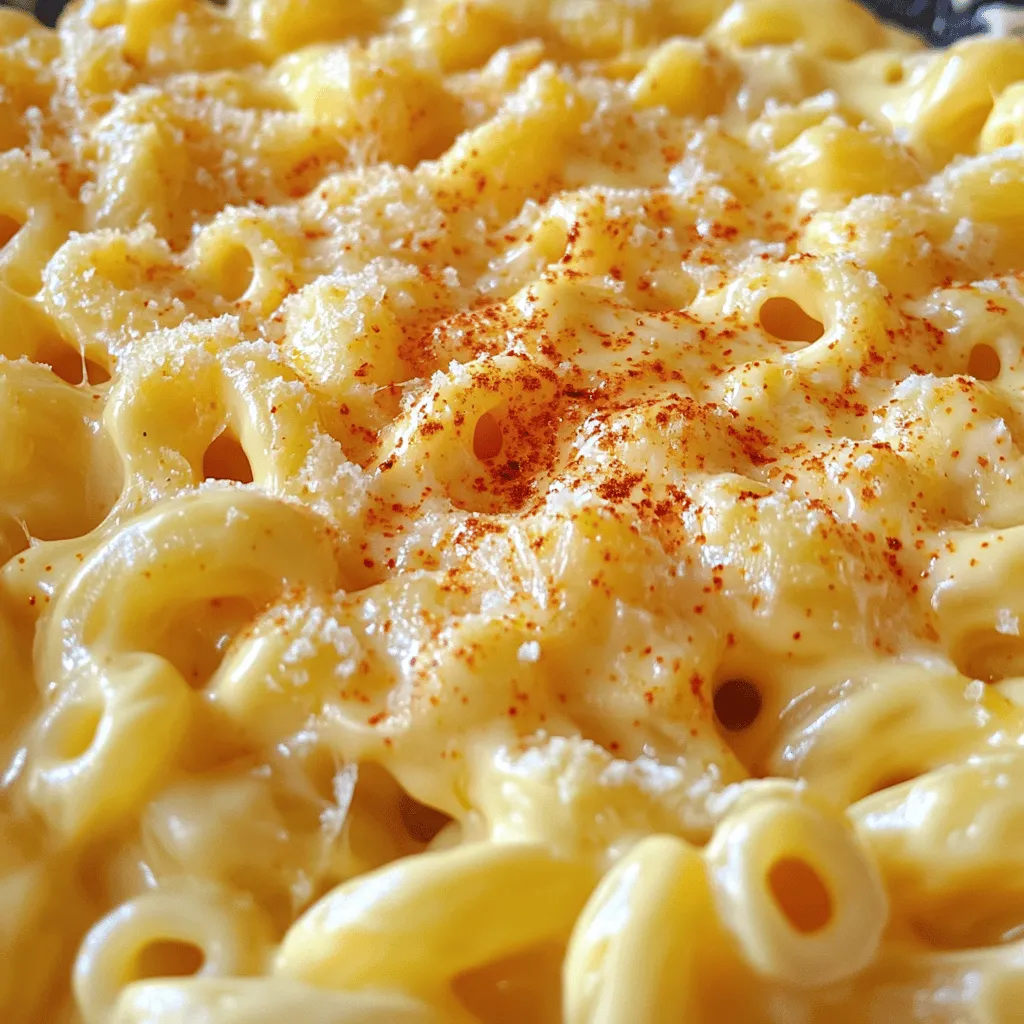 To make the perfect Instant Pot creamy mac and cheese, gather these simple ingredients: - 8 oz elbow macaroni - 4 cups water - 1 teaspoon salt - 2 tablespoons unsalted butter - 1 cup sharp cheddar cheese, shredded - 1 cup fresh mozzarella cheese, shredded - 1/2 cup cream cheese, softened - 1 teaspoon garlic powder - 1 teaspoon onion powder - 1/2 teaspoon smoked paprika - 1/2 teaspoon ground black pepper - 1/4 cup grated Parmesan cheese (for topping) For a rich and creamy flavor, I recommend using: - Sharp cheddar cheese for tanginess - Fresh mozzarella cheese for stretchiness - Cream cheese for smoothness These cheeses blend well, creating a smooth and tasty sauce. You can also experiment with other varieties like gouda or fontina for unique flavors. To make this dish, you will need: - Instant Pot - Measuring cups and spoons - A mixing spoon - Grater for the cheese - Serving bowls This equipment helps streamline the cooking process and ensures you achieve the best results. Start by taking 8 ounces of elbow macaroni. Pour it into your Instant Pot. Add 4 cups of water and 1 teaspoon of salt. This salt boosts the flavor. Secure the lid tightly. Make sure the pressure valve is set to sealing. Now, press the Manual or Pressure Cook button. Set the timer for 4 minutes on high pressure. This cooks the macaroni just right. When the timer goes off, carefully do a quick release. Turn the valve to venting to let out steam. Be careful; the steam is hot! Once you remove the lid, stir the macaroni. This helps break up any clumps. Next, add 2 tablespoons of unsalted butter. Let it melt into the hot macaroni. Then, mix in 1 cup of sharp cheddar cheese and 1 cup of fresh mozzarella cheese. Add 1/2 cup of softened cream cheese for a rich taste. Now, sprinkle in 1 teaspoon of garlic powder, 1 teaspoon of onion powder, 1/2 teaspoon of smoked paprika, and 1/2 teaspoon of ground black pepper. Stir gently until all the cheese melts. This makes your sauce creamy and smooth. If you want it thicker, use the Sauté function. Cook for an extra 2-3 minutes while stirring. Serve your mac and cheese hot. Top it with 1/4 cup of grated Parmesan cheese for a delicious finish. Enjoy this cheesy delight! To get that smooth and creamy texture, use a mix of cheeses. I suggest sharp cheddar and fresh mozzarella. These melt well and blend nicely. Cream cheese adds richness too. Stir the mixture gently until all the cheese melts. If you want it creamier, use the Sauté function for a few minutes. This thickens the sauce perfectly. Want to boost the flavor? Try adding cooked bacon or ham. They add a salty punch. You can also mix in sautéed vegetables, like spinach or mushrooms, for extra taste and nutrition. For a spicy kick, add crushed red pepper or jalapeños. A sprinkle of smoked paprika gives a nice depth to the flavor. If your mac and cheese turns out too thick, add a splash of milk or water. Stir gently until you get the right consistency. If it’s too thin, use the Sauté mode again to thicken it. Remember to keep stirring. If you notice clumps of cheese, this often happens from rushing. Just take your time to stir until smooth. {{image_4}} Want to make your mac and cheese heartier? You can add protein for a filling meal. Cooked bacon adds a nice crunch. Chicken or turkey can also work well. For a vegetarian option, try adding cooked lentils or chickpeas. They pack protein and blend nicely with the creamy cheese. If you prefer a vegetarian or vegan dish, swap out the cheeses. Use vegan cheese that melts well. Nutritional yeast can give a cheesy flavor without dairy. Coconut cream can add richness. You can also add extra veggies like spinach or broccoli. These add color and nutrition to your meal. Don’t be afraid to get creative with flavors! Add spices like cayenne pepper for heat. A dash of mustard powder gives a nice tang. Try mixing in roasted garlic for a sweet, rich taste. Fresh herbs like basil or parsley can brighten up the dish. Each change will give you a new twist on this classic recipe! After enjoying your Instant Pot creamy mac and cheese, you might have some leftovers. To store them, first let the dish cool to room temperature. Then, place it in an airtight container. Make sure to close it tightly to keep out air. Store it in the fridge for up to three days. This helps maintain its tasty flavor and creamy texture. When you’re ready to eat the leftovers, there are a few ways to reheat them. The microwave is the quickest option. Just place the mac and cheese in a microwave-safe bowl. Heat in short bursts of about 30 seconds, stirring in between. If you want a stovetop method, add a little milk to a pan. Heat on low, stirring often, until warm. This helps bring back the creaminess. If you have more leftovers than you can eat, consider freezing them. First, let the mac and cheese cool completely. Then, scoop it into freezer-safe bags or containers. Remove as much air as possible before sealing. You can freeze it for up to three months. When you’re ready to enjoy it again, thaw it in the fridge overnight. Reheat as mentioned above for a delicious meal anytime. To stop the macaroni from sticking, use enough water. I suggest using 4 cups for 8 ounces of elbow macaroni. Make sure to stir after cooking to break up clumps. If you notice sticking, add a little extra butter or cheese when mixing. This will help create a creamy sauce that binds the pasta together. Yes, you can make this recipe on the stovetop. Start by boiling the macaroni in a large pot with water. Cook it according to the package directions. Once drained, mix in the butter and cheeses just like in the Instant Pot method. This gives you a creamy mac and cheese too, but it may take a bit longer. The best cheeses for creamy mac and cheese are sharp cheddar and fresh mozzarella. I love adding cream cheese to enhance the creaminess. You can mix in other cheeses, like gouda or fontina, for extra flavor. The key is to use a combination of cheeses for the best taste and texture. This guide covered everything you need for mac and cheese. You learned about key ingredients, tools, and step-by-step cooking instructions. We also shared tips for perfect texture, added flavors, and how to handle common issues. Plus, you discovered variations for proteins and dietary needs, storage tips, and answers to FAQs. As you dive into making mac and cheese, remember that practice makes perfect. Enjoy experimenting with flavors and techniques to make your dish truly your own. Your creamy mac and cheese adventure starts now!