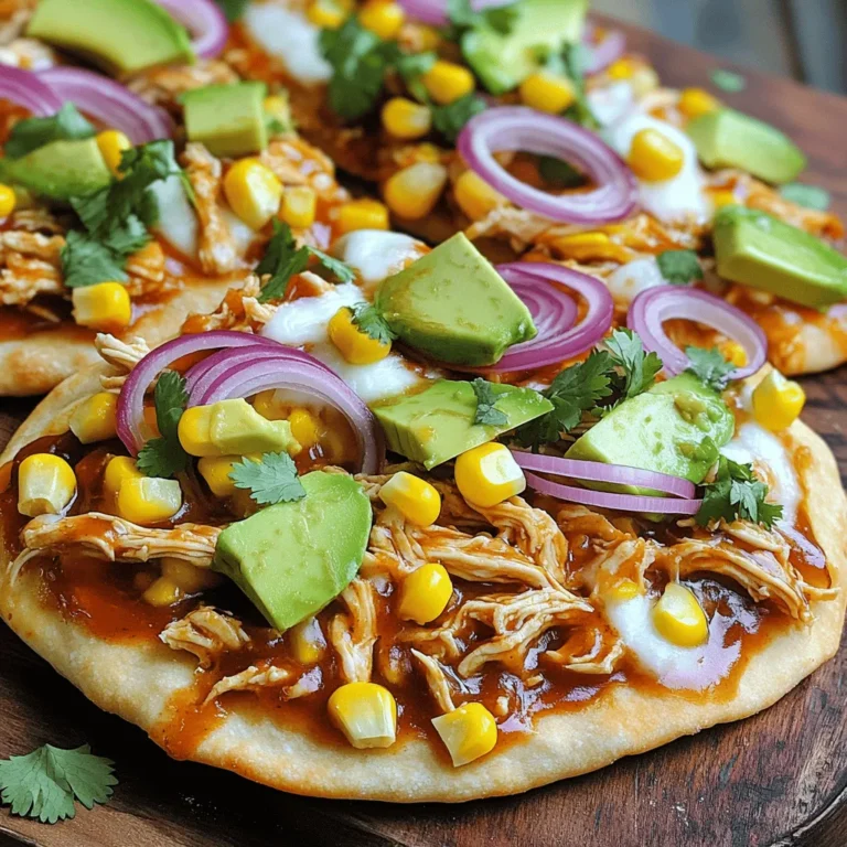 To make BBQ chicken flatbread, you need a few key items. Here’s a list of what to gather: - 2 cups cooked chicken, shredded - 1/2 cup BBQ sauce - 4 flatbreads - 1 cup shredded mozzarella cheese - 1/2 cup red onion, thinly sliced - 1/2 cup corn kernels - 1/4 cup fresh cilantro, finely chopped - 1 avocado, sliced (optional) - 1-2 tablespoons olive oil - Salt and pepper, to taste Selecting the right BBQ sauce is crucial for flavor. I recommend using a sauce that you love. Sweet, tangy, or spicy options can all work well. Taste the sauce before mixing it with the chicken. Adjust the amount in your recipe if you wish. A great BBQ sauce can elevate the dish. Feel free to customize your flatbread. You can switch the chicken for pulled pork or tofu for a vegetarian option. Different cheeses, like cheddar or pepper jack, can add unique flavors. You can also add bell peppers or jalapeños for extra crunch or heat. Mix and match to find your favorite combination! First, preheat your oven to 400°F (200°C). This step is key for a great bake. Next, take your flatbreads and lay them on a baking sheet. Use parchment paper for easy cleanup. Brush a little olive oil on each flatbread. This makes them crispy and tasty. In a large bowl, add your shredded chicken. Pour in the BBQ sauce. Mix it well so every piece of chicken gets coated. You can adjust the sauce to fit your taste. If you like it saucy, add more! Now it is time to build your flatbreads. Spoon the BBQ chicken mix evenly on each flatbread. Make sure to cover them fully. Next, sprinkle the mozzarella cheese over the chicken. This will melt and create a gooey layer. Then, add the sliced red onion and corn. This adds a nice crunch and sweetness. Finish with a little salt and pepper. Put the flatbreads in the oven and bake for 10 to 12 minutes. Keep an eye on them. You want the cheese to melt and bubble, and the edges to turn golden brown. When they are done, take them out and let them cool for a minute. Then, garnish with chopped cilantro and avocado slices, if you like. These steps will help you make a delicious BBQ chicken flatbread! To get crispy flatbreads, start by preheating your oven to 400°F (200°C). Brush olive oil on each flatbread. This helps create a nice, crunchy crust. Use store-bought flatbreads for ease, or make your own for a fun twist. Bake them for 10-12 minutes. Keep an eye on them until they turn golden brown. For perfect BBQ chicken flatbreads, stick to the 400°F (200°C) mark. Bake for about 10-12 minutes. The cheese should melt and bubble. The edges of the flatbreads should look crispy. If you want extra crunch, you can leave them in for a minute or two longer, but watch closely! Seasoning can make a big difference. After layering the chicken and cheese, sprinkle salt and pepper. You can also add garlic powder or smoked paprika for extra flavor. Fresh herbs like cilantro can brighten the dish. If you like a kick, try adding red pepper flakes. Each small touch adds depth to your flatbread! {{image_4}} If you want a vegetarian twist, you can skip the chicken. Use hearty vegetables instead. Roasted mushrooms add a meaty texture. Grilled zucchini or bell peppers can add great flavor. Top with your favorite BBQ sauce and mozzarella cheese. You can also use plant-based cheese for a vegan option. This way, everyone can enjoy a delicious flatbread. For those who love heat, add some spice! Mix diced jalapeños into the BBQ chicken. You can also sprinkle crushed red pepper flakes on top. If you like a smoky flavor, try adding chipotle sauce. This spicy twist will excite your taste buds and make your flatbread truly unique. Seasonal vegetables can enhance your BBQ flatbread. In summer, add fresh corn or cherry tomatoes. In fall, roasted butternut squash brings sweetness. Winter calls for hearty greens like kale or spinach. Spring is perfect for fresh asparagus or peas. Mixing in these veggies not only adds color but also boosts nutrition. Enjoy being creative with what’s in season! To keep your leftover flatbread fresh, place it in an airtight container. You can stack the flatbreads with parchment paper between each one. This helps prevent sticking. Store it in the fridge if you plan to eat it within three days. If you want to save it longer, consider freezing. For the best taste, reheat your flatbread in the oven. Preheat your oven to 350°F (175°C). Place the flatbread on a baking sheet and cover it with foil. Heat for about 10-15 minutes. This will keep the crust crispy and the cheese melty. You can also use a microwave, but it may make the flatbread soggy. To freeze flatbread, wrap each piece tightly in plastic wrap. Place the wrapped flatbreads in a freezer-safe bag. Make sure to remove as much air as possible. Label the bag with the date. You can store them in the freezer for up to three months. When ready to eat, thaw in the fridge overnight before reheating. Yes, you can use different cheeses for flavor. Cheddar adds sharpness, while gouda gives a smoky taste. You might even try feta for a tangy kick or pepper jack for some heat. Mix and match to find your favorite blend! Making homemade flatbreads is simple! Here’s a quick recipe: - Ingredients: - 2 cups all-purpose flour - 1 teaspoon salt - 1 teaspoon baking powder - 3/4 cup water - 2 tablespoons olive oil - Instructions: 1. Mix flour, salt, and baking powder in a bowl. 2. Add water and olive oil, then stir until dough forms. 3. Knead the dough for five minutes. 4. Divide into small balls, then roll out thin. 5. Cook on a hot skillet for 2-3 minutes on each side. You can use these flatbreads for your BBQ chicken flatbread! Serving side dishes can elevate your meal. Here are some tasty ideas: - Coleslaw: A crunchy, fresh side that contrasts with the flatbread. - Corn on the Cob: Grilled or boiled, it adds a sweet touch. - Potato Wedges: Crispy and satisfying. - Green Salad: A light salad with vinaigrette balances the meal. These sides will round out your BBQ chicken flatbread experience! This blog post shared key steps for making BBQ chicken flatbreads. We covered ingredients, cooking methods, and tips. I also highlighted tasty variations like vegetarian options and spicy twists. You learned how to store and reheat leftovers for the best taste. Remember, customizing your flatbreads can bring out unique flavors. Use this guide to create your favorite dish. Enjoy cooking and sharing your delicious flatbreads with family and friends!