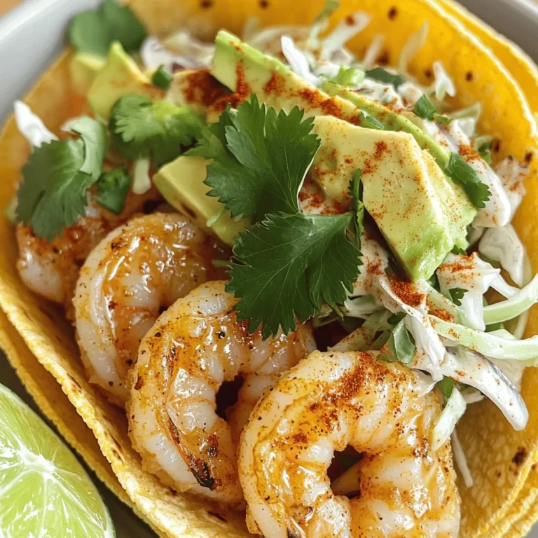 - Shrimp and Spices - 1 pound large shrimp, peeled and deveined - 1 teaspoon smoked paprika - 1 teaspoon chili powder - Salt and freshly cracked pepper to taste - Butter and Garlic - 4 tablespoons unsalted butter - 4 cloves garlic, finely minced - Tortillas and Toppings - 8 small corn tortillas - 1 cup cabbage, finely shredded - ½ ripe avocado, thinly sliced - Fresh cilantro leaves, for garnish - Juice of 1 fresh lime This dish blends shrimp and spices with rich garlic butter. The tortillas wrap around fresh toppings. You can make it in just 15 minutes. Feel free to mix and match your toppings! Try different herbs or add some lime juice for zest. - Melting the Butter Start by placing 4 tablespoons of unsalted butter in a large skillet. Heat it over medium heat. Wait until the butter melts and starts to foam. This step gives a rich flavor to the shrimp. - Sautéing Garlic Next, add 4 finely minced garlic cloves to the melted butter. Stir the garlic for about one minute. You want it to smell great and turn a light golden color. Be careful not to burn it, as burnt garlic tastes bitter. - Cooking Shrimp with Spices Now, it’s time for the star of the show: the shrimp! Add 1 pound of peeled and deveined shrimp to the skillet. Sprinkle in 1 teaspoon of smoked paprika, 1 teaspoon of chili powder, salt, and freshly cracked pepper. Cook the shrimp for 2 to 3 minutes. Keep stirring until the shrimp turn pink and opaque. Finally, squeeze the juice of one fresh lime into the skillet and stir to mix well. - Warming the Tortillas While the shrimp is cooking, warm up your corn tortillas. You can use a dry skillet over medium heat or microwave them for a few seconds. Warm tortillas are soft and easy to fold. - Layering Ingredients To build your taco, take a warm tortilla and add a generous spoonful of the garlic butter shrimp mix in the center. Then, top it with a handful of finely shredded cabbage. Add a few slices of creamy avocado. Finish with fresh cilantro leaves for a burst of flavor. - Adding Garnish For a beautiful finish, add lime wedges on the side. This gives a zesty touch and makes the dish pop. - Presentation Tips Serve your tacos on a bright platter. The colors from the shrimp, cabbage, and avocado will look amazing together. Enjoy the feast! Avoiding Overcooking Shrimp cook fast. If you cook them too long, they become rubbery. Look for that bright pink color and firm texture. Cook the shrimp just until they turn opaque. This usually takes 2 to 3 minutes in the pan. Keep a close eye on them! Choosing Fresh Ingredients Fresh shrimp make a big difference. Buy shrimp that smell like the ocean, not fishy. Check for a firm texture and shiny shell. Use fresh garlic for the best taste. A fresh lime adds a nice zing, too. Substitutions and Additions You can swap shrimp for chicken or fish if you like. For a veggie version, use mushrooms or tofu. Add jalapeños for heat or mango for sweetness. These swaps keep it fun and fresh! Spice Level Adjustments If you like heat, add more chili powder or some cayenne. For a milder taste, use less spice. You can also serve with hot sauce on the side for those who want a kick. Accompaniments to Consider Serve your tacos with a side of chips and salsa for crunch. A fresh salad pairs well, too. Consider adding lime wedges for a zesty touch. These sides keep the meal light and refreshing. Pairing with Drinks Crisp drinks work best with shrimp tacos. Try a cold beer or a light white wine. A refreshing lemonade or sparkling water also complements the flavors. Choose drinks that balance the meal and enhance your dining experience. {{image_4}} Chicken or Fish Options You can swap shrimp for chicken or fish. For chicken, use boneless, skinless thighs or breasts. Cook them in the same way as the shrimp. If you choose fish, flaky white fish works best. Adjust cook time to avoid overcooking. Vegetarian Variants To make this dish vegetarian, use sautéed mushrooms or marinated tofu. Both options soak up flavors well. Add spices like smoked paprika to keep the taste exciting. Adding Heat with Jalapeños Want a spicy kick? Slice fresh jalapeños and add them to the mix. You can sauté them with garlic for extra flavor. Adjust the amount based on your spice preference. Citrus Variants with Orange or Lemon For a fresh twist, try adding orange or lemon juice instead of lime. This change brightens the dish. You can even use zest for more citrus flavor. Soft Shell vs. Crunchy Taco Choose between soft corn tortillas or crunchy taco shells. Both styles hold the filling well. Soft shells offer a tender bite, while crunchy shells add texture. Salad or Bowl Formats If you want a lighter option, turn this into a salad. Use the shrimp and toppings over a bed of greens. You can also serve it as a bowl with rice or quinoa for a filling meal. After enjoying your garlic butter shrimp tacos, store any leftovers right away. Place the shrimp mixture in an airtight container. The tacos can get soggy, so store the tortillas and toppings separately. Keep the shrimp and tortillas in the fridge for up to two days. Always check for any off smells before using leftovers. If you want to freeze your garlic butter shrimp, let the shrimp cool completely first. Place the shrimp in a freezer-safe bag. Remove as much air as possible before sealing. You can freeze the shrimp for up to three months. However, I recommend freezing the shrimp only, as tortillas and toppings do not freeze well. To reheat your shrimp, use a skillet over medium heat. Add a small amount of butter to keep them moist. Stir gently until the shrimp are heated through. If you prefer the microwave, use short intervals to avoid overcooking. Heat in 20-second bursts until warm. When reheating, avoid cooking the shrimp again for too long. This keeps them juicy and tender. Warm the tortillas briefly on a dry skillet or microwave them for a few seconds. For toppings, add fresh avocado and cilantro after reheating to maintain their crispness and flavor. Yes, you can use frozen shrimp. Just make sure to thaw them first. Place the shrimp in a bowl of cold water for about 15-20 minutes. Drain them well before cooking. This keeps the shrimp juicy and tender. Shrimp tacos stay fresh in the fridge for up to two days. Store them in an airtight container to keep them safe. When you reheat, add a bit of fresh lime juice to boost the flavor. You can get creative with toppings! Here are some ideas: - Crumbled feta or queso fresco - Diced tomatoes or pico de gallo - Sliced jalapeños for heat - Sour cream or yogurt for creaminess - Fresh lime wedges for a zesty kick Absolutely! Use corn tortillas, as they are naturally gluten-free. Always check labels to ensure no gluten is present in your ingredients. Enjoy the flavors without worry! You learned how to make tasty garlic butter shrimp tacos. We covered the ingredients, cooking steps, and ways to store leftovers. Don't forget to try different proteins and flavor tweaks. Your shrimp tacos can shine with fresh toppings and fun variations. With these tips, you can impress anyone. Now, go enjoy your fiesta with great tacos!