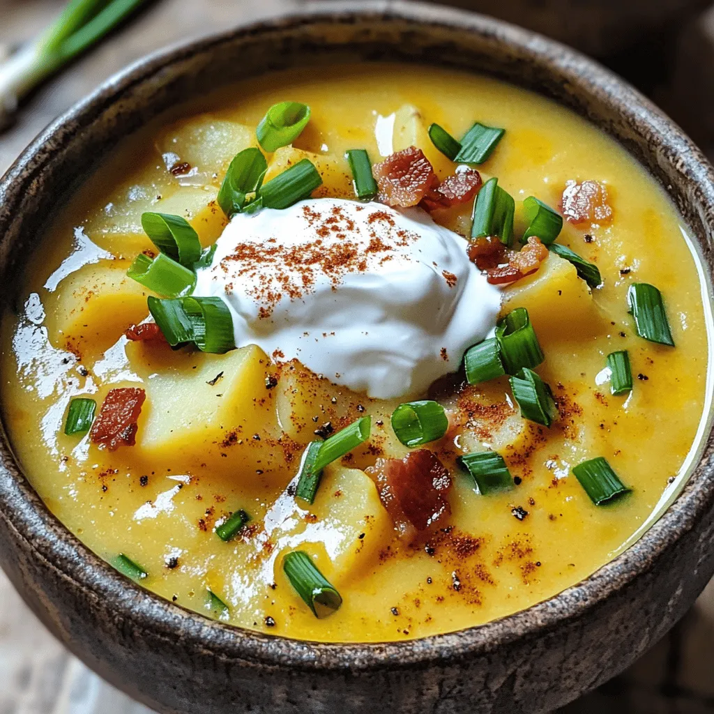 - 4 large russet potatoes - 1 medium onion - 3 cloves garlic - 4 cups vegetable broth - 1 cup heavy cream or cashew cream - 1 cup shredded sharp cheddar cheese - 1/2 cup crispy turkey bacon or plant-based bacon bits - 1/2 cup sour cream or dairy-free yogurt - 2 green onions - 1 teaspoon smoked paprika (optional) For this slow cooker loaded baked potato soup, we start with the main ingredients. First, you need four large russet potatoes. These potatoes give the soup a nice, creamy base. Next, grab one medium onion and three cloves of garlic. The onion adds depth, and the garlic brings great flavor. Now, pour in four cups of vegetable broth. You can use chicken broth if you prefer. It adds richness. For creaminess, add one cup of heavy cream or cashew cream. This will make your soup nice and smooth. Next, let’s talk about garnishes. I love to add one cup of shredded sharp cheddar cheese. It melts beautifully and adds a great taste. For some crunch, use half a cup of crispy turkey bacon or plant-based bacon bits. This adds a fun texture to the soup. To finish, you’ll want half a cup of sour cream or dairy-free yogurt for a creamy topping. Sliced green onions add a fresh touch. Lastly, if you want a smoky kick, use a teaspoon of smoked paprika. It’s optional, but I highly recommend it for extra flavor. With these ingredients, you’ll make a rich, satisfying soup that everyone will love. - Peel and dice the potatoes: Start with four large russet potatoes. Remove the skin and cut them into bite-sized cubes. This helps them cook evenly and quickly. - Finely chop the onion: Next, take one medium onion. Chop it into small pieces. This adds flavor to our soup. - Mince the garlic: Finally, grab three cloves of garlic. Mince them finely. Garlic gives the soup a nice depth of flavor. - Layer ingredients in the slow cooker: Now, place the diced potatoes at the bottom of the slow cooker. Add the chopped onion and minced garlic on top. - Add vegetable broth and seasoning: Pour in four cups of vegetable broth. Make sure the potatoes are fully covered. Season with salt, black pepper, and smoked paprika if you like a hint of smoke. Use a wooden spoon to mix everything gently. - Set the slow cooker (low/high settings): Cover the slow cooker with its lid. Set it to low for 6-8 hours or high for 3-4 hours. - Monitor cooking time for desired tenderness: Check the potatoes with a fork. They should be soft and tender when done. - Purée the soup to a creamy consistency: Once the cooking time is up, use an immersion blender. Blend the soup until smooth. If you don’t have one, carefully transfer it to a blender in batches. - Stir in cream and cheese: Add one cup of heavy cream or cashew cream for a lighter touch. Mix well until it’s rich and creamy. Then, sprinkle in one cup of shredded sharp cheddar cheese. Stir until it melts into the soup. - Adjust seasoning and add bacon bits: Taste the soup. If needed, add more salt and pepper. Finally, mix in half a cup of crispy turkey bacon or plant-based bacon bits for crunch. Reserve some for garnishing later. To make your soup creamy, you have two great choices: full-fat cream or cashew cream. Full-fat cream gives a rich taste. It makes the soup velvety and smooth. Cashew cream is a lighter option. It’s also dairy-free, so it works well for many diets. Using an immersion blender is key. It blends the soup right in the slow cooker. This saves time and keeps clean-up easy. If you don’t have one, a regular blender works too. Just be careful with hot soup. Blend in small batches for safety. Adding herbs or spices can lift your soup’s flavor. Try fresh thyme or parsley for a nice touch. A sprinkle of garlic powder can also add depth. If you like a smoky taste, smoked paprika is a great choice. Toppings are where you can really get creative. Crispy turkey bacon or plant-based bacon bits add crunch. Shredded cheddar cheese melts in beautifully. A dollop of sour cream or dairy-free yogurt adds creaminess. Green onions on top give a pop of color and taste. Prepping ingredients ahead of time makes cooking easier. You can peel and dice the potatoes the night before. Store them in water in the fridge to keep them fresh. Chop the onion and garlic early, too. Quick substitutions can save time. If you’re short on broth, water works in a pinch. You can swap heavy cream for milk for a lighter soup. Just remember, the texture may change a bit. {{image_4}} For a vegetarian or vegan twist, use plant-based alternatives. Replace the heavy cream with cashew cream for a rich texture. You can also swap the turkey bacon with crispy plant-based bacon bits. For cheese lovers, try using dairy-free cheese. There are many options that melt well and add a nice flavor. Want a low-carb version? Substitute the potatoes with cauliflower. When cooked, cauliflower becomes soft and creamy. It works well in soups. Simply steam or boil the cauliflower before adding it to the slow cooker. This gives you a lighter soup without losing the comfort. You can easily add extra ingredients for more flavor. Toss in diced carrots or celery for extra texture and nutrition. They cook well and blend nicely. If you want more protein, consider adding chicken or sausage. Cook the meat separately, then stir it into the soup before serving. This adds heartiness to your meal. After you enjoy your loaded baked potato soup, store leftovers in an airtight container. Let the soup cool to room temperature first. This helps keep it fresh longer. Place it in the fridge and use it within three to four days. If you want to keep it longer, freezing might be a better choice. To freeze the soup, let it cool completely. Pour the soup into freezer-safe bags or containers. Make sure to leave space at the top, as soup expands when frozen. Seal tightly and label with the date. You can freeze it for up to three months. When you’re ready to eat, thaw it in the fridge overnight. Reheat it on the stove over low heat, stirring often. You can also use a microwave for quick heating. The loaded baked potato soup lasts about three to four days in the fridge. If stored properly in the freezer, it keeps well for three months. After this time, the quality may drop, but it will still be safe to eat. Always check for odd smells or changes in texture before eating. If it looks or smells off, it's best to throw it out. Yes, you can! While russet potatoes are best for their creamy texture, you might try Yukon Gold or red potatoes. These options add a nice flavor and stay firm. Yukon Golds are creamy and sweet, while red potatoes hold their shape well. Both can make your soup tasty. To make this soup gluten-free, choose gluten-free broth. Most vegetable and chicken broths are safe, but always check the label. For a thickener, you can use cornstarch mixed with water. This keeps the soup rich and creamy without any gluten. Yes, leftovers can be reheated easily. The best way is to warm them on the stove over low heat. Stir often to keep it smooth. You can also use the microwave, but do it in short bursts. Stir between each burst for even heating. This soup pairs well with a fresh salad or crusty bread. A simple green salad with vinaigrette adds brightness. If you prefer bread, try a warm bread roll or garlic bread for a cozy meal. Both options will complement the soup nicely. You learned how to make a tasty loaded baked potato soup. We covered the key ingredients, step-by-step instructions, and even some helpful tips. Remember, you can customize this soup in many ways. Add your favorite toppings or swap out ingredients to suit your taste. Store leftovers properly and enjoy them later. This soup is perfect for any meal. Now, gather your ingredients and start cooking. A warm bowl of soup awaits you!