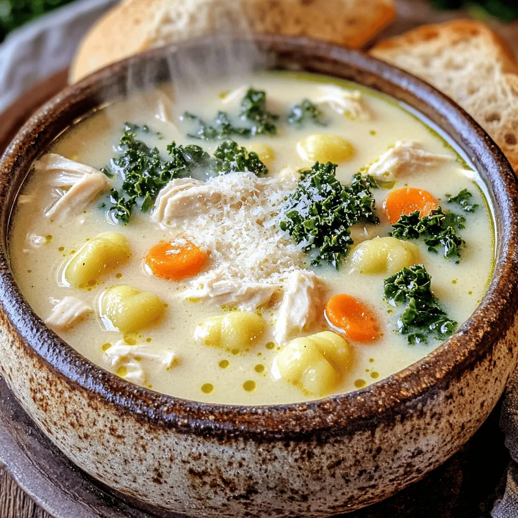 - 1 tablespoon extra virgin olive oil - 1 pound boneless, skinless chicken breasts, cut into bite-sized pieces - 4 cups low-sodium chicken broth - 1 medium onion, finely chopped - 2 cloves of garlic, minced - 2 medium carrots, peeled and diced - 2 celery stalks, diced - 1 cup heavy cream - 1 package (16 oz) refrigerated gnocchi - 1 cup fresh kale or spinach, chopped - 1 teaspoon Italian seasoning blend - Optional: freshly grated Parmesan cheese for serving For this creamy chicken gnocchi soup, I focus on fresh, simple ingredients. The chicken gives the soup a hearty base. The heavy cream adds richness, making every spoonful feel cozy. I like to use low-sodium chicken broth. This way, I can control the salt level. Fresh vegetables, like onion, garlic, carrots, and celery, bring flavor and texture. The gnocchi are a game changer. They cook quickly and soak up the broth's goodness. Adding kale or spinach boosts nutrients and color, making the dish more vibrant. Italian seasoning adds warmth and depth. If you want an extra touch, sprinkle Parmesan cheese on top. It melts beautifully and enhances the soup’s flavor. Gather these ingredients, and you’re ready to make a comforting meal that warms the soul. - Heat 1 tablespoon of olive oil in a pot. - Add 1 pound of chicken, cut into bite-sized pieces. - Season the chicken with salt and pepper. - Cook for 5 to 7 minutes until browned and cooked through. - Remove the chicken and set it aside on a plate. - In the same pot, add 1 chopped onion, 2 minced garlic cloves, 2 diced carrots, and 2 diced celery stalks. - Sauté the mix for 4 to 5 minutes. Cook until the veggies are tender and smell fragrant. - Carefully pour in 4 cups of chicken broth. - Bring the broth to a simmer over medium-high heat. - Add the cooked chicken back into the pot. - Stir in 16 oz of refrigerated gnocchi, 1 cup of heavy cream, 1 cup of chopped kale, and 1 teaspoon of Italian seasoning. - Mix everything well to combine the flavors. - Let the soup simmer for 5 to 7 minutes. - This helps the gnocchi cook and the soup thicken. - Taste and adjust seasoning with salt and pepper as needed. If you want to switch things up, you can replace the chicken. Turkey works great and still gives that hearty flavor. For a plant-based option, try tofu. It soaks up the soup's taste well. Instead of chicken broth, you can use vegetable broth. This keeps it rich and adds a nice depth of flavor. When sautéing vegetables, keep the heat at medium to avoid burning. Stir them often and watch for that nice tender look. To get the right creaminess in your soup, add the cream slowly. Stir it in gently to prevent curdling. This will help keep your soup smooth and delicious. For extra flavor, think about adding spices like paprika or a dash of cayenne pepper. Fresh herbs like basil or parsley can brighten the soup. They add a lovely aroma, too. When serving, a sprinkle of grated Parmesan cheese on top makes for a tasty finish. For a pop of color, add a few whole kale leaves as a garnish. This makes the dish look as good as it tastes! {{image_4}} You can lighten up Creamy Chicken Gnocchi Soup with a few easy swaps. Use low-fat cream or a plant-based cream. This change cuts fat while keeping the soup creamy. You can also add more vegetables. Try bell peppers, zucchini, or green beans for extra nutrients. These additions boost flavor and color, making the soup even better. This soup is not just for chicken. You can switch to seafood like shrimp. Cook the shrimp until pink, then add them to the soup. For a vegetarian option, use mushrooms instead of chicken. Sauté the mushrooms until golden before adding them to the soup. Both options give you tasty and healthy choices. You can change the flavor by swapping seasoning blends. Try using curry powder for a warm twist. Adding fresh herbs like cilantro or basil gives a fresh taste. For some heat, toss in hot peppers or spices. This adds a kick and makes the soup exciting. Each variation makes the soup your own! To store your creamy chicken gnocchi soup in the fridge, let it cool first. Use an airtight container to keep it fresh. This soup stays good for about three to four days. Just remember to label your container with the date. If you want to freeze the soup, it’s best to do this before adding cream or gnocchi. The texture stays better this way. Pour the cooled soup into freezer-safe bags or containers. Be sure to leave some space for expansion. It will last for about three months in the freezer. When you’re ready to enjoy the soup, thaw it overnight in the fridge. You can also use a microwave for quicker thawing. Just be careful not to cook it. For reheating, the stove is your best bet. Pour the soup into a pot and warm it over medium heat. Stir it often to avoid sticking. If you need to use a microwave, heat in short bursts. Stir in between to ensure even heating. If the soup loses creaminess, add a splash of heavy cream. This will bring back that rich texture. Enjoy your comforting bowl of soup! Yes, you can prep several steps in advance. Cook the chicken and set it aside. Sauté the veggies and store them in the fridge. You can also measure out your ingredients. When you are ready to eat, just combine everything and cook it. This saves time and makes dinner easy. Yes, this soup can freeze well. Store it in airtight containers. Make sure to leave some space at the top for expansion. To thaw, put it in the fridge overnight. You can reheat it on the stove or in the microwave. This soup pairs well with crusty bread or a simple salad. You can also serve it with garlic bread for a tasty twist. A side of roasted vegetables adds color and makes the meal complete. Absolutely! You can use homemade gnocchi instead of store-bought. Homemade gnocchi may add a lovely touch to the soup. Just make sure it is cooked properly before adding it to the pot. If your soup is too thin, you can thicken it easily. Mix a tablespoon of cornstarch with cold water, then stir it in. Let the soup simmer for a few minutes to thicken. You can also add more heavy cream for extra richness. This blog post outlined a delicious recipe for Creamy Chicken Gnocchi Soup. You learned about the key ingredients, including chicken, vegetables, and cream. I shared step-by-step instructions, tips for enhancing flavor, and storage strategies. Explore variations tailored to your needs or preferences. Remember, cooking is about creativity. Don’t hesitate to try new ingredients or techniques. Enjoy making this comforting dish that warms both the heart and belly!