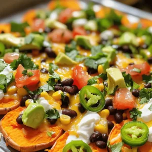 - 2 large sweet potatoes - 1 tablespoon olive oil - 1 teaspoon smoked paprika - 1 teaspoon garlic powder - Salt and freshly ground black pepper, to taste - 1 cup black beans, drained and rinsed - 1 cup corn kernels (can be fresh or frozen) - 1 cup shredded sharp cheddar cheese (or vegan cheese for a plant-based option) - 1 ripe avocado, diced - ½ cup ripe tomatoes, diced - ¼ cup green onions, finely chopped - ¼ cup fresh cilantro, chopped - 1 jalapeño, thinly sliced (optional for extra heat) - ½ cup Greek yogurt or sour cream (for serving) The main ingredients focus on sweet potatoes for a healthy base. They provide sweetness and fiber. Olive oil helps the spices stick and adds flavor. Smoked paprika and garlic powder give a nice kick. Black beans and corn add protein and texture. The cheese melts perfectly, covering all the flavors. Fresh toppings like avocado and tomatoes brighten every bite. - Vegan cheese alternatives - Additional toppings for customization You can swap sharp cheddar for vegan cheese if you prefer. This keeps it plant-based. You can add extra toppings too. Consider jalapeños for heat or bell peppers for crunch. Get creative with your favorite ingredients. - Calories per serving: About 350-400 - Macronutrient breakdown: - Carbohydrates: 50g - Protein: 15g - Fat: 15g Loaded sweet potato nachos are tasty and nutritious. They provide energy from carbs. The beans and cheese give you protein. Healthy fats come from olive oil and avocado. Each serving is a balanced choice for a snack or meal. Prepping the sweet potatoes Start by rinsing the sweet potatoes. Use cold water and scrub them well. This helps clean off dirt. Next, slice the sweet potatoes into rounds. Aim for about ¼ inch thick. This ensures they cook evenly. Mixing the seasoning In a large bowl, combine the sweet potato rounds with olive oil. Add smoked paprika and garlic powder next. Don't forget to sprinkle in salt and pepper. Toss everything well. You want the sweet potatoes to be coated evenly. Timing and temperature Preheat your oven to 400°F (200°C). This step is vital for the perfect nachos. Line a baking sheet with parchment paper. It helps with easy cleanup later. Spread the sweet potato rounds in a single layer on the sheet. Bake them for 20-25 minutes. Flip them halfway through to ensure even cooking. Layering the nachos Once the sweet potatoes are golden and crispy, take them out of the oven. Layer the sweet potato rounds on a serving platter. Start by adding black beans and corn over the top. Then sprinkle the shredded cheese evenly. Adding toppings Put the platter back in the oven for 5-10 minutes. This melts the cheese until bubbly. Keep a close watch to avoid burning. Afterward, take out the nachos and add fresh toppings. Sprinkle diced avocado, chopped tomatoes, and green onions. If you like heat, add jalapeño slices. Serving suggestions Serve your loaded sweet potato nachos right away. Pair them with Greek yogurt or sour cream on the side. For a fun twist, serve on a colorful plate. A lime wedge can brighten the flavors when squeezed on top. Enjoy your delicious creation! To get crispy sweet potatoes, cut them into even rounds. This helps them cook nicely. Make sure to coat them well in olive oil and spices. The oil helps them get a nice crunch. Bake at 400°F for 20-25 minutes. Flip them halfway for even cooking. For melting cheese evenly, layer it generously on top of the nachos. Return them to the oven for 5-10 minutes after adding cheese. Watch closely to prevent burning. You can easily make this dish vegan. Just swap the cheddar cheese for vegan cheese. This keeps the flavor and makes it plant-based. For a healthier option, use low-fat Greek yogurt instead of sour cream. Feel free to mix and match toppings. You can add different beans like pinto or garbanzo. If you don’t have corn, try diced bell peppers or olives. For serving suggestions, use a bright, colorful plate. This makes your nachos stand out. Arrange the toppings neatly for a beautiful display. Garnishing tips include adding a sprinkle of fresh cilantro. A wedge of lime on the side adds a nice touch. Squeeze it over the nachos for extra flavor. {{image_4}} You can easily change the flavors of your loaded sweet potato nachos. If you enjoy heat, try spicy loaded sweet potato nachos. Add more jalapeños or even some hot sauce. This adds a nice kick that warms you up. For a Tex-Mex style, mix in some taco seasoning and black olives. This will give your nachos a fun twist while keeping them tasty. Feel free to swap out ingredients based on what you have. You can use pinto beans or kidney beans instead of black beans. If you're not a fan of cheddar cheese, try Monterey Jack or a dairy-free cheese. For veggies, you can throw in bell peppers or zucchini. These swaps add new flavors and textures to your nachos. How you serve your nachos can change the vibe. A nacho platter is great for sharing at parties. Just layer everything on a big dish and let people dig in. If you want to make it more personal, serve individual portions. This makes it easier for everyone to enjoy. You can also add proteins like grilled chicken or beef to turn these nachos into a full meal. Just layer the proteins on top before serving for extra heartiness. To keep your loaded sweet potato nachos fresh, wait until they cool. Use an airtight container to store them. Do not stack nachos on top of each other. This way, the chips stay crispy. You can keep them in the fridge for up to three days. When reheating nachos, the oven is best. Preheat the oven to 350°F (175°C). Place the nachos on a baking sheet in a single layer. Heat for about 10 minutes. This helps to keep them crispy. You can also use the microwave, but it may make them soggy. If you use a microwave, heat in short bursts. You can freeze loaded nachos, but they may lose some texture. To freeze, place them in a freezer-safe bag. Remove as much air as you can. They can last for up to three months. To reheat, let them thaw in the fridge overnight. Then, bake them in the oven as mentioned above. This keeps them as tasty as possible! You can prep the sweet potatoes ahead. Slice them and coat with oil and spices. Store in an airtight container in the fridge. You can also cook them and keep them warm in the oven before serving. Just layer the nachos and add toppings right before eating. This keeps everything fresh and tasty. Yes, you can use white potatoes. They will cook the same way. However, they will taste different. Sweet potatoes add a nice sweetness. If you like that, stick with sweet potatoes. If you want a more savory flavor, white potatoes work great too. You can serve nachos with a side salad for extra greens. Grilled chicken or beef adds protein. You can also include guacamole or a bean dip. These sides make it a full meal. They add more flavor and texture to your dish. To spice up your nachos, add sliced jalapeños. You can mix in hot sauce with the black beans. Another option is to use pepper jack cheese instead of cheddar. These simple changes bring the heat without much effort. Enjoy your spicy twist! Loaded sweet potato nachos are a fun and tasty twist on a classic dish. We covered the key ingredients, from sweet potatoes to various toppings. The step-by-step guide helps you prepare and bake nachos perfectly. We shared tips for customizing flavors and presented ideas for serving. Enjoy experimenting with leftovers and different serving styles. You can make these nachos your own! Whether you prefer them spicy or mild, there's a version for everyone. I hope you feel inspired to create your own loaded sweet potato nachos!