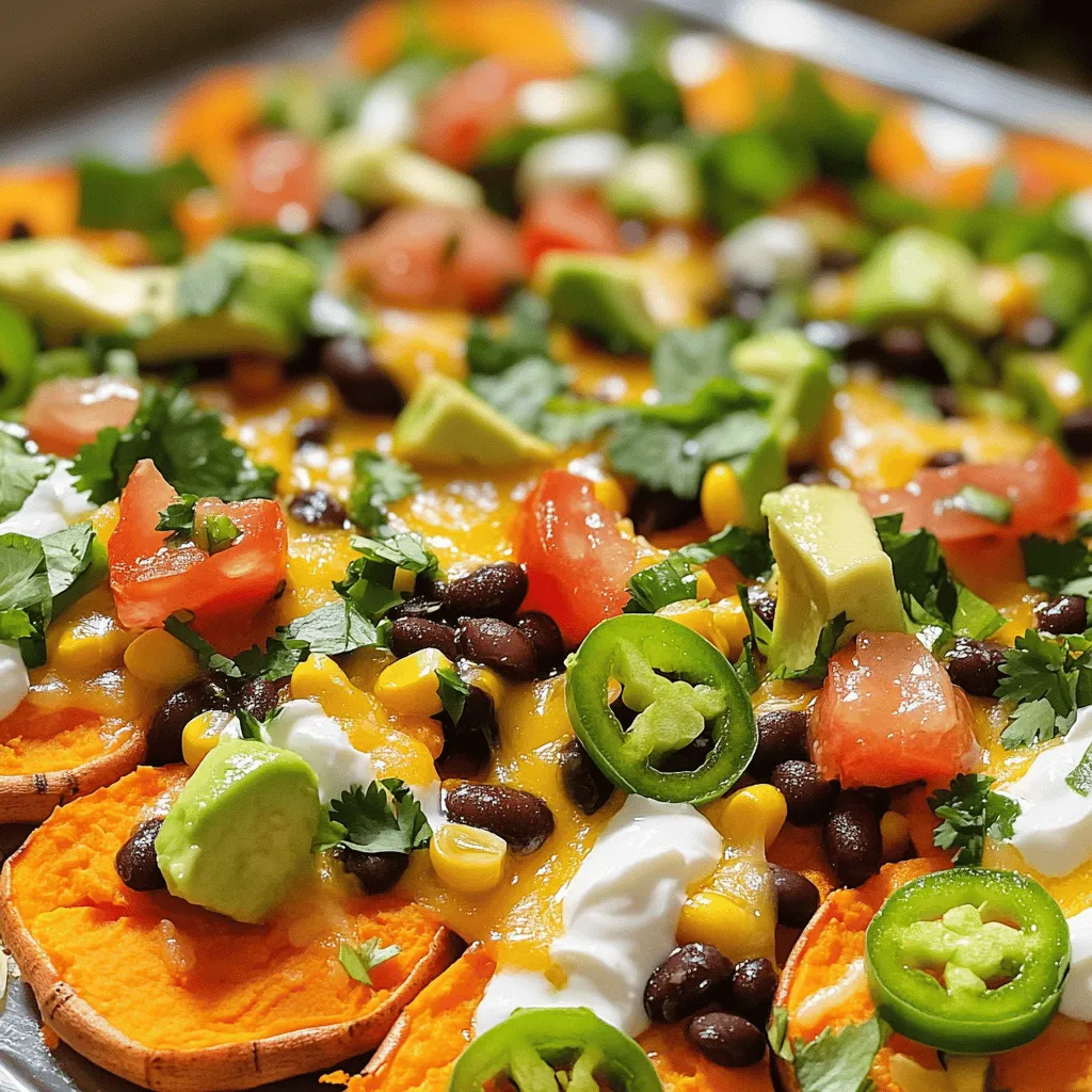 - 2 large sweet potatoes - 1 tablespoon olive oil - 1 teaspoon smoked paprika - 1 teaspoon garlic powder - Salt and freshly ground black pepper, to taste - 1 cup black beans, drained and rinsed - 1 cup corn kernels (can be fresh or frozen) - 1 cup shredded sharp cheddar cheese (or vegan cheese for a plant-based option) - 1 ripe avocado, diced - ½ cup ripe tomatoes, diced - ¼ cup green onions, finely chopped - ¼ cup fresh cilantro, chopped - 1 jalapeño, thinly sliced (optional for extra heat) - ½ cup Greek yogurt or sour cream (for serving) The main ingredients focus on sweet potatoes for a healthy base. They provide sweetness and fiber. Olive oil helps the spices stick and adds flavor. Smoked paprika and garlic powder give a nice kick. Black beans and corn add protein and texture. The cheese melts perfectly, covering all the flavors. Fresh toppings like avocado and tomatoes brighten every bite. - Vegan cheese alternatives - Additional toppings for customization You can swap sharp cheddar for vegan cheese if you prefer. This keeps it plant-based. You can add extra toppings too. Consider jalapeños for heat or bell peppers for crunch. Get creative with your favorite ingredients. - Calories per serving: About 350-400 - Macronutrient breakdown: - Carbohydrates: 50g - Protein: 15g - Fat: 15g Loaded sweet potato nachos are tasty and nutritious. They provide energy from carbs. The beans and cheese give you protein. Healthy fats come from olive oil and avocado. Each serving is a balanced choice for a snack or meal. Prepping the sweet potatoes Start by rinsing the sweet potatoes. Use cold water and scrub them well. This helps clean off dirt. Next, slice the sweet potatoes into rounds. Aim for about ¼ inch thick. This ensures they cook evenly. Mixing the seasoning In a large bowl, combine the sweet potato rounds with olive oil. Add smoked paprika and garlic powder next. Don't forget to sprinkle in salt and pepper. Toss everything well. You want the sweet potatoes to be coated evenly. Timing and temperature Preheat your oven to 400°F (200°C). This step is vital for the perfect nachos. Line a baking sheet with parchment paper. It helps with easy cleanup later. Spread the sweet potato rounds in a single layer on the sheet. Bake them for 20-25 minutes. Flip them halfway through to ensure even cooking. Layering the nachos Once the sweet potatoes are golden and crispy, take them out of the oven. Layer the sweet potato rounds on a serving platter. Start by adding black beans and corn over the top. Then sprinkle the shredded cheese evenly. Adding toppings Put the platter back in the oven for 5-10 minutes. This melts the cheese until bubbly. Keep a close watch to avoid burning. Afterward, take out the nachos and add fresh toppings. Sprinkle diced avocado, chopped tomatoes, and green onions. If you like heat, add jalapeño slices. Serving suggestions Serve your loaded sweet potato nachos right away. Pair them with Greek yogurt or sour cream on the side. For a fun twist, serve on a colorful plate. A lime wedge can brighten the flavors when squeezed on top. Enjoy your delicious creation! To get crispy sweet potatoes, cut them into even rounds. This helps them cook nicely. Make sure to coat them well in olive oil and spices. The oil helps them get a nice crunch. Bake at 400°F for 20-25 minutes. Flip them halfway for even cooking. For melting cheese evenly, layer it generously on top of the nachos. Return them to the oven for 5-10 minutes after adding cheese. Watch closely to prevent burning. You can easily make this dish vegan. Just swap the cheddar cheese for vegan cheese. This keeps the flavor and makes it plant-based. For a healthier option, use low-fat Greek yogurt instead of sour cream. Feel free to mix and match toppings. You can add different beans like pinto or garbanzo. If you don’t have corn, try diced bell peppers or olives. For serving suggestions, use a bright, colorful plate. This makes your nachos stand out. Arrange the toppings neatly for a beautiful display. Garnishing tips include adding a sprinkle of fresh cilantro. A wedge of lime on the side adds a nice touch. Squeeze it over the nachos for extra flavor. {{image_4}} You can easily change the flavors of your loaded sweet potato nachos. If you enjoy heat, try spicy loaded sweet potato nachos. Add more jalapeños or even some hot sauce. This adds a nice kick that warms you up. For a Tex-Mex style, mix in some taco seasoning and black olives. This will give your nachos a fun twist while keeping them tasty. Feel free to swap out ingredients based on what you have. You can use pinto beans or kidney beans instead of black beans. If you're not a fan of cheddar cheese, try Monterey Jack or a dairy-free cheese. For veggies, you can throw in bell peppers or zucchini. These swaps add new flavors and textures to your nachos. How you serve your nachos can change the vibe. A nacho platter is great for sharing at parties. Just layer everything on a big dish and let people dig in. If you want to make it more personal, serve individual portions. This makes it easier for everyone to enjoy. You can also add proteins like grilled chicken or beef to turn these nachos into a full meal. Just layer the proteins on top before serving for extra heartiness. To keep your loaded sweet potato nachos fresh, wait until they cool. Use an airtight container to store them. Do not stack nachos on top of each other. This way, the chips stay crispy. You can keep them in the fridge for up to three days. When reheating nachos, the oven is best. Preheat the oven to 350°F (175°C). Place the nachos on a baking sheet in a single layer. Heat for about 10 minutes. This helps to keep them crispy. You can also use the microwave, but it may make them soggy. If you use a microwave, heat in short bursts. You can freeze loaded nachos, but they may lose some texture. To freeze, place them in a freezer-safe bag. Remove as much air as you can. They can last for up to three months. To reheat, let them thaw in the fridge overnight. Then, bake them in the oven as mentioned above. This keeps them as tasty as possible! You can prep the sweet potatoes ahead. Slice them and coat with oil and spices. Store in an airtight container in the fridge. You can also cook them and keep them warm in the oven before serving. Just layer the nachos and add toppings right before eating. This keeps everything fresh and tasty. Yes, you can use white potatoes. They will cook the same way. However, they will taste different. Sweet potatoes add a nice sweetness. If you like that, stick with sweet potatoes. If you want a more savory flavor, white potatoes work great too. You can serve nachos with a side salad for extra greens. Grilled chicken or beef adds protein. You can also include guacamole or a bean dip. These sides make it a full meal. They add more flavor and texture to your dish. To spice up your nachos, add sliced jalapeños. You can mix in hot sauce with the black beans. Another option is to use pepper jack cheese instead of cheddar. These simple changes bring the heat without much effort. Enjoy your spicy twist! Loaded sweet potato nachos are a fun and tasty twist on a classic dish. We covered the key ingredients, from sweet potatoes to various toppings. The step-by-step guide helps you prepare and bake nachos perfectly. We shared tips for customizing flavors and presented ideas for serving. Enjoy experimenting with leftovers and different serving styles. You can make these nachos your own! Whether you prefer them spicy or mild, there's a version for everyone. I hope you feel inspired to create your own loaded sweet potato nachos!