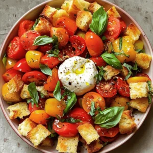 - 4 cups mixed heirloom tomatoes, roughly chopped - 1 ball (approximately 8 oz) fresh burrata cheese, well-drained - 2 cups stale ciabatta bread, cut into 1-inch cubes - 1 small red onion, finely sliced - 1/2 cup fresh basil leaves, torn - 1/4 cup high-quality extra-virgin olive oil - 2 tablespoons aged balsamic vinegar - Sea salt and freshly cracked black pepper This recipe serves four people. It takes about 15 minutes to prep. The total time is 30 minutes. Each serving has approximately: - Calories: 350 - Fat: 20g - Carbohydrates: 30g - Protein: 10g This salad is fresh and light, making it perfect for warm days. The mix of sweet tomatoes, creamy burrata, and crunchy bread makes every bite a delight. - Preheat your oven to 400°F (200°C). This step warms the oven, ensuring even baking. - Spread the stale ciabatta cubes on a baking sheet. Drizzle half of the olive oil over them. Toss the cubes to coat them evenly. This helps to add flavor and crispiness. - Bake the bread for about 10-12 minutes. Look for a golden brown color. Remove them from the oven and let them cool completely. - In a large mixing bowl, combine the chopped heirloom tomatoes, sliced red onion, and torn basil leaves. This mix offers great color and flavor. - In a small bowl, whisk the remaining olive oil and balsamic vinegar together. Pour this dressing over the tomato mix. Toss gently to combine everything. Season with sea salt and black pepper to taste. This enhances all the flavors. - Add the toasted ciabatta cubes to the tomato salad. Toss gently to let the bread soak up the juicy flavors. This creates a delightful texture. - Tear the burrata cheese into pieces and scatter it on top of the salad. This creamy cheese adds richness to every bite. - Serve this salad right away. Enjoy the contrast of the crisp bread, juicy tomatoes, and creamy burrata. How do I balance acidity and seasoning? To balance the flavors, use quality ingredients. The ripe tomatoes add natural sweetness. The extra-virgin olive oil and balsamic vinegar enhance the taste. Use sea salt and freshly cracked black pepper to boost flavor. Taste as you go to find the right balance. What tomatoes should I choose? I suggest using mixed heirloom tomatoes. They come in various colors and sizes. This variety not only looks great but also adds depth of flavor. Look for tomatoes that feel firm but have a slight give when pressed. How can I arrange the salad visually? For a stunning look, use a large, shallow bowl. Start with the chopped tomatoes at the bottom. Layer the ciabatta croutons on top, then add torn basil leaves. Place the burrata in the center, showcasing its creaminess. This creates a beautiful focal point. What garnishing ideas can I use with basil? Torn basil leaves make a great garnish. They add a fresh aroma and vibrant color. You can also drizzle a little extra olive oil on top. This adds a glossy finish and enhances the dish’s appeal. How can I use pre-cubed bread? Using pre-cubed bread cuts down on prep time. You can find it in most grocery stores. Just toast it in the oven for that crunchy texture. This way, you save time without losing flavor. What are shortcuts for slicing tomatoes and onions? For quick slicing, use a sharp knife. Cut tomatoes in half, then slice into wedges. For onions, cut off the ends, then cut them in half. This method makes it easy to create even slices without tears. {{image_4}} You can make this salad even better with some fun extras. Try adding proteins like grilled chicken or shrimp. These meats add a hearty touch and make the salad a full meal. You can also mix in more vegetables. Cucumbers add a cool crunch, while bell peppers bring a sweet flavor. These additions keep your salad fresh and exciting. Feel free to experiment with your favorites! If you need gluten-free options, use gluten-free bread for the croutons. They will still bring that crunchy texture. For a dairy-free alternative, you can swap burrata for a nut-based cheese. This choice keeps the salad creamy without using dairy. Switch up the vegetables based on the season. In summer, mix in zucchini or radishes for a vibrant touch. As fall approaches, consider adding roasted sweet potatoes or brussels sprouts. These hearty veggies make the salad warm and cozy. In winter, you can use kale or spinach for freshness during the colder months. This way, you can enjoy Panzanella all year long! To keep your Tomato Burrata Panzanella Salad fresh, store it properly. Use a sealed container for the best results. Avoid mixing all ingredients until you serve. This way, the croutons stay crunchy and the tomatoes remain juicy. I recommend using glass containers; they do not retain odors and are easy to clean. If you have leftover dressing, store it separately in a small jar. You may want to restore the crispness of your croutons. To do this, preheat your oven to 350°F (175°C). Spread the croutons on a baking sheet. Bake for about 5-7 minutes until they are warm and crispy again. This helps revive that delicious crunch without making them soggy. The salad is best eaten right away, but you can store it for up to two days. After two days, the ingredients may lose their texture and flavor. So, enjoy it soon for the best taste! Panzanella salad is a classic Italian dish. It started in Tuscany, where people made it to use old bread. The salad has simple, fresh ingredients. It usually includes tomatoes, onions, and stale bread. You mix these with olive oil and vinegar. The bread soaks up the tomato juices. This gives the salad a great flavor. It’s colorful and full of texture. Heirloom tomatoes add a special touch with their different colors. You can prep some parts early. Cut the tomatoes and onions ahead of time. Store them in the fridge. You can also make the dressing in advance. Just mix the olive oil and balsamic vinegar. Keep it in a jar. The stale ciabatta can be toasted a few hours before. However, wait to mix everything until right before serving. This keeps the bread crispy and the salad fresh. If you can’t find burrata, try fresh mozzarella. It has a similar creamy taste. For vegan options, use avocado or a nut-based cheese. These give a rich flavor without dairy. You can also skip cheese entirely. The salad will still taste great with the fresh veggies and dressing. This blog post covered all you need to know about making a fresh Panzanella salad. You learned about the best ingredients, like juicy heirloom tomatoes and creamy burrata. I shared step-by-step instructions and helpful tips for great flavor. Don’t forget the variations to suit your taste, whether you want proteins or seasonal veggies. Store leftovers properly for freshness. Enjoy creating this tasty salad, and remember, it’s easy and fun to make! Your next meal can be delicious and refreshing with these tips!