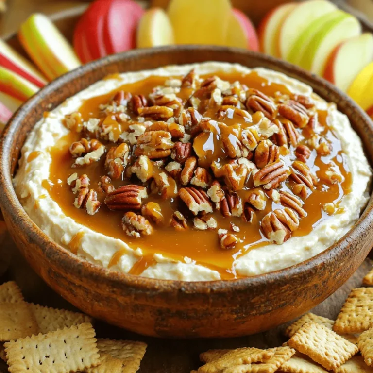 - 8 oz cream cheese, softened to room temperature - 1/2 cup powdered sugar - 1/4 cup brown sugar, packed - 1 teaspoon pure vanilla extract - 1 cup heavy whipping cream - 1/2 cup caramel sauce (store-bought or homemade) - 1/2 cup pecans, toasted and finely chopped To make this dip, you need a few key items. First, cream cheese gives a rich base. Use softened cream cheese for easy mixing. The sugars add sweetness, while vanilla extract brings a lovely aroma. Heavy whipping cream makes the dip fluffy and light. Caramel sauce adds that sweet touch, and pecans give a nice crunch. - Graham crackers - Apple slices - Pretzels When it comes to dippers, choose what you like best. Graham crackers add a sweet crunch. Apple slices give a fresh flavor. Pretzels add a salty twist. Feel free to mix and match! - Extra caramel drizzle - Sea salt For extra flair, drizzle more caramel on top. A sprinkle of sea salt can boost the flavors. These garnishes make your dip not only tasty but also pretty! - Soften the cream cheese To start, take the cream cheese out of the fridge. Let it sit at room temperature for about 30 minutes. This step makes it easier to mix. - Mix and incorporate sugars Place the softened cream cheese in a mixing bowl. Add 1/2 cup of powdered sugar and 1/4 cup of brown sugar. Use an electric mixer on low speed to blend well. Then, increase the speed to medium for about a minute. You want a smooth and creamy texture. - Add vanilla extract Pour in 1 teaspoon of pure vanilla extract. Mix gently for just a few seconds. This adds great flavor to the dip. - Beat the heavy cream In another bowl, pour in 1 cup of heavy whipping cream. Use an electric mixer on medium-high speed to whip it. Beat until soft peaks form, which takes about 2-3 minutes. - Fold into the cream cheese mixture Carefully scoop the whipped cream into the cream cheese mixture. Use a spatula to fold it in. Start with a small amount to lighten the mix. Then, gently add the rest until everything is blended but still fluffy. - Add caramel and pecans Drizzle in 1/2 cup of caramel sauce and add 1/2 cup of chopped pecans. Gently fold them in until they spread evenly in the dip. Be careful not to deflate the dip. - Serve with dippers Transfer the dip to a pretty serving bowl. Pour the remaining caramel sauce on top and sprinkle with more pecans. Serve it right away with graham crackers, apple slices, or pretzels for dipping. Enjoy this sweet delight! Softened cream cheese is key for this dip. If it’s too cold, your dip will be lumpy. Leave it out for about 30 minutes before mixing. Use an electric mixer to beat the cream cheese until smooth. This takes about 2-3 minutes on medium speed. Next, whip the heavy cream to soft peaks. This means the cream should hold some shape but still be soft. Beat it on medium-high speed for 2-3 minutes. This adds lightness to your dip. Caramel Pecan Cheesecake Dip shines at parties and game days. It’s perfect for gatherings and family nights. Serve it in a decorative bowl to impress your guests. For extra flair, place the dip on a wooden board. Add a small bowl of extra caramel sauce and a sprinkle of sea salt. This adds a nice touch to the look and taste. Avoid overmixing the dip. It can become too runny if you mix for too long. Mix until just combined for the best texture. Also, remember to chill the dip before serving. While it doesn’t need much time, chilling helps the flavors meld. This makes every bite taste better! {{image_4}} You can make this dip even more fun! - Adding chocolate chips: Add 1/2 cup of mini chocolate chips to the mix. This makes the dip rich and sweet. - Experimenting with different nuts: Try walnuts or almonds instead of pecans. Each nut gives a new taste and texture. You can change the dip to fit your needs. - Gluten-free dippers: Use rice crackers or fresh veggies instead of graham crackers. They pair well with the creamy dip. - Alternative sweeteners: Replace powdered sugar with a sugar substitute like stevia. This makes it low-calorie and still tasty. Make this dip special for any season. - Holiday-themed toppings: Top with crushed candy canes for Christmas or sprinkles for birthdays. This adds color and fun. - Incorporating spices like cinnamon: Mix in 1/2 teaspoon of cinnamon for a warm flavor. This is great for fall and winter gatherings. To store leftover dip, place it in an airtight container. Make sure the lid is tight. Keep it in the fridge. This helps the dip stay fresh and tasty. Yes, you can freeze Caramel Pecan Cheesecake Dip. However, the texture may change after freezing. To freeze, place the dip in a freezer-safe container. Leave some space at the top for expansion. Seal it well and label with the date. For thawing, move the dip to the fridge for about 24 hours. This helps it thaw slowly. When ready to serve, stir the dip gently to bring back its smoothness. You can add more caramel or chopped pecans if needed. The dip lasts up to five days in the fridge. After that, it may start to lose flavor and texture. Always check for any off smells or changes in color before enjoying. You can use dairy-free or vegan options like cashew cream or tofu. Both provide a creamy texture. For a nut-free choice, try using dairy-free cream cheese. Be sure to check labels for added flavors and sugars. Yes, you can make this dip ahead of time. Simply prepare it and store it in the fridge. Cover it tightly to keep it fresh. It tastes great after chilling for a few hours. Just remember to give it a gentle stir before serving. The best dippers for this cheesecake dip include: - Graham crackers - Apple slices - Pretzels These pair well with the sweet and creamy dip. You can also try vanilla wafers or even strawberries for a fun twist. To make simple homemade caramel sauce, follow these steps: 1. In a saucepan, combine 1 cup of sugar and 1/4 cup of water. 2. Stir gently over medium heat until the sugar dissolves. 3. Allow it to boil without stirring until it turns a deep amber color. 4. Remove from heat and carefully add 1/2 cup of heavy cream. 5. Stir until smooth, then let it cool before using. The Caramel Pecan Cheesecake Dip is easy to make and fun to share. You learned about the basic ingredients like cream cheese, sugars, and caramel sauce. You also saw simple steps for mixing and whipping to get the right texture. Remember to avoid common mistakes, like overmixing, to ensure a smooth dip. Feel free to try different flavors and dippers to make it your own. This dip also stores well in the fridge or freezer. Enjoy this sweet treat at your next gathering!