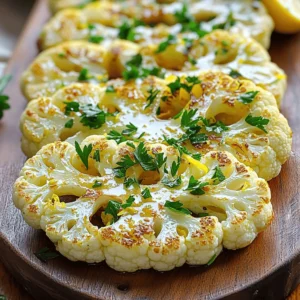 - 1 large head of cauliflower - 4 cloves of garlic, finely minced - 1/4 cup extra virgin olive oil - Zest and juice of 1 large lemon - 1 teaspoon smoked paprika - 1 teaspoon ground cumin - Salt and freshly ground black pepper to taste - Fresh parsley, finely chopped Garlic Lemon Roasted Cauliflower Steaks start with a large head of cauliflower. This veggie is the star of the dish. It gives you a great base for flavor. You need four cloves of garlic, finely minced, to bring out a rich taste. The olive oil adds a nice texture and helps the spices stick. You also need the zest and juice of one large lemon. The lemon gives a fresh, bright flavor. For seasoning, smoked paprika adds a warm touch. Ground cumin gives a hint of earthiness. Don’t forget salt and pepper; they enhance every bite. Finally, we will garnish with fresh parsley. It adds color and a hint of freshness. Each ingredient plays a role in making this dish a delight. - Preheat your oven to 425°F (220°C). - Take a large head of cauliflower. Trim the green leaves and cut the stem. - Stand the cauliflower on a cutting board. Slice it into 3/4-inch thick steaks. - You should get about 3 to 4 nice, thick steaks. - Grab a mixing bowl and add 4 cloves of minced garlic. - Pour in 1/4 cup of extra virgin olive oil. - Add the zest and juice of 1 large lemon. - Sprinkle in 1 teaspoon of smoked paprika and 1 teaspoon of ground cumin. - Mix well until all ingredients blend into a smooth marinade. - Use a pastry brush or spoon to coat both sides of each steak with the marinade. - Arrange the coated steaks on a baking sheet lined with parchment paper. - Roast them in the oven for 25-30 minutes. - Flip the steaks halfway through to ensure even cooking. - They should come out golden brown and tender. Flipping your cauliflower steaks is key to even browning. When you turn them halfway, they cook evenly. This gives them a nice golden color. Adjust the roasting time based on how tender you want them. For a softer steak, roast a bit longer. For extra flavor, try adding spices like chili flakes or thyme. You can also boost the taste with herbs like rosemary or oregano. Remember to season generously with salt and pepper. This helps all the flavors stand out in each bite. Serve your cauliflower steaks on a colorful platter for a beautiful display. Add lemon wedges on the side. This not only looks nice but also adds a fresh burst of flavor. A sprinkle of fresh parsley on top makes the dish even more appealing. {{image_4}} You can spice things up by adding chili flakes. This makes the dish hot and exciting. Just sprinkle a pinch on the cauliflower before roasting. If you want a richer taste, try adding cheese. Feta or parmesan cheese melts beautifully on top. It adds a creamy layer that enhances the dish. For those who need gluten-free options, you’re in luck! This recipe is naturally gluten-free. You can enjoy it without worry. If you want to swap out cheese for a vegan option, try nutritional yeast. It gives a cheesy flavor without dairy. Incorporate seasonal vegetables to change things up. Try adding sliced bell peppers or zucchini for color and taste. You can also adjust flavors based on the season. Use herbs like rosemary in fall or fresh basil in summer to brighten the dish. This keeps it fresh and exciting all year round. To keep your roasted cauliflower steaks fresh, store them in an airtight container. This method helps maintain their flavor and texture. Place the container in your fridge. You can keep them for about 3 to 5 days. If you want to eat them later, make sure they cool first before sealing. Reheating roasted cauliflower steaks can be easy. To keep their flavor, I suggest using an oven. Set it to 350°F (175°C). Place the steaks on a baking sheet and heat for about 10-15 minutes. You can also use a microwave, but they may become soft. Heat them for about 1-2 minutes. If you plan to freeze your cauliflower steaks, do it before roasting. Cut them into steaks and freeze them flat on a baking sheet. Once frozen, transfer them to a freezer bag. They can stay good for up to 3 months. When you’re ready to cook, thaw them in the fridge overnight. After thawing, roast them as usual. The total cooking time for garlic lemon roasted cauliflower steaks is about 40 minutes. This includes 10 minutes for prep and 25-30 minutes for roasting. Make sure to flip the steaks halfway for even cooking. I recommend using fresh cauliflower for the best taste and texture. Frozen cauliflower can work, but it may be softer and lack the same flavor. Fresh cauliflower gives you that nice, crispy texture. These steaks pair well with many dishes. You can serve them with a fresh salad, quinoa, or rice. They also go great with grilled chicken or fish. For a fun twist, add a dollop of yogurt or tahini sauce on top. Cauliflower is very healthy! It is low in calories and high in vitamins. It contains fiber, which helps digestion. Plus, it is rich in antioxidants that support overall health. Eating cauliflower can help you feel full and satisfied without extra calories. Roasting cauliflower steaks is simple and rewarding. You learned about the right ingredients, how to marinate, and the best cooking times. I shared tips for enhancing flavor and ideas for serving. You can try different spices or even add cheese. Remember, proper storage keeps your leftovers fresh. Enjoy exploring this versatile vegetable, and don't hesitate to create your own variations. With practice, you'll become a pro at making delicious roasted cauliflower steaks that everyone will love.