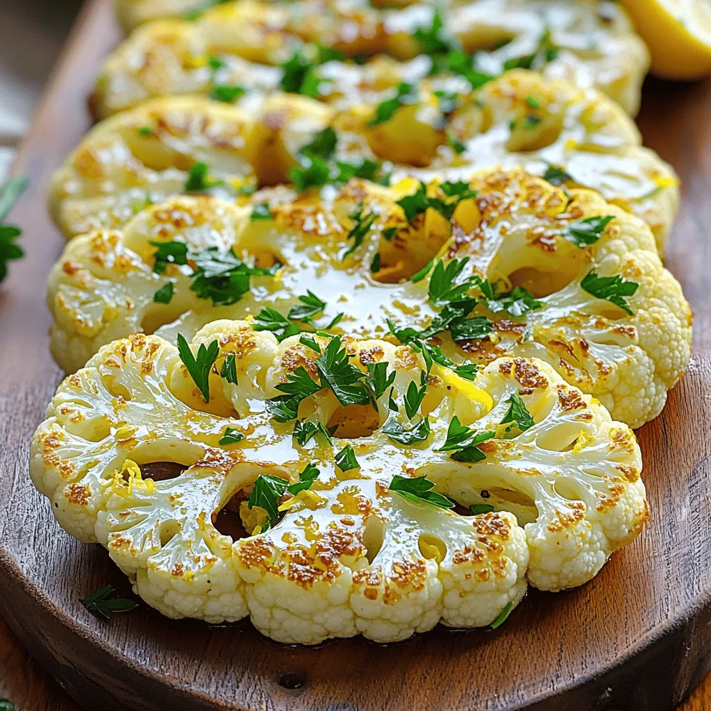 - 1 large head of cauliflower - 4 cloves of garlic, finely minced - 1/4 cup extra virgin olive oil - Zest and juice of 1 large lemon - 1 teaspoon smoked paprika - 1 teaspoon ground cumin - Salt and freshly ground black pepper to taste - Fresh parsley, finely chopped Garlic Lemon Roasted Cauliflower Steaks start with a large head of cauliflower. This veggie is the star of the dish. It gives you a great base for flavor. You need four cloves of garlic, finely minced, to bring out a rich taste. The olive oil adds a nice texture and helps the spices stick. You also need the zest and juice of one large lemon. The lemon gives a fresh, bright flavor. For seasoning, smoked paprika adds a warm touch. Ground cumin gives a hint of earthiness. Don’t forget salt and pepper; they enhance every bite. Finally, we will garnish with fresh parsley. It adds color and a hint of freshness. Each ingredient plays a role in making this dish a delight. - Preheat your oven to 425°F (220°C). - Take a large head of cauliflower. Trim the green leaves and cut the stem. - Stand the cauliflower on a cutting board. Slice it into 3/4-inch thick steaks. - You should get about 3 to 4 nice, thick steaks. - Grab a mixing bowl and add 4 cloves of minced garlic. - Pour in 1/4 cup of extra virgin olive oil. - Add the zest and juice of 1 large lemon. - Sprinkle in 1 teaspoon of smoked paprika and 1 teaspoon of ground cumin. - Mix well until all ingredients blend into a smooth marinade. - Use a pastry brush or spoon to coat both sides of each steak with the marinade. - Arrange the coated steaks on a baking sheet lined with parchment paper. - Roast them in the oven for 25-30 minutes. - Flip the steaks halfway through to ensure even cooking. - They should come out golden brown and tender. Flipping your cauliflower steaks is key to even browning. When you turn them halfway, they cook evenly. This gives them a nice golden color. Adjust the roasting time based on how tender you want them. For a softer steak, roast a bit longer. For extra flavor, try adding spices like chili flakes or thyme. You can also boost the taste with herbs like rosemary or oregano. Remember to season generously with salt and pepper. This helps all the flavors stand out in each bite. Serve your cauliflower steaks on a colorful platter for a beautiful display. Add lemon wedges on the side. This not only looks nice but also adds a fresh burst of flavor. A sprinkle of fresh parsley on top makes the dish even more appealing. {{image_4}} You can spice things up by adding chili flakes. This makes the dish hot and exciting. Just sprinkle a pinch on the cauliflower before roasting. If you want a richer taste, try adding cheese. Feta or parmesan cheese melts beautifully on top. It adds a creamy layer that enhances the dish. For those who need gluten-free options, you’re in luck! This recipe is naturally gluten-free. You can enjoy it without worry. If you want to swap out cheese for a vegan option, try nutritional yeast. It gives a cheesy flavor without dairy. Incorporate seasonal vegetables to change things up. Try adding sliced bell peppers or zucchini for color and taste. You can also adjust flavors based on the season. Use herbs like rosemary in fall or fresh basil in summer to brighten the dish. This keeps it fresh and exciting all year round. To keep your roasted cauliflower steaks fresh, store them in an airtight container. This method helps maintain their flavor and texture. Place the container in your fridge. You can keep them for about 3 to 5 days. If you want to eat them later, make sure they cool first before sealing. Reheating roasted cauliflower steaks can be easy. To keep their flavor, I suggest using an oven. Set it to 350°F (175°C). Place the steaks on a baking sheet and heat for about 10-15 minutes. You can also use a microwave, but they may become soft. Heat them for about 1-2 minutes. If you plan to freeze your cauliflower steaks, do it before roasting. Cut them into steaks and freeze them flat on a baking sheet. Once frozen, transfer them to a freezer bag. They can stay good for up to 3 months. When you’re ready to cook, thaw them in the fridge overnight. After thawing, roast them as usual. The total cooking time for garlic lemon roasted cauliflower steaks is about 40 minutes. This includes 10 minutes for prep and 25-30 minutes for roasting. Make sure to flip the steaks halfway for even cooking. I recommend using fresh cauliflower for the best taste and texture. Frozen cauliflower can work, but it may be softer and lack the same flavor. Fresh cauliflower gives you that nice, crispy texture. These steaks pair well with many dishes. You can serve them with a fresh salad, quinoa, or rice. They also go great with grilled chicken or fish. For a fun twist, add a dollop of yogurt or tahini sauce on top. Cauliflower is very healthy! It is low in calories and high in vitamins. It contains fiber, which helps digestion. Plus, it is rich in antioxidants that support overall health. Eating cauliflower can help you feel full and satisfied without extra calories. Roasting cauliflower steaks is simple and rewarding. You learned about the right ingredients, how to marinate, and the best cooking times. I shared tips for enhancing flavor and ideas for serving. You can try different spices or even add cheese. Remember, proper storage keeps your leftovers fresh. Enjoy exploring this versatile vegetable, and don't hesitate to create your own variations. With practice, you'll become a pro at making delicious roasted cauliflower steaks that everyone will love.