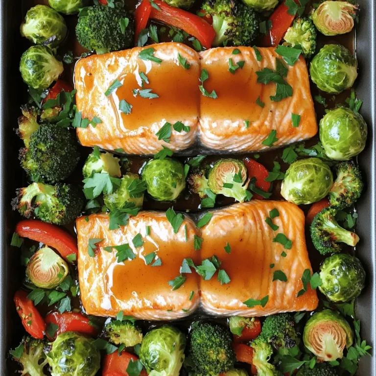 - 4 salmon fillets, skin-on for extra flavor - 1 cup Brussels sprouts, halved - 2 cups broccoli florets, fresh or frozen - 1 red bell pepper, sliced into thin strips - 1/4 cup pure maple syrup, preferably grade A - 3 tablespoons low-sodium soy sauce - 3 cloves garlic, minced finely - 2 tablespoons extra virgin olive oil - Fresh parsley, finely chopped for garnish Having the right ingredients makes all the difference in this dish. I love using skin-on salmon fillets. The skin adds lots of flavor and keeps the fish moist while cooking. For veggies, I choose Brussels sprouts, broccoli, and red bell pepper. These colorful veggies roast well and add great texture. The marinade is where the magic happens. Pure maple syrup brings sweetness. Low-sodium soy sauce adds a nice umami flavor. Garlic gives it a rich taste, while olive oil combines everything. I often whisk these together in a bowl, and you can smell the delicious aroma when mixing. Finally, I like to garnish with fresh parsley. It adds a burst of color and a hint of freshness. This dish is not just tasty; it also looks stunning on the table! - Preheat your oven to 400°F (200°C). - Line a large, rimmed baking sheet with parchment paper. This helps with easy cleanup. - In a small bowl, whisk together: - 1/4 cup pure maple syrup - 3 tablespoons low-sodium soy sauce - 3 cloves garlic, minced - 2 tablespoons extra virgin olive oil - A pinch of salt and pepper - This tasty mix will soak into the salmon and veggies. - Place 4 salmon fillets, skin side down, on one side of the baking sheet. - Coat the salmon with the marinade using a brush or spoon. - Save a little marinade for later. - In a big bowl, mix: - 1 cup halved Brussels sprouts - 2 cups broccoli florets - 1 sliced red bell pepper - Drizzle the veggies with the rest of the marinade and toss well. - Spread the marinated salmon on one side and the veggies on the other side of the sheet. - Bake in the preheated oven for 15-20 minutes. - Check the salmon; it should flake easily with a fork. The veggies should be tender and slightly caramelized. - Remove from the oven and let cool for a few moments. To check if your salmon is done, use a fork. Gently press the thickest part of the fillet. If it flakes easily, it’s ready. You can also use a meat thermometer. Aim for an internal temperature of 145°F (63°C). This ensures the fish stays moist and flavorful. When cooking salmon, look for a bright pink color. The fish should be opaque and slightly firm to the touch. If it still looks raw in the middle, give it a few extra minutes in the oven. For roasted veggies, aim for a tender-crisp texture. They should be soft but not mushy. Spread them out on the pan for even cooking. Avoid crowding the pan, as this leads to steaming instead of roasting. You can swap out the recommended vegetables for others you enjoy. Carrots, zucchini, or asparagus work well. Just make sure to cut them into similar sizes for even cooking. Marinating is key for flavor. It allows the salmon and veggies to soak up all that delicious sauce. Aim for at least 15-30 minutes of marinating time. If you have more time, marinate for up to 2 hours in the fridge. For a stronger flavor, increase the marinating time. Just be careful not to marinate too long, as the acid in the soy sauce can break down the fish. Enjoy experimenting with the flavor intensity! {{image_4}} You can switch up the protein in this dish. Instead of salmon, try these options: - Trout fillets: They have a similar taste and texture. - Chicken breasts: They work well with the same marinade. - Tofu: A great vegetarian choice; use firm tofu for best results. For a fun twist, you can grill or roast shrimp. Just adjust the cooking time since they cook faster than salmon. Seasonal veggies add variety and flavor. Here are some great choices: - Carrots: Slice them thin for quick roasting. They add a nice sweetness. - Asparagus: This green veggie pairs well with maple and garlic. - Zucchini: Cut into half-moons for a tender texture. Each vegetable brings its own flavor profile. For example, Brussels sprouts offer a nutty taste, while bell peppers add a crisp, sweet crunch. You can customize the sauce to fit your taste. Here are some ideas: - Add spices: Try a pinch of chili powder for heat or smoked paprika for depth. - Fresh herbs: Toss in dill or thyme for a fresh twist. - Different syrups: Swap maple syrup for honey or agave syrup for a change. Experimenting with sauces makes this dish your own. Each variation can transform the meal into something new and exciting. To keep your leftovers fresh, use airtight containers. Glass or plastic containers work well. Store them in the fridge and enjoy within three days. This keeps the salmon and veggies tasty and safe. You can freeze this dish for later. Place the cooled salmon and veggies in freezer-safe bags. Squeeze out the air to avoid freezer burn. The meal stays good for up to three months. When you are ready to eat, thaw it overnight in the fridge. To reheat salmon and veggies, use an oven or skillet. Preheat the oven to 350°F (175°C). Place the food on a baking sheet and cover it with foil. Heat for about 15 minutes. If using a skillet, warm it over medium heat with a splash of water. This keeps the food moist. Always check the salmon for freshness before serving. Yes, you can use frozen salmon. Just make sure to thaw it first. Place the salmon in the fridge overnight or run it under cold water for faster thawing. Once thawed, follow the recipe as usual. Fresh salmon has a firmer texture, but frozen works well too. You can tell salmon is done when it flakes easily with a fork. This usually takes about 15 to 20 minutes at 400°F (200°C). Look for a light pink color inside. If it looks opaque and flakes apart, it’s ready. If you don't have maple syrup, you can use honey or agave nectar. Both sweeten the dish well. Brown sugar mixed with water can work too. Just remember, it will change the flavor slightly, but it will still be delicious! Yes, you can prepare this dish ahead of time. Marinate the salmon and veggies earlier in the day. Store them in the fridge until you are ready to bake. You can also cook it and reheat later. Just make sure to cool it completely before storing. Many side dishes go well with salmon. Consider serving it with quinoa or rice. A fresh salad complements the meal nicely. You can also add some crusty bread to soak up the sauce. These options round out the meal beautifully. This recipe for baked salmon and vegetables shines with flavor and health. We went over key ingredients like salmon, veggies, and a sweet marinade. The simple steps make it easy to prepare and cook. I shared tips to perfect your dish and ideas for swapping ingredients. You can enjoy this meal fresh or stored for later. Get ready to impress your family or friends with this tasty and flexible recipe. It makes eating healthy simple and fun!