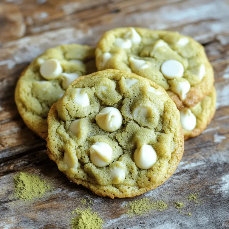 - 1 cup all-purpose flour - 2 teaspoons matcha green tea powder - 1/2 teaspoon baking soda - 1/4 teaspoon salt - 1/2 cup unsalted butter, softened - 1/2 cup packed brown sugar - 1/4 cup granulated sugar - 1 large egg - 1 teaspoon pure vanilla extract - 1 cup white chocolate chips - Optional: 1/4 cup chopped macadamia nuts For these chewy matcha white chocolate cookies, you need simple ingredients. Each one adds its own magic. First, all-purpose flour gives structure. Matcha green tea powder adds a lovely green hue and a unique flavor. Baking soda helps the cookies rise. Salt balances the sweetness. Butter makes the cookies rich and soft. Brown sugar adds moisture and a hint of caramel. Granulated sugar adds sweetness. The egg binds everything together. Vanilla extract gives warmth. White chocolate chips provide creamy sweetness. If you like a crunch, throw in chopped macadamia nuts. They pair perfectly with matcha. Gather these ingredients before you start. This makes the process fun and smooth. Enjoy the journey of making these delightful treats! First, preheat your oven to 350°F (175°C). This step is key. It ensures even baking. While the oven heats, line a baking sheet with parchment paper. This helps the cookies not to stick. In a medium bowl, mix the all-purpose flour, matcha powder, baking soda, and salt. Use a whisk to combine these dry ingredients well. Set this bowl aside for later. In a large mixing bowl, cream the softened butter with both sugars. I use an electric mixer on medium speed. Beat this mixture for about 2-3 minutes. It should look light and fluffy. Next, add the egg and vanilla extract to the butter-sugar mix. Beat everything until the egg blends in fully. The mix should be smooth and creamy. Now, gradually add the dry mix to the wet mixture. Stir gently until the dough comes together. Don't overmix, or your cookies may be tough. Carefully fold in the white chocolate chips. If you like, add the chopped macadamia nuts for extra crunch. Make sure they spread throughout the dough evenly. Using a cookie scoop or tablespoon, drop rounded balls of dough onto the baking sheet. Each ball should be about 2 inches apart. This spacing allows them to spread while baking. Place the cookies in the preheated oven. Bake them for 10-12 minutes. Look for lightly golden edges, but the centers should stay soft. This will help keep them chewy. Once baked, remove the cookies from the oven. Let them cool on the baking sheet for about 5 minutes. Then, transfer them to wire racks to cool completely. Enjoy the delightful smell that fills your kitchen! To make chewy cookies, use less flour. Too much flour makes them dry. Always measure flour by spooning it into a cup, then leveling it off. This method helps keep the right amount. You can also chill the dough for about 30 minutes. Chilling helps the cookies spread less. Accurate measuring is key. Use a kitchen scale for precision. If you don’t have one, use dry measuring cups for solids. Remember to spoon, then level off the flour. For liquid ingredients, use a clear liquid measuring cup. This ensures your cookies turn out great every time. You can change ingredients if needed. If you are out of brown sugar, use white sugar instead. For a nut-free option, skip the macadamia nuts. If you don’t have matcha, try cocoa powder for a chocolate twist. Just remember that this will change the flavor. If you have extra dough, wrap it tightly in plastic wrap. You can also place it in an airtight container. Store it in the fridge for up to a week. For longer storage, freeze the dough. When ready to bake, just thaw it overnight in the fridge. This makes fresh cookies easy anytime! {{image_4}} You can switch up the white chocolate in these cookies. Dark chocolate adds a rich flavor. Milk chocolate makes the cookies sweeter. Use whatever you love most. Try mixing chocolates too. This creates a fun blend of tastes. You can add more flavors to these cookies. Try a pinch of cinnamon for warmth. A splash of almond extract brings a nice twist. You can also mix in dried fruits like cranberries or cherries. These add a chewy texture and extra flavor. Feel free to get creative with your favorite tastes! If you want to make these cookies gluten-free, use a gluten-free flour blend. Many brands work well in cookies. Just check the package for the right amount to use. This way, anyone can enjoy these tasty treats. You can still get that chewy texture with the right flour! To keep your chewy matcha white chocolate cookies fresh, store them in an airtight container. Place a piece of bread inside to help maintain moisture. This method keeps cookies soft and chewy. They should last about a week at room temperature. You can freeze the cookie dough for later use. Scoop the dough into balls and place them on a baking sheet. Freeze them until solid, then transfer to a freezer bag. Label the bag with the date. The dough can last up to three months in the freezer. When ready to bake, just add a couple of extra minutes to the baking time. Use glass or plastic containers with tight seals. These containers protect cookies from air and moisture. Avoid metal containers, as they can affect the cookie’s taste and texture. For longer storage, consider vacuum-sealed bags to keep them extra fresh. To make your cookies chewier, use more brown sugar than white sugar. Brown sugar has more moisture, which helps. Also, bake them a bit less. Aim for soft centers when you take them out of the oven. This keeps the cookies chewy as they cool. Yes, you can use almond flour. However, the texture will change. Almond flour makes cookies denser. You may need to adjust the amount of almond flour to maintain the right consistency. Start with a 1:1 ratio and see how it works. These cookies stay fresh for about a week at room temperature. Store them in an airtight container. If you want them to last longer, freeze them. They can last up to three months in the freezer. I love pairing matcha cookies with milk or green tea. The flavors blend well together. You can also serve them with vanilla ice cream for an extra treat. A light dusting of matcha powder adds a nice touch too. Yes, matcha has many health benefits. It is rich in antioxidants, which help fight free radicals. Matcha can boost your metabolism and may help with focus. Plus, it offers a calm energy boost without jitters. Enjoying matcha in cookies is a tasty way to add these benefits to your diet. You now have all you need to bake delicious matcha cookies. We covered the key ingredients, step-by-step instructions, and important tips. Remember to use fresh matcha for the best flavor. Consider variations like different chocolates or nuts to mix things up. Store your cookies well to keep them fresh, and enjoy your tasty treats. Happy baking!