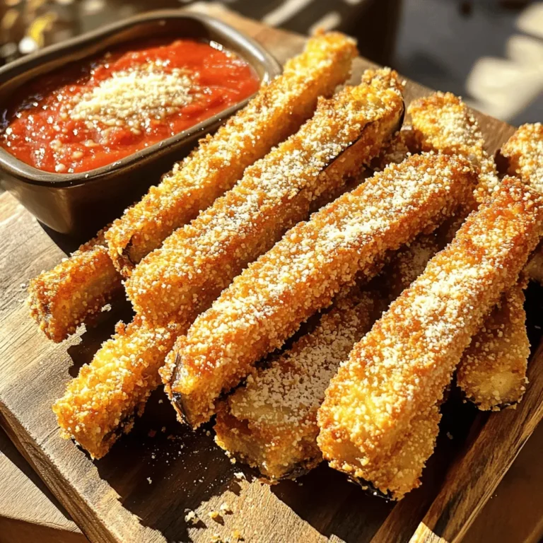 For crispy Parmesan eggplant fries, gather these ingredients: - 1 large eggplant, cut into fry shapes (about 1/4 inch thick) - 1 cup panko breadcrumbs (for an extra crispy texture) - 1/2 cup grated Parmesan cheese - 2 large eggs, thoroughly beaten - 1 teaspoon garlic powder - 1 teaspoon onion powder - 1/2 teaspoon smoked paprika - Salt and freshly ground pepper, to taste - 2 tablespoons olive oil (for drizzling) If you need substitutes, here are some options: - Use regular breadcrumbs instead of panko for a softer texture. - Try a dairy-free cheese for a vegan option. - Swap out egg for flaxseed meal mixed with water as a binder. - Use any spice you prefer in place of smoked paprika for a different flavor. To get the best flavor and texture: - Choose a firm eggplant with shiny skin. It should feel heavy for its size. - Avoid large eggplants, as they may have more seeds and can be bitter. - Grate fresh Parmesan for a richer taste instead of pre-grated options. - Store Parmesan in the fridge to keep it fresh longer. - Always taste your ingredients before cooking. Quality matters! First, you need to preheat the air fryer. Set it to 400°F (200°C). Let it warm up for about 5 minutes. This step is key for making your fries crispy. Next, gather your ingredients. In a large mixing bowl, mix the panko breadcrumbs, grated Parmesan cheese, garlic powder, onion powder, smoked paprika, salt, and pepper. Blend everything well. This will create a tasty coating for your fries. Now, create a breading station. Put the beaten eggs in one bowl. Place the breadcrumb mixture in another bowl. Take each eggplant fry and dip it into the eggs. Make sure it’s fully coated. Let any extra egg drip off. Then, transfer it to the breadcrumb bowl. Press the fry into the crumbs for even coverage. Place the coated eggplant fries in the air fryer basket. Keep them in a single layer. Avoid overcrowding for the best results. Drizzle olive oil over the fries. This adds flavor and helps them crisp up. Cook them for 15-18 minutes. Flip the fries halfway through for even cooking. Check for golden brown color. If you want them crispier, add a bit more time. Once done, remove the fries carefully. Let them cool slightly before serving. To get that perfect crispiness, use panko breadcrumbs. They provide a light and airy texture. Ensure the eggplant slices are 1/4 inch thick. This width allows for even cooking. Drizzle olive oil over the fries for added crunch. You can also spray them lightly for more control. Cooking time can vary based on your air fryer. Start with 15 minutes at 400°F. Check for doneness halfway through. If you like them crispier, add 2 to 3 more minutes. Just keep an eye on them to avoid burning. These eggplant fries taste great with dipping sauces. Marinara sauce brings a classic touch. Creamy garlic aioli adds a rich flavor. You can also try tzatziki for a fresh twist. Serve alongside a simple salad for a complete meal. {{image_4}} If you love heat, spice up your eggplant fries. Add cayenne pepper or chili powder to your breadcrumb mix. Start with 1/4 teaspoon and adjust to your taste. This adds nice warmth without overpowering the dish. You can also try adding some crushed red pepper flakes for a crunchy kick. Try pairing these with a zesty dip like spicy ranch or sriracha mayo for a fun twist. While Parmesan shines in this recipe, you can switch it up. Try using pecorino Romano for a sharper taste. If you're a fan of cheddar, use shredded cheddar cheese for a different flavor. For a dairy-free option, nutritional yeast gives a cheesy flavor without the dairy. Experiment with different cheeses to find your favorite combo! You can mix things up by adding other veggies. Sweet potatoes or zucchini can be cut into fry shapes and cooked using the same method. They add variety and nutrients to your snack. You can also toss in some sliced bell peppers or carrots for color and taste. Just remember to adjust the cooking time based on the thickness of your veggie fries. This way, you get a colorful platter full of crispy goodness! After enjoying your eggplant fries, cool them completely. Place them in an airtight container. You can store them in the fridge for up to three days. If you want to keep them longer, consider freezing. For the best taste, reheat the fries in your air fryer. Set the temperature to 350°F (175°C) and heat them for about 5-7 minutes. This method keeps them crispy. You can also use an oven. Bake at 350°F (175°C) for 10-12 minutes. To freeze, lay the cooled eggplant fries on a baking sheet in a single layer. Freeze them for about 1-2 hours until solid. Then, transfer the fries to a freezer-safe bag. They can last up to three months in the freezer. When ready to eat, cook them directly from the freezer in the air fryer. Yes, you can make these fries gluten-free. Use gluten-free panko breadcrumbs. You can find them in most stores. Always check the labels to ensure they are safe. To make the fries healthier, you can skip the oil. Instead, use a spray bottle to lightly coat them before cooking. You can also add more spices for flavor without extra calories. Yes, you can replace eggplant with zucchini or sweet potatoes. Cut them into fry shapes like the eggplant. Each vegetable will give a different taste. Eggplant fries taste great with marinara sauce or garlic aioli. You can also try ranch dressing or a spicy sriracha sauce. These dips add flavor and fun to your meal. You learned how to make tasty eggplant fries in this post. We covered the ingredients, substitutions, and tips for the best results. You can use an air fryer for a crisp finish and explore fun variations. Don't forget to store leftovers properly for later enjoyment. Now, you have all the tools to spice up your meals. Enjoy experimenting with flavors and making these fries your own!