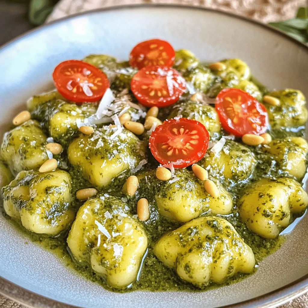 To make creamy pesto gnocchi, gather these simple ingredients: - 1 lb (450g) fresh potato gnocchi - 1 cup fresh basil leaves, tightly packed - 1/2 cup finely grated Parmesan cheese, plus extra for serving - 1/3 cup pine nuts, lightly toasted - 2 cloves garlic, peeled and minced - 1/2 cup heavy cream - Salt and freshly ground black pepper to taste - 2 tablespoons extra-virgin olive oil - 1 cup cherry tomatoes, halved (for garnish) You can swap ingredients for your taste or diet. Use gluten-free gnocchi for a gluten-free dish. If you don’t have pine nuts, try walnuts or sunflower seeds. For a lighter version, use half-and-half instead of heavy cream. Nutritional yeast can replace Parmesan for a vegan option. Fresh spinach or arugula can stand in for basil if needed. To keep your creamy pesto gnocchi fresh, store it in an airtight container. Place any leftovers in the fridge for up to three days. For long-term storage, freeze the pesto and gnocchi separately. This way, you can enjoy them later. When ready to eat, gently reheat the dish on the stove or in the microwave. To start, grab your food processor. Add the fresh basil leaves, toasted pine nuts, grated Parmesan cheese, and minced garlic. Pulse the mix until everything is finely chopped. This step brings out the flavor. Next, with the processor running, slowly drizzle in the extra-virgin olive oil. Keep blending until it turns smooth and creamy. Taste the pesto and add salt and black pepper to your liking. Set it aside for later. Now, fill a large pot with water. Add a generous pinch of salt and bring it to a rolling boil. Carefully add the gnocchi to the boiling water. Cook them based on the package instructions. Usually, they float to the top in about 2-3 minutes. This means they're done! Drain the gnocchi and set them aside. In a large skillet, pour in the heavy cream. Heat it over medium heat, stirring often to avoid sticking. Bring the cream to a gentle simmer. This is when you'll see small bubbles forming around the edge. Once the cream is simmering, stir in the pesto. Mix it well until it’s heated through. Gently fold in the drained gnocchi, making sure they are coated in the creamy pesto sauce. To serve, transfer the creamy gnocchi to plates. For a nice touch, garnish with halved cherry tomatoes and extra grated Parmesan cheese. Enjoy! To make great pesto, use fresh basil. Choose bright green leaves without any brown spots. Toast the pine nuts gently to enhance their flavor. Pulse the basil, nuts, cheese, and garlic in a food processor until finely chopped. Then, drizzle in olive oil slowly. This helps create a smooth texture. Always taste your pesto. Adjust the salt and pepper to fit your taste. Cooking gnocchi is easy if you follow a few steps. First, use a large pot of salted water. Bring it to a rolling boil. Add the gnocchi gently. Watch them closely. They are done when they float to the top, usually in 2-3 minutes. Be careful not to overcook; otherwise, they will become mushy. Once cooked, drain them right away. Presentation matters! Serve your creamy pesto gnocchi in a shallow bowl. This allows the sauce to shine. Top with halved cherry tomatoes for a pop of color. Sprinkle extra Parmesan cheese on top for added flavor. For a fresh touch, add a few basil leaves and a drizzle of olive oil. Serve it hot for the best taste and texture. {{image_4}} To make a vegan version, swap the heavy cream for coconut cream or cashew cream. Use nutritional yeast instead of Parmesan for a cheesy flavor. You can add a splash of lemon juice for brightness. This will keep your dish creamy and delicious without dairy. You can easily add protein to your creamy pesto gnocchi. For chicken, cook it in the skillet before adding the cream. If you prefer shrimp, sauté them until pink and toss them in with the gnocchi. For a plant-based option, stir in cubed tofu. Cook it until golden brown for added flavor. If you want to switch up the cheese, try goat cheese or feta. These will give your dish a tangy twist. For a more robust taste, consider using smoked Gouda or aged cheddar. Each cheese brings a unique flavor, making every version special. To store your creamy pesto gnocchi, wait for it to cool. Place it in an airtight container. Make sure to keep it in the fridge. It will stay fresh for about 2-3 days. When you are ready to eat, take the gnocchi out of the fridge. You can reheat it on the stove or in the microwave. If using the stove, add a splash of cream or water to keep it moist. Heat over low heat, stirring gently. In the microwave, heat it in short bursts, stirring in between. This keeps everything creamy and delicious. You can freeze both the gnocchi and the sauce. For the gnocchi, lay them in a single layer on a baking sheet. Freeze them for about 1-2 hours. Once frozen, transfer them to a freezer bag. For the sauce, let it cool, then place it in a freezer-safe container. It can last up to 3 months in the freezer. When you're ready to use them, thaw in the fridge overnight and reheat as mentioned above. The best way to cook gnocchi is in boiling water. Fill a large pot with water and add salt. Bring it to a boil. Then, gently add the gnocchi. Cook until they float, which takes about 2-3 minutes. This shows they are done. Drain them carefully and set aside. Yes, you can make pesto without nuts. Simply skip the pine nuts in the recipe. Use more basil or add ingredients like spinach or avocado for creaminess. You can still make a tasty pesto that way. You know gnocchi is cooked when they float to the top of the boiling water. This means they are light and fluffy. If you see them sink, give them a bit more time. Creamy pesto gnocchi pairs well with a fresh salad or roasted vegetables. You can also serve it with grilled chicken or shrimp for protein. Garlic bread is a great side too! Yes, you can prepare some parts ahead of time. Make the pesto and cook the gnocchi. Store them separately in the fridge. When ready to eat, combine and heat them together. This saves time when serving. Creamy pesto gnocchi is simple and delicious. We covered the key steps, from ingredients to cooking. You learned variations, tips, and proper storage methods. Enjoying this dish fresh is best, but leftovers can still be delightful. Each tip helps make your gnocchi better. Now, you have the tools to impress anyone. Dive in and start cooking. Enjoy every tasty bite!
