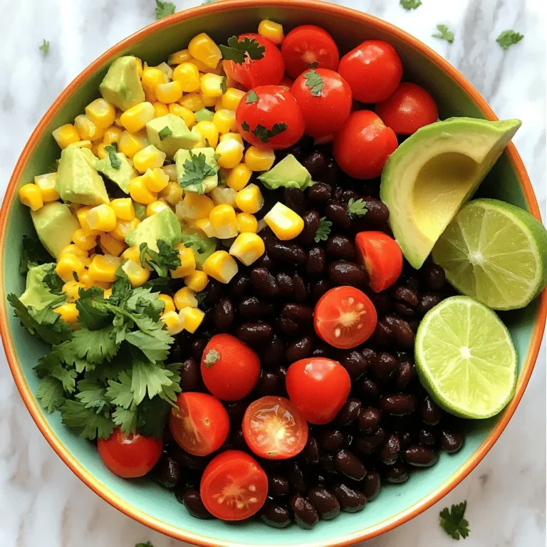 - 1 can (15 oz) black beans, thoroughly rinsed and drained - 1 cup corn (fresh, frozen, or canned for convenience) - 1 red bell pepper, diced into bite-sized pieces - 1 cup cherry tomatoes, halved for easy eating - 1/2 red onion, finely chopped for a mild zing - 1 jalapeño, minced (optional for those who love heat) - 1/4 cup fresh cilantro, chopped for a burst of flavor - 1 ripe avocado, diced gently for creaminess - Juice of 2 fresh limes, providing a zesty finish - 2 tablespoons high-quality olive oil, for richness - 1 teaspoon ground cumin, adding a warm depth - 1/2 teaspoon chili powder, for a hint of spice - Salt and freshly cracked black pepper to taste Each ingredient plays an important role in the Zesty Black Bean Fiesta Salad. Black beans offer protein and fiber. They form the base of this dish. Corn adds sweetness and crunch. The red bell pepper brings color and a nice crisp texture. Cherry tomatoes contribute juiciness and acidity. Red onion gives a mild bite. If you like heat, jalapeño adds a spicy kick. Cilantro brings a fresh herby flavor. Avocado adds creaminess, making each bite satisfying. Lime juice provides a bright and zesty finish. Olive oil adds richness, while cumin and chili powder enhance the overall depth of flavor. When selecting fresh ingredients, look for bright colors and firm textures. Choose black beans with no dents or bulging. For corn, fresh kernels should be plump and juicy. A shiny red bell pepper is best, as it signals ripeness. Pick cherry tomatoes that feel heavy for their size. For onions, choose firm ones without soft spots. If you decide to use jalapeño, pick ones that are smooth and bright green. For cilantro, look for vibrant green leaves without wilting. A ripe avocado should yield slightly when pressed gently. Finally, use fresh limes for the best juice. They should feel heavy and have a smooth skin. First, grab a large mixing bowl. Add the black beans, corn, diced red bell pepper, halved cherry tomatoes, and chopped red onion. Mix these colorful ingredients well. If you like heat, add minced jalapeño now. Make sure it spreads evenly throughout the salad. Next, gently fold in diced avocado and chopped cilantro. Be careful not to mash the avocado; we want it to stay chunky. In a smaller bowl, whisk together the juice of two fresh limes, olive oil, ground cumin, chili powder, salt, and pepper. This zesty dressing will bring all the flavors together. Make sure it is well mixed before you pour it over the salad. Drizzle the dressing over your salad mix and toss gently. Ensure every piece gets coated. Let the salad rest for about 10 minutes. This waiting time helps the flavors blend. For a great look, serve the salad in a big bowl or on individual plates. Add extra cilantro and lime wedges as a garnish. This adds a fresh touch and makes your dish more inviting. You can make Zesty Black Bean Fiesta Salad a day before. This salad tastes better when the flavors mix. Just keep the avocado separate. Add it right before you serve. This way, it stays fresh and green. You can change the taste to fit your mood. Want more spice? Add more jalapeño or some hot sauce. For a sweet touch, throw in diced mango or pineapple. Love tangy flavors? Try adding a splash of vinegar or more lime juice. One common mistake is over-mixing the salad. When you add the avocado, fold it in gently. You don’t want it to turn mushy. Also, taste before serving. If it needs more salt or pepper, add it. Adjusting the seasoning makes a big difference. {{image_4}} You can boost the protein in this salad easily. Add cooked chicken or shrimp for a meaty twist. Canned tuna or chickpeas also work well. These options make the salad heartier. They give you more energy and flavor. Switching up ingredients keeps the salad fresh. In summer, add diced cucumber for crunch. In fall, try roasted sweet potatoes for warmth. You can also use seasonal herbs, like basil or parsley, instead of cilantro. This makes the salad unique with each season. The dressing is key to flavor. For a creamier touch, mix in some Greek yogurt or sour cream. A splash of apple cider vinegar can add a tangy kick. If you want a sweeter taste, try honey or agave syrup in the dressing. This gives the salad a new twist that you will love. To keep your Zesty Black Bean Fiesta Salad fresh, place it in an airtight container. Make sure to remove as much air as possible. This helps keep the salad crunchy and tasty. If you have leftover dressing, store it separately. The salad can stay fresh in the fridge for about three days. This salad is best served cold, so reheating is not needed. If you want to warm it up, use low heat on the stove for a few minutes. Be careful not to cook it too long. This could make your veggies soft. Use glass containers with tight lids for storage. Glass helps maintain freshness and is safe for the fridge. You can also use BPA-free plastic containers. These are lightweight and easy to stack. If you have leftovers, divide them into smaller portions for quick meals later on. Yes, you can easily make this salad vegan. The Zesty Black Bean Fiesta Salad is naturally vegan. Just use the ingredients listed, and you're all set. The black beans, corn, and veggies provide protein and flavor. The dressing uses olive oil and lime juice, which are both plant-based. This salad lasts about 3 days in the fridge. Store it in an airtight container to keep it fresh. The flavors will continue to blend over time. However, the avocado may brown and lose its texture after a day. You can add the avocado fresh when serving for the best taste. You can pair this salad with many dishes. It goes well with grilled chicken or fish for a complete meal. You can also enjoy it with tacos or burritos for a fun fiesta vibe. Serve it as a side dish at barbecues or picnics, and watch it disappear! This blog post covered how to create a Zesty Black Bean Fiesta Salad. We discussed key ingredients, tips for freshness, and step-by-step instructions for prep and serving. I shared ways to customize the flavor and avoid mistakes. You now know about different protein options and storage tips for leftovers. In the end, this salad is fun to make, tasty, and full of life. Enjoy crafting your perfect version!