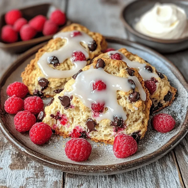 - 2 cups all-purpose flour - 1/4 cup granulated sugar - 1 tablespoon baking powder - 1/2 teaspoon salt - 1/2 cup unsalted butter, cold and cubed - 1/2 cup heavy cream - 1 large egg - 1 teaspoon vanilla extract - 1 cup fresh raspberries - 1/2 cup semi-sweet chocolate chips - Extra heavy cream for brushing - Turbinado sugar for sprinkling I love using fresh ingredients in baking. For these scones, I recommend fresh raspberries for the best flavor. They burst with juice and add a lovely tartness. The semi-sweet chocolate chips balance that tartness perfectly. If you need to make changes, here are some ideas: - You can swap all-purpose flour for whole wheat flour. This will change the texture and taste slightly. - For a dairy-free version, use almond milk or coconut cream instead of heavy cream. - If fresh raspberries are not available, you can use frozen ones. Just let them thaw slightly before adding them to the mix. Accurate measurement is key to baking. Here are some tips: - Use dry measuring cups for flour and sugar. Scoop the flour, then level it off with a knife. - Cold butter helps create a flaky texture. Keep it in the fridge until you are ready to use it. - Room temperature eggs mix better into the dough. If you forget, place the egg in warm water for a few minutes. These little details make a big difference in your scones. Enjoy the process, and don't be afraid to experiment! 1. First, preheat your oven to 400°F (200°C). This ensures the scones bake evenly and rise well. 2. While the oven heats, line a baking sheet with parchment paper. This helps with easy cleanup and prevents sticking. 3. In a large bowl, mix the dry ingredients. Combine 2 cups of all-purpose flour, 1/4 cup granulated sugar, 1 tablespoon baking powder, and 1/2 teaspoon salt. Whisk them together until well mixed. 1. Now, it’s time to add the butter. Use 1/2 cup of cold, cubed unsalted butter. 2. Using your fingers or a pastry cutter, mix the butter into the dry ingredients. You want a coarse crumb texture, similar to small peas. This step is vital for making your scones tender. 3. In another bowl, whisk together 1/2 cup of heavy cream, 1 large egg, and 1 teaspoon of vanilla extract until smooth. 4. Gradually pour this creamy mixture into the dry ingredients. Stir gently with a spatula until just combined. A few lumps are okay; don’t overmix. 5. Carefully fold in 1 cup of fresh raspberries and 1/2 cup of semi-sweet chocolate chips. Use a spatula to keep the raspberries whole and intact. 1. Transfer the dough to a lightly floured surface. Knead it gently just until it comes together. 2. Shape the dough into a round disk that is about 1 inch thick. 3. With a sharp knife, cut the disk into 8 wedges. Place the wedges on the prepared baking sheet with space between them. 4. To give a nice shine, brush the tops with a little extra heavy cream. Then, sprinkle turbinado sugar over the tops for a sweet crunch. 5. Bake the scones in the preheated oven for 15-20 minutes. Keep an eye on them until they turn golden brown. 6. Once done, remove the scones and let them cool on a wire rack for a few minutes. Enjoy them warm for the best taste! To get the perfect scone texture, focus on the butter. Use cold butter and cut it into the flour until it looks like small peas. This step makes the scones soft and flaky. To prevent overmixing, mix just until you see no dry flour. A few lumps are okay. Overmixing can make scones tough and chewy. Serve your warm scones on a nice plate. Add a small dish of clotted cream or butter. For a pop of color, garnish with fresh raspberries. This not only looks great but also adds flavor. Pair your scones with a warm drink. A cup of tea or coffee works well. The heat from the drink makes the scones even more enjoyable. One common mistake is overbaking. Keep an eye on your scones while they bake. They should be golden brown, not dark brown. Another mistake is underestimating chilling time. If your dough is too warm, it can spread while baking. Chill the dough for 30 minutes before baking to help it hold its shape. {{image_4}} You can change the flavors of your scones in fun ways. Adding nuts like walnuts or pecans gives a nice crunch. Nuts add flavor and texture. You can also put in citrus zest, like lemon or orange. This adds a fresh, bright taste. Just a teaspoon will do the trick. If you need gluten-free scones, use gluten-free flour. Look for a blend that works well in baking. You can also make vegan scones. Replace the butter with coconut oil and the egg with a flax egg. This way, you can enjoy scones while meeting your diet needs. You can make themed scones for special times. For fall, try pumpkin spice scones. Add pumpkin puree and spices like cinnamon and nutmeg. For holidays, shape your scones into festive designs. Use cookie cutters to make stars or hearts. This adds a fun touch to your baking. To keep your scones fresh, store them in an airtight container. Line the container with parchment paper to absorb moisture. Place the scones in a single layer to avoid squishing. In the fridge, they last for up to 3 days. Enjoy them warm for the best taste! For long-term storage, freezing is your best bet. Wrap each scone tightly in plastic wrap. Then, place them in a freezer bag or container. They can stay fresh for up to 3 months. When you’re ready to eat them, heat your oven to 350°F (175°C). Bake for about 10-15 minutes to restore their warmth and texture. Check your scones for signs of spoilage. If they smell off or have mold, throw them away. If they feel dry or hard, they may not taste good. To maintain freshness, always store them properly and consume within a few days. To make scones from scratch, follow these basic steps: 1. Preheat your oven to 400°F (200°C). 2. Mix flour, sugar, baking powder, and salt in a bowl. 3. Add cold butter, mixing until crumbly. 4. In another bowl, whisk cream, egg, and vanilla. 5. Combine wet and dry ingredients gently. 6. Fold in raspberries and chocolate chips. 7. Shape and cut the dough into wedges. 8. Brush with cream and sprinkle with sugar. 9. Bake for 15-20 minutes until golden. These steps create a soft, tender scone with rich flavor. The key is to avoid overmixing. This keeps the scones light and fluffy. Yes, you can use frozen raspberries in scones. Here are some tips for using them: - Thaw and Drain: Thaw the raspberries before adding them to the dough. Drain excess juice to avoid soggy scones. - Fold Gently: When adding, fold the raspberries in carefully. This helps keep them whole and avoids turning your dough pink. - Adjust Bake Time: Frozen raspberries can cool the dough. Check the scones a minute or two earlier to make sure they bake through. Using frozen raspberries works well. They add great flavor and texture just like fresh ones. Raspberry Chocolate Chip Scones go well with several accompaniments: - Clotted Cream: This rich cream adds a luxurious touch. - Butter: Spread a bit of butter for a simple, delicious flavor. - Jam: Pair with raspberry or chocolate jam for extra sweetness. - Fresh Raspberries: Serve a handful for a vibrant, fresh look. - Beverages: Enjoy with tea, coffee, or hot chocolate for a delightful treat. These options enhance the scone experience and bring out the flavors of raspberries and chocolate. We explored how to make delicious raspberry chocolate chip scones. You learned about the key ingredients, good measuring techniques, and easy steps for mixing and shaping the dough. I shared tips for perfecting texture and avoiding mistakes. We also looked at flavor variations and storage methods to keep your scones fresh. Remember, baking is as much about enjoying the process as it is about the final treat. Happy baking, and enjoy your tasty scones!
