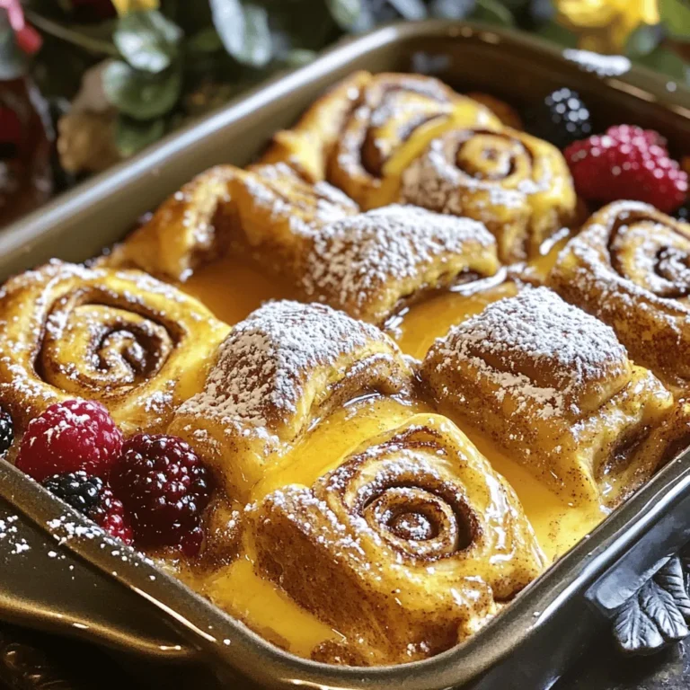To make the Cinnamon Roll French Toast Bake, you'll need a simple list of tasty items: - 2 cans of refrigerated cinnamon rolls - 6 large eggs - 1 cup milk (whole or almond milk) - 1/2 cup heavy cream - 1 teaspoon pure vanilla extract - 1 teaspoon ground cinnamon - 1/4 teaspoon freshly grated nutmeg - 1/2 cup pure maple syrup - Powdered sugar for dusting (optional) - Fresh mixed berries for garnish (optional) Each ingredient plays a key role. The eggs and milk create a rich custard. The cinnamon rolls bring sweetness and texture. Heavy cream adds a creamy touch. Vanilla and spices give it warm flavor. Maple syrup adds a sweet finish. Optional toppings like powdered sugar and berries make it look and taste even better. Gather these items, and you’re ready to bake a delicious treat that everyone will love! - Preheat your oven to 375°F (190°C). - Grease a 9x13 inch baking dish with cooking spray or butter. - Open the cans of cinnamon rolls and cut each roll into quarters. - Place the cut pieces in the baking dish, creating an even layer. - In a bowl, whisk together the eggs, milk, heavy cream, vanilla, cinnamon, and nutmeg. - Pour the egg mixture evenly over the cinnamon roll pieces. - Use a spatula to press the rolls down gently. - Drizzle the maple syrup over the top of the rolls. - Bake in the oven for 25-30 minutes. - Check for doneness; the top should be golden brown. - Let it cool for a few minutes after baking. - For a sweet touch, drizzle icing over the top. - Dust with powdered sugar for a nice finish. - Serve with fresh mixed berries for color and flavor. - Cut the cinnamon rolls into equal pieces. This helps the dish cook evenly. - Soak the roll pieces well in the egg mixture. Press them down gently. - Add a pinch of cloves or ginger for a warm twist. - Serve with whipped cream or a scoop of ice cream on the side. - Make this dish the night before. Just cover it and chill in the fridge. - Freeze leftovers in an airtight container. Reheat in the oven for a quick meal. {{image_4}} You can swap out the milk for almond milk. This keeps the dish dairy-free. You can also use coconut milk for a unique flavor. If you want to try different cinnamon rolls, go ahead! Flavored rolls like caramel or apple pie can add a fun twist. Making this dish gluten-free is easy. Just use gluten-free cinnamon rolls. Many brands offer great options. For nut-free versions, choose milk that is not made from nuts. Soy milk works well and adds a nice creaminess. Add seasonal flavors to make it special. In fall, you can add pumpkin spice to the egg mix. This gives a warm, cozy taste. In summer, use fresh fruits like peaches or cherries. They add a bright, juicy touch that pairs well with the cinnamon rolls. To store leftover cinnamon roll French toast bake, let it cool first. Place the leftovers in an airtight container. This helps keep it fresh. You can also cover the dish tightly with plastic wrap. It’s best to refrigerate it within two hours of baking. This keeps the flavor and texture nice. You can enjoy it for up to three days. If you want to keep it longer, freezing is a great option. Cut the bake into single servings before freezing. Wrap each piece in plastic wrap, then place them in a freezer bag. This helps prevent freezer burn. You can freeze it for up to three months. To reheat, take a piece out and let it thaw in the fridge overnight. Then, warm it in the oven at 350°F (175°C) for about 15-20 minutes. You can also use a microwave for quick heating but be careful not to dry it out. Can I use homemade cinnamon rolls instead? Yes, you can use homemade cinnamon rolls. Just cut them into quarters. They will add a fresh taste. Make sure they are not too dry. How do I know when the bake is done? The bake is done when the top is golden brown. You can check the center with a knife. If it comes out clean, it is ready. Can I prepare it the night before? You can prepare this dish the night before. Just cover it and refrigerate. In the morning, bake it straight from the fridge. Can this be made in a smaller or larger batch? Yes, you can adjust the size. For a smaller batch, use one can of rolls. For a larger batch, use three cans and add more eggs and milk. What to do if I don't have maple syrup? If you don't have maple syrup, use honey or agave syrup. You can also make a simple sugar glaze with powdered sugar and milk. What to serve alongside this dish? This bake pairs well with fresh fruit. You can also serve it with crispy bacon or sausage links. A nice coffee or tea is a great match too. Can I add toppings after baking? Yes, you can add toppings after baking. Try fresh berries, whipped cream, or a dusting of powdered sugar. You can also drizzle more icing on top. This recipe for cinnamon roll French toast bake is simple and fun. We covered the ingredients, easy steps, and tips to make it perfect. You learned how to add flavors and make it ahead of time. Storage tips help you keep leftovers fresh, too. Enjoy making this tasty treat for breakfast or brunch; it's sure to impress. With a few simple changes, you can tailor this dish to fit your taste. Now, get baking and enjoy a delicious meal!