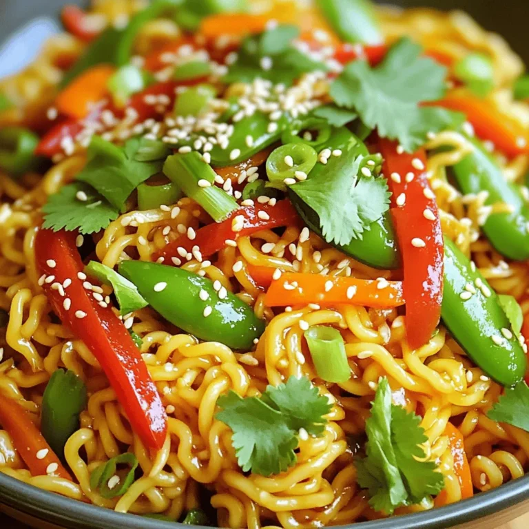 - 200g ramen noodles - 2 tablespoons sesame oil - 1 tablespoon chili paste - 1 red bell pepper, thinly sliced - 1 cup snap peas, ends trimmed - 1 large carrot, peeled and julienned - 3 green onions, finely chopped - 2 cloves garlic, minced - 1 tablespoon fresh ginger, grated - 2 tablespoons soy sauce - 1 tablespoon rice vinegar - 1 tablespoon toasted sesame seeds - Fresh cilantro leaves for garnish This dish comes together quickly with fresh, vibrant ingredients. The ramen noodles form the base, while sesame oil adds depth. Chili paste gives a kick, so adjust it to your taste. Colorful veggies brighten the dish. Red bell pepper adds crunch, and snap peas bring a sweet snap. The carrot offers sweetness and a lovely texture. Green onions finish it off with their mild bite. Flavor enhancers like garlic and ginger add warmth. Soy sauce and rice vinegar balance the flavors. Toasted sesame seeds give a nutty crunch. Finally, cilantro adds a fresh touch. Each ingredient plays a role in creating a delicious Spicy Sesame Ramen Stir-Up. First, cook the ramen noodles as the package says. Boil water and add the noodles. Cook them for about 3-4 minutes or until tender. Once done, drain them well. Set them aside in a large bowl. Make sure they don’t stick together. Next, grab a large skillet or wok. Pour in the sesame oil. Heat it over medium flame until it shimmers. Now, add the minced garlic and grated ginger. Stir them for about 30 seconds. They should smell great but not burn. Then, add the sliced red bell pepper, snap peas, and julienned carrot. Stir-fry these colorful veggies for around 3-4 minutes. They should be bright and tender-crisp. Once your veggies are ready, it’s time to add flavor. Pour in the chili paste, soy sauce, and rice vinegar. Stir well to coat all the vegetables. Now, gently add the cooked ramen noodles. Toss everything together carefully for about 2 minutes. Make sure the noodles heat through and mix well with the sauce. To finish, sprinkle toasted sesame seeds and the white parts of the green onions on top. Toss lightly to mix. Time to serve! Plate the spicy ramen stir-up in bowls. Garnish each bowl with fresh cilantro leaves and the green parts of the green onions. Enjoy your vibrant meal! - Adjusting chili paste for spice level: Start with one tablespoon of chili paste. If you want it spicier, add more. This lets you control the heat. You can always add, but you can't take it away. - Using freshly grated ginger vs. jarred: Fresh ginger gives a bright taste. It adds a zing that jarred ginger can't match. Use a microplane to grate it fine. This ensures an even mix in your dish. - Presentation recommendations: Serve the ramen in shallow bowls. This makes it look fancy. Drizzle a little sesame oil on top for shine. Sprinkle extra sesame seeds for a nice touch. - Pairing options with drinks or sides: Try pairing with a light beer or iced tea. These drinks balance the heat well. Serve with spring rolls or a salad for added crunch. - Prepping ingredients ahead of time: Chop your veggies the night before. Store them in the fridge. This makes cooking faster. You can enjoy your meal sooner! - Choosing quick-cooking vegetables: Snap peas and bell peppers cook fast. They keep their color and crunch. This adds brightness to your bowl without slowing you down. {{image_4}} You can make your Spicy Sesame Ramen Stir-Up even better by adding protein. I recommend three great options: - Chicken: Use cooked, diced chicken for a hearty meal. - Tofu: For a vegetarian choice, try firm tofu. Cut it into cubes and pan-fry until golden. - Shrimp: Add shrimp for a quick and tasty boost. Cook them until pink and tender. Each of these proteins brings a new flavor and texture to your dish. Feel free to swap in different veggies based on your taste. Here are some great alternatives: - Bok Choy: This leafy green adds a nice crunch and is very nutritious. - Mushrooms: Sliced shiitake or button mushrooms give an earthy flavor. These options keep your ramen fresh and exciting. You can mix and match as you like! If you have dietary needs, don't worry! You can easily adjust this recipe: - Gluten-Free Noodles: Use rice noodles or gluten-free ramen. They work well in this recipe. - Vegetarian or Vegan Alternatives: Replace the soy sauce with tamari for a gluten-free option. Use plant-based proteins like tofu or chickpeas. With these variations, you can make this dish fit your needs while keeping it delicious! To store leftovers, place the ramen in an airtight container. Let the dish cool first. The spicy sesame ramen stays fresh in the fridge for up to three days. Just remember to keep the ingredients mixed well to prevent sogginess. When reheating, use a skillet over low heat. Add a splash of water or sesame oil to keep it moist. Stir frequently to maintain the noodles' texture. This way, the ramen stays tasty and does not dry out. You can freeze this dish, but the texture may change. If you choose to freeze it, place the cooled ramen in a freezer-safe container. Use within one month for the best taste. When ready to eat, thaw it overnight in the fridge and reheat as mentioned before. You can use several types of noodles or grains instead of ramen. Try udon or soba noodles; they have great texture. Rice noodles work well, too. For a low-carb option, spiralized zucchini or shirataki noodles are good choices. Each option gives a different taste and feel. The spice level can vary based on the chili paste you use. Start with one tablespoon for mild heat. If you like it spicier, add more to taste. You can also toss in red pepper flakes for extra kick. Spice is fun to adjust! Yes, you can prep this dish ahead. Cook the noodles and store them in a fridge. Chop the veggies and keep them in an airtight container. Mix the sauce and store it separately. When ready to eat, stir-fry everything together. It tastes fresh and quick! Ramen has roots in China but became famous in Japan. This dish shows how noodles can connect cultures. Many people enjoy ramen for its comforting taste and warm broth. Each region adds its twist, making it a fun dish to explore! You now have a great ramen dish ready to enjoy. We covered key ingredients, step-by-step instructions, and tips to enhance flavor. Remember to choose your vegetables and proteins based on your taste. Keep leftovers fresh through careful storage methods. Don’t hesitate to experiment with variations to make it your own. Enjoy your cooking journey and savor every bite of your delicious creation.