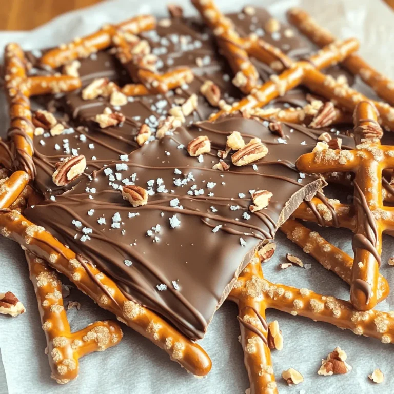 To make Salted Caramel Pretzel Bark, you need a few key ingredients: - 2 cups pretzel sticks - 1 cup semi-sweet chocolate chips - 1 cup caramel bits - 2 tablespoons water - 1/2 teaspoon sea salt - 1/2 cup chopped nuts (optional, like pecans or almonds) Each ingredient plays an important role. The pretzel sticks bring a nice crunch. The semi-sweet chocolate adds richness. Caramel bits melt easily and create that gooey sweetness. Sea salt enhances the flavors, making it all pop. You can customize your bark with optional add-ins. Here are a few ideas: - Chopped nuts (pecans or almonds) for crunch - Mini marshmallows for a chewy texture - Crushed candy canes for a minty twist during the holidays Feel free to get creative! Mixing in your favorite treats can make each batch unique. If you don’t have some ingredients, no worries! Here are some substitutions: - Use pretzel twists instead of sticks for a different shape. - Swap semi-sweet chocolate chips for milk chocolate for a sweeter taste. - Use homemade caramel sauce if you can’t find caramel bits. These swaps will still give you a tasty treat. Remember to adjust cooking times if needed. Enjoy making this treat your own! Start with a clean baking sheet. Line it with parchment paper. Make sure the paper hangs over the edges. This helps you lift the bark out later. A well-prepped sheet makes a big difference. Get a microwave-safe bowl. Add 1 cup of caramel bits and 2 tablespoons of water. Microwave this mix for 30 seconds. Stir it well each time. You want it smooth and creamy. This usually takes about 1 to 2 minutes total. Grab a large mixing bowl. Pour in 2 cups of pretzel sticks. Add half of the melted caramel. Toss them gently until every pretzel is coated. Spread this mix on your lined baking sheet evenly. It should look nice and even. Use another microwave-safe bowl. Add 1 cup of semi-sweet chocolate chips. Melt this chocolate in 30-second bursts too. Stir after each round until it’s smooth. This should also take about 1 to 2 minutes. Drizzle the melted chocolate over the pretzel layer. Use a spatula to spread it out evenly. Make sure all the pretzels are covered. Then, take the rest of the melted caramel and drizzle it on top. For fun, swirl it gently into the chocolate. Sprinkle sea salt over the entire bark. If you want, add chopped nuts for crunch. Now it’s time to chill. Put the baking sheet in the fridge for about 2 hours. Once it’s set, lift it out using the parchment paper. Break it into bite-sized pieces. Enjoy each tasty chunk! To get that perfect sweet and salty mix, use sea salt. It adds flavor and crunch. Sprinkle it lightly on top after you drizzle the chocolate and caramel. Taste your bark before adding more salt. You want a hint of salt, not too much. This balance makes each bite special. When melting chocolate and caramel, use short bursts in the microwave. Heat in 30-second intervals. Stir well between each interval. This keeps the chocolate and caramel smooth. If you overheat them, they can burn. Always watch them closely. A double boiler is also a great option for gentle heating. Serve your salted caramel pretzel bark in a nice bowl. You can use a decorative dish or a simple plate. For gifts, wrap pieces in clear bags. Tie them with a ribbon for a personal touch. You can also add a label with the recipe. This makes it fun to share your sweet treat! {{image_4}} You can change the flavors in Salted Caramel Pretzel Bark. Try adding a pinch of cinnamon for warmth. A splash of vanilla extract enhances sweetness. Want something fruity? Mix in dried cranberries or cherries for a tart taste. For a spicy kick, add a bit of cayenne pepper. Each option brings a new twist to your bark. If you have dietary needs, you can still enjoy this treat. Use gluten-free pretzel sticks for a gluten-free version. Swap semi-sweet chocolate chips with dark chocolate or dairy-free chocolate for a vegan option. You can also replace caramel bits with homemade caramel sauce. Check labels to ensure all options meet your needs. Make your Salted Caramel Pretzel Bark fun for holidays. For fall, add pumpkin spice to the caramel mix. In winter, sprinkle crushed candy canes on top for a festive look. For summer, use colorful sprinkles or edible flowers. These small changes make your bark perfect for any occasion. To keep your Salted Caramel Pretzel Bark fresh, store it in an airtight container. This helps keep the bark crunchy and tasty. You can layer the pieces between parchment paper to avoid sticking. Place the container in a cool, dry spot away from direct sunlight. When stored properly, this bark lasts about two weeks. It stays fresh for this time if kept in an airtight container. If you notice any signs of moisture or a change in smell, it’s best to discard it. You can freeze Salted Caramel Pretzel Bark for longer storage. Wrap pieces tightly in plastic wrap, then place them in a freezer-safe bag. This will protect them from freezer burn. When you want to enjoy a piece, let it thaw at room temperature for about 30 minutes before serving. This way, you can enjoy your treat later! Yes, you can use regular caramel sauce. Just heat it gently with a bit of water to get a smooth texture. The key is to ensure it coats the pretzels well. However, caramel bits are easier to work with since they are made to melt evenly. To make the bark gluten-free, choose gluten-free pretzel sticks. Many brands offer gluten-free options. Always check the label to ensure they meet your dietary needs. Absolutely! You can make Salted Caramel Pretzel Bark a few days in advance. Just store it in an airtight container at room temperature. This way, it stays fresh and crunchy. This treat pairs well with coffee, hot chocolate, or even vanilla ice cream. You can also serve it at parties or give it as a gift. People love to snack on it during movie nights or celebrations. To adjust sweetness, consider using dark chocolate instead of semi-sweet chocolate. You can also reduce the amount of caramel you use. This will bring a nice balance between sweet and salty flavors. Salted caramel pretzel bark is easy and fun to make. We covered the key ingredients and how to melt caramel and chocolate. Plus, we shared tips for a perfect balance of sweet and salty. Don't forget the creative toppings! Whether you prefer classic flavors or seasonal twists, this treat fits all tastes. Store it well to keep it fresh, and it lasts for days. Enjoy making this yummy bark, and impress friends with your skills!