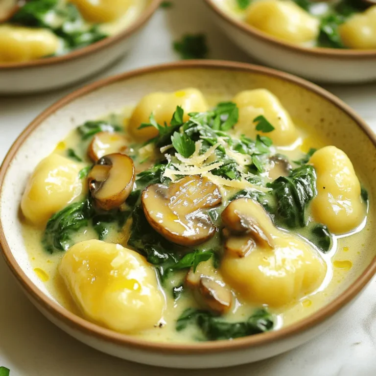 - 1 pound potato gnocchi - 2 tablespoons olive oil - 1 medium onion, diced - 3 cloves garlic, minced - 8 ounces mushrooms, sliced (button or cremini) - 4 cups fresh spinach, roughly chopped - 1 cup heavy cream or coconut cream for a dairy-free option - ½ cup grated Parmesan cheese (or nutritional yeast for a vegan alternative) - Salt and pepper to taste - Pinch of nutmeg (optional) - Fresh parsley, chopped (for garnish) To make creamy spinach mushroom gnocchi, you need a few simple tools: - A large pot for boiling water - A colander for draining the gnocchi - A large skillet for sautéing - A wooden spoon or spatula for stirring - A measuring cup for liquids - A knife and cutting board for chopping When you choose your ingredients, freshness matters. Here’s how to pick the best: - Spinach: Look for bright green leaves. Avoid yellow or wilted ones. - Mushrooms: Choose firm, dry mushrooms. They should not be slimy. - Onion: Pick onions that are heavy for their size. They should have dry, papery skin. - Garlic: Select firm cloves with no mold or soft spots. Using fresh ingredients makes your dish taste better and more vibrant. To cook the gnocchi, start by boiling a large pot of salted water. This adds flavor to the gnocchi. Once the water bubbles, gently add 1 pound of potato gnocchi. Cook them according to the package instructions. They are ready when they float to the top, which takes about 2-3 minutes. Drain the gnocchi and set them aside. You want them soft but firm. Next, heat 2 tablespoons of olive oil in a large skillet over medium heat. Add 1 medium diced onion. Cook for about 3-4 minutes, until the onion is soft and clear. Then, stir in 3 minced garlic cloves and 8 ounces of sliced mushrooms. Cook for another 5-7 minutes until the mushrooms turn golden and soft. Now, add 4 cups of roughly chopped spinach to the skillet. Stir and cook for about 2-3 minutes, until the spinach wilts. Season the veggies with salt, pepper, and a pinch of nutmeg if you like. This adds a nice depth of flavor. Lower the heat to a simmer. Gradually pour in 1 cup of heavy cream or coconut cream for a dairy-free option. Stir while it heats to mix well. Let the sauce simmer for 3-4 minutes until it thickens slightly. This makes it rich and creamy. Once thickened, add the cooked gnocchi back to the skillet. Toss gently to coat them in the creamy sauce. Stir in ½ cup of grated Parmesan cheese, or nutritional yeast for a vegan twist. Taste, and if you need to, adjust the salt and pepper. Cook for another 2 minutes to heat everything through. Now your creamy spinach mushroom gnocchi is ready to serve hot! 1. Overcooking the Gnocchi: Gnocchi cook quickly. They are done when they float. If you leave them too long, they can become mushy. 2. Using Too Much Flour: Adding too much flour can make gnocchi dense. Use just enough to form a soft dough. 3. Not Salting the Water: Always salt your boiling water. It enhances the flavor of the gnocchi while cooking. 4. Skipping the Sauce: Gnocchi alone can taste bland. Always pair them with a rich sauce to bring out their flavor. - Use Fresh Ingredients: Fresh spinach and mushrooms add more taste than frozen. Fresh herbs also boost flavor. - Add a Pinch of Nutmeg: This adds warmth and depth to the cream sauce. Just a small amount goes a long way. - Finish with Parmesan: Grated Parmesan cheese adds a salty and nutty flavor. Mix it in just before serving. - Drizzle with Olive Oil: A light drizzle of high-quality olive oil enhances the dish's richness. - Sauté Vegetables Properly: Cook onions until soft. Brown mushrooms for best taste. They should be golden and tender. - Serve Hot: Gnocchi taste best when hot. Serve them right after cooking for the best experience. - Garnish Thoughtfully: Add fresh parsley for color and freshness. A sprinkle of extra cheese makes it look appealing. - Use Shallow Bowls: Presenting in shallow bowls allows guests to enjoy the dish visually and makes it easy to eat. {{image_4}} You can easily make this dish vegetarian or vegan. To keep it vegetarian, use heavy cream and Parmesan cheese. For a vegan option, swap these for coconut cream and nutritional yeast. Both choices keep the dish creamy and delicious. You still get that rich flavor without any animal products. Want to boost the protein? Try adding grilled chicken or shrimp. Simply cook your choice of protein in the skillet before adding the vegetables. If you want a plant-based protein, use chickpeas or lentils. They blend well with the creamy sauce and add a nice texture. Some people have dietary restrictions. No problem! If you need gluten-free gnocchi, look for brands made from rice or corn flour. For a lower-carb option, try zucchini noodles. If you can’t have nuts, skip the nutritional yeast and use a vegan cheese. Always check labels to avoid allergens. To keep your leftover gnocchi fresh, store it in a tight container. Use a glass or plastic container with a lid. Make sure the gnocchi cools down before sealing. This prevents steam from making it soggy. Store it in the fridge for up to three days. If you notice any signs of spoilage, toss it out. When you reheat your gnocchi, aim for the best taste. Use a skillet for the best results. Add a little olive oil or butter to the pan. Heat it over medium heat. Once hot, add the gnocchi. Stir gently to avoid sticking. Cook until warmed through, about 5-7 minutes. You can also reheat in the microwave. Use a microwave-safe dish and cover it. Heat in short bursts to avoid drying it out. If you want to freeze your gnocchi, follow these steps. First, let it cool completely. Spread the gnocchi on a baking sheet in a single layer. Freeze for about an hour until firm. Then, transfer the gnocchi to a freezer bag. Remove as much air as possible before sealing. It will last for up to three months. When ready to eat, cook it straight from the freezer. Just add a few extra minutes to the cooking time. To make this dish gluten-free, you can use gluten-free gnocchi. Many brands offer options made with rice or potato flour. Always check the label to ensure it is certified gluten-free. This swap works great, and you won’t lose any flavor. Creamy spinach mushroom gnocchi is packed with nutrients. Spinach is high in vitamins A, C, and K. It also contains iron and fiber. Mushrooms add antioxidants and help boost your immune system. The heavy cream provides calcium, while the gnocchi offers carbohydrates for energy. Overall, this dish provides a good mix of nutrients for your meal. Yes, you can use frozen spinach. Just remember to thaw and drain it well before adding it to the dish. Frozen spinach is often picked at peak ripeness, so it can taste great. This option also makes it easy to enjoy this dish anytime. We covered all the key points for making creamy spinach mushroom gnocchi. You learned about the right ingredients, important tools, and how to choose fresh veggies. I shared easy steps for cooking the gnocchi, sautéing vegetables, and making a tasty sauce. I also included tips to avoid common errors and ways to adjust the recipe. Finally, you now know how to store and reheat leftovers. With this knowledge, you can enjoy this dish anytime. Get cooking and savor each bite!