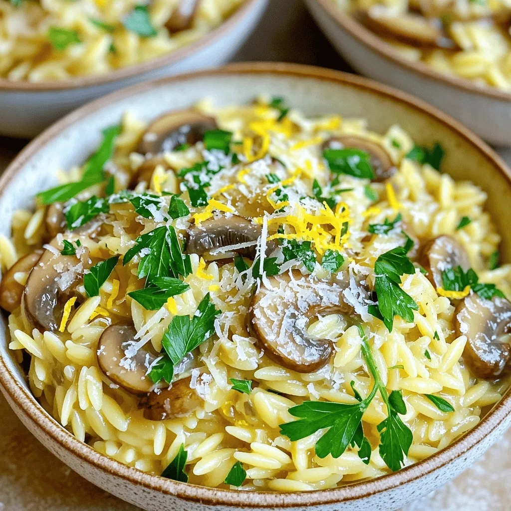 - 1 cup orzo pasta - 2 tablespoons unsalted butter - 2 tablespoons olive oil - 3 cloves garlic, minced - 8 ounces cremini or button mushrooms, sliced - 1/2 cup vegetable or chicken broth - 1/2 cup grated Parmesan cheese - 1/4 cup fresh parsley, chopped - Salt and black pepper to taste - Zest of 1 lemon If you need to change some ingredients, there are great options. You can swap orzo with rice or quinoa. Use any butter you prefer, like vegan butter or ghee. For the broth, water can work in a pinch. If you want a dairy-free dish, you can skip the Parmesan or use a vegan cheese. Fresh herbs can be replaced with dried ones if fresh is hard to find. To make this dish, you will need a few basic tools: - Medium pot for boiling pasta - Large pot for the main dish - Wooden spoon for stirring - Knife and cutting board for chopping - Measuring cups and spoons for accuracy These tools will help you create the perfect Garlic Butter Mushroom Orzo easily. To start, fill a large pot with water. Add a big pinch of salt. Bring the water to a boil. Once it’s boiling, add 1 cup of orzo pasta. Cook the orzo based on the package’s directions, usually about 8-10 minutes. You want it to be al dente. When it’s done, drain the orzo and set it aside. Next, return the pot to medium heat. Add 2 tablespoons of unsalted butter and 2 tablespoons of olive oil. Let the butter melt until it becomes foamy. This mix will form a rich base for your dish. Now, add 3 cloves of minced garlic to the pot. Sauté for about 30 seconds. Stir it often to keep it from burning. When the garlic smells great, toss in 8 ounces of sliced mushrooms. Season them with salt and black pepper. Cook for about 5-7 minutes, stirring occasionally. The mushrooms will turn golden and release their moisture. Pour in 1/2 cup of vegetable or chicken broth. Turn up the heat a bit to simmer. Let it cook for 3-4 minutes to reduce the broth. After that, gently fold the drained orzo back into the pot. Add 1/2 cup of grated Parmesan cheese, the zest of 1 lemon, and 1/4 cup of fresh chopped parsley. Stir well to combine everything. Taste the mix and add more salt or pepper if you need. Finally, let it sit for 2 minutes off the heat to let the flavors blend. To get the most flavor from your Garlic Butter Mushroom Orzo, use fresh ingredients. Fresh garlic gives a strong taste. Choose good-quality mushrooms, like cremini or button. Their rich flavor shines in this dish. Add salt and pepper gradually to enhance taste. Don't forget the lemon zest; it adds brightness. Cooking mushrooms right is key. Start with a hot pan for better browning. Use medium heat to avoid burning. Stir them often, but not too much. Let them sit for a minute so they caramelize. This gives a rich, deep flavor. Cook until they are golden brown and soft. For a creamy texture, add more cheese as you mix. You can use a little extra butter for richness, too. A splash of broth helps create a silky sauce. If you like it creamier, stir in some heavy cream or sour cream. This makes the dish even more delightful. {{image_4}} You can easily add protein to your Garlic Butter Mushroom Orzo. Chicken and shrimp are great choices. For chicken, use diced breast or thighs. Sauté the chicken in the garlic butter mix before adding mushrooms. Cook until golden brown. For shrimp, add them after the mushrooms are cooked. Cook until they turn pink and opaque. This will make the dish heartier and more filling. If you want a vegetarian twist, try adding spinach or kale. Add them in the last few minutes, just until they wilt. You can also use other veggies like bell peppers or zucchini. Roasted veggies can add a nice touch too. They bring a sweet and smoky flavor that pairs well with the dish. Herbs can elevate your Garlic Butter Mushroom Orzo. Fresh thyme or rosemary adds an earthy taste. Stir them in with the mushrooms for a burst of flavor. Basil also works well, especially if you want a fresh kick. You can even sprinkle in some red pepper flakes for heat. This simple addition can change the whole dish! To store leftover Garlic Butter Mushroom Orzo, let it cool first. Place the orzo in an airtight container. This helps keep it fresh. You can store it in the fridge for up to three days. Make sure to seal the container well to avoid any odors from mixing. Reheating Garlic Butter Mushroom Orzo is easy. You can use the microwave or the stove. For the microwave, place the orzo in a bowl. Add a splash of broth or water to keep it moist. Heat for one to two minutes, stirring halfway through. On the stove, heat it in a pan over low heat. Stir in a bit of broth to help it warm evenly. Freezing Garlic Butter Mushroom Orzo is a great option for meal prep. First, let the orzo cool completely. Then, transfer it to a freezer-safe bag or container. Remove as much air as possible to prevent freezer burn. You can freeze it for up to three months. When ready to eat, thaw it overnight in the fridge before reheating. Yes, you can! Other small pasta shapes work well. Try ditalini, mini shells, or farfalle. These shapes will hold the sauce nicely too. Just keep an eye on the cooking time, as it may vary. Garlic Butter Mushroom Orzo shines with many sides. Here are some tasty options: - Grilled vegetables - Garlic bread - A fresh garden salad - Roasted chicken - Steamed green beans These sides balance the rich flavors of the orzo and add more nutrition. To make Garlic Butter Mushroom Orzo gluten-free, swap orzo for gluten-free pasta. Many brands offer great choices. Just check the cooking time on the package, as it may differ from regular pasta. Cook orzo pasta for about 8-10 minutes. Check the package for exact times. You want it al dente, so be sure to taste it. Drain it well before mixing it into your dish. In this post, I covered how to make garlic butter mushroom orzo. We explored key ingredients, tools, and step-by-step instructions to create a delicious dish. I shared tips to boost flavor and texture, along with variations for protein options and herbs. Proper storage and reheating methods ensure leftovers stay tasty. Remember, you can easily adapt this recipe to fit your needs. Embrace creativity in the kitchen. Enjoy making and sharing this flavorful orzo dish!