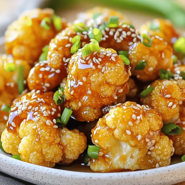 - 1 medium head of cauliflower, cut into florets - 1/2 cup all-purpose flour - 1/2 cup cold water - 1 teaspoon garlic powder - 1 teaspoon onion powder - 1/2 teaspoon smoked paprika - Salt and pepper to taste - 1/4 cup honey - 2 tablespoons soy sauce (or tamari for gluten-free) - 1 tablespoon apple cider vinegar - 1 tablespoon sesame oil - 1 tablespoon cornstarch - 1 tablespoon sesame seeds - 2 tablespoons chopped green onions Gather these ingredients before you start. This step makes the cooking process smooth and fun. The cauliflower gives a fresh crunch. The flour and water create a lovely batter. The seasoning adds flavor that makes your taste buds dance. Honey and soy sauce form a sweet and savory glaze. It all comes together to make a wonderful dish. In a medium bowl, I whisk together three key ingredients: all-purpose flour, cold water, and seasonings. I add garlic powder, onion powder, smoked paprika, salt, and pepper. The goal is a smooth, slightly thick batter. It should be free of lumps. This batter coats the cauliflower and gives it a nice crunch. Next, I take each cauliflower floret and dip it into the batter. It’s important to coat each piece well. I let any extra batter drip off. This step helps avoid soggy bites later. The batter should cling to each floret but not be overly heavy. Now, I preheat my air fryer to 400°F (200°C). I arrange the battered florets in a single layer. If needed, I work in batches. I air fry them for about 15-20 minutes. Halfway through, I shake the basket to ensure even browning. When done, they should look golden and crispy. While the cauliflower cooks, I prepare the honey garlic sauce. In a small saucepan over medium heat, I combine honey, soy sauce, apple cider vinegar, sesame oil, and cornstarch. I stir continuously for 3-4 minutes. The sauce thickens into a glossy, sticky mix. I remove it from the heat. Once the cauliflower is ready, I transfer it to a large bowl. I pour the warm honey garlic sauce over the cauliflower. I toss gently to coat each piece evenly. For a lovely touch, I sprinkle sesame seeds and chopped green onions on top. This dish is best served warm, fresh from the air fryer! To get the best crunch, make sure your batter is thick enough. A thicker batter sticks better to the cauliflower. If it’s too runny, it won’t coat well. Start with half a cup of flour and half a cup of cold water. Mix until smooth but thick. Avoid overcrowding the air fryer. If you pack too many florets, they will steam instead of fry. Cook in batches if needed. Each piece deserves space to crisp up nicely. For a great meal, pair the crispy cauliflower with a side of rice or quinoa. These grains soak up the sauce well. You can also serve it with a fresh salad for a tasty contrast. Ideal dipping sauces include soy sauce, sweet chili sauce, or even ranch dressing. These options enhance the flavors and add a fun twist. Try adding spices like cayenne pepper or chili powder for a kick. These spices give your dish a nice warmth. You can also mix in some herbs like thyme or basil for freshness. Experiment with different sauces too. Swap the honey with maple syrup for a vegan twist. Or try a teriyaki sauce for a sweet and savory blend that pairs perfectly. {{image_4}} You can make this dish gluten-free easily. Replace the all-purpose flour with gluten-free flour. This swap keeps the texture nice and crispy. Check the package for the right amount to use. Most gluten-free flours work well in this recipe. To make this recipe vegan, swap honey with maple syrup. This change keeps the sweet flavor while making it plant-based. You should also omit the sesame oil. The dish will still taste amazing without it. Want to spice things up? Add cayenne pepper or chili powder to the batter. This gives the cauliflower a nice kick. You can also try different sauces. Teriyaki sauce adds a rich and bold flavor. Feel free to get creative and mix flavors! To keep your crispy honey garlic cauliflower fresh, store it in an airtight container. Place it in the fridge right after it cools down. This way, it stays tasty and safe to eat. The dish lasts for about 3-4 days in the fridge. If you want to save it longer, consider freezing it. When reheating, you want to keep the cauliflower crispy. The air fryer works best for this. Preheat it to 350°F (175°C) and air fry for about 5-7 minutes. This helps restore its crunch. If using a microwave, expect a softer texture. Heat for 1-2 minutes, but it may lose some crispiness. Enjoy your leftovers just as much as the first time! To help the batter stick to the cauliflower, start with dry florets. Make sure they are not wet after washing. You can also dust them lightly with flour before dipping them into the batter. This extra layer helps the batter cling. Finally, ensure your batter is thick. A thicker batter will coat better and hold on during cooking. Yes, you can use frozen cauliflower. First, thaw the florets and drain any excess water. This step is key. If they are too wet, the batter won’t stick. You might need to increase the cooking time by a few minutes since frozen cauliflower takes longer to cook. This tasty dish pairs well with many sides. You can serve it with rice or quinoa. A fresh salad adds crunch and color. For protein, try grilled chicken or tofu. You can also enjoy it as a snack with dipping sauces like ranch or sriracha. Yes, you can prep some parts ahead. You can make the batter and store it in the fridge for up to 24 hours. You can also prep the cauliflower florets a day in advance. Just keep them in an airtight container. After cooking, the cauliflower is best served fresh but can be stored in the fridge for a few days. Reheat in the air fryer to regain crispiness. In this blog post, we explored how to make crispy honey garlic cauliflower. We covered key ingredients, preparation steps, and tips for achieving maximum crispiness. You learned how to make a tasty coating and a flavorful sauce. Additionally, we discussed variations for gluten-free and vegan diets. In conclusion, this dish is not just easy to prepare; it's also versatile. You can change flavors and enjoy it as a side or snack. Now, it’s time to try this recipe and impress everyone with your cooking!