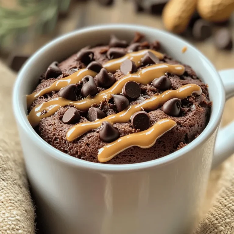 To make a Chocolate Peanut Butter Mug Cake, you will need: - 4 tablespoons all-purpose flour - 4 tablespoons granulated sugar - 2 tablespoons unsweetened cocoa powder - 1/8 teaspoon baking powder - 1/8 teaspoon salt - 3 tablespoons milk (or non-dairy milk) - 2 tablespoons creamy peanut butter - 1 tablespoon vegetable oil - 1/2 teaspoon vanilla extract - Optional: 2 tablespoons chocolate chips Each ingredient plays a key role. The flour gives it structure, while the sugar adds sweetness. Cocoa powder brings rich chocolate flavor. Baking powder helps it rise, and salt enhances taste. Milk keeps it moist. Peanut butter adds creaminess and flavor. Oil gives it a tender crumb, and vanilla adds a lovely aroma. If you want to switch things up, here are some alternatives: - Use whole wheat flour instead of all-purpose flour for added fiber. - Swap granulated sugar for brown sugar for a deeper flavor. - Try almond milk or oat milk if you prefer non-dairy options. - For a nut-free version, use sun butter in place of peanut butter. These changes can make the cake healthier or suit different diets without losing flavor. Want to make your mug cake even more exciting? Here are some optional mix-ins: - Add 2 tablespoons of chocolate chips for extra chocolatey goodness. - Toss in some chopped nuts for a crunchy texture. - Mix in a pinch of cinnamon for a warm spice note. - Add a few berries for a fruity twist. These mix-ins can transform your mug cake into something special. Feel free to get creative and make it your own! Start by picking a microwave-safe mug. Make sure it can hold about 12 ounces. In the mug, add: - 4 tablespoons all-purpose flour - 4 tablespoons granulated sugar - 2 tablespoons unsweetened cocoa powder - 1/8 teaspoon baking powder - 1/8 teaspoon salt Use a spoon to mix these dry ingredients well. Stir until no clumps are left. This step helps your mug cake rise and taste great. Now it’s time to add the wet stuff. Pour in: - 3 tablespoons milk (or non-dairy milk) - 2 tablespoons creamy peanut butter - 1 tablespoon vegetable oil - 1/2 teaspoon vanilla extract Grab a fork or a small whisk. Mix these ingredients until the batter is smooth. Make sure there are no lumps. If you want a chocolatey twist, add in 2 tablespoons of chocolate chips. Stir gently to combine. Place the mug in the microwave. Heat it on high for 1 minute and 30 seconds. After this, check your cake. It should look puffed and set. If a toothpick comes out wet, microwave in 10-second bursts until it is fully cooked. Be careful not to overcook it. Overcooking can make it dry. Let it cool for about a minute before digging in. You can top it with warm peanut butter or ice cream for a special treat. Enjoy your delicious mug cake! To get a soft, moist mug cake, mix the dry and wet ingredients well. Make sure no lumps remain in your batter. If you want a richer taste, add chocolate chips. They melt and create a gooey center. This makes each bite extra special. Microwave power levels vary. Start with 1 minute and 30 seconds. Check the cake after this time. If a toothpick comes out wet, cook in 10-second bursts. Keep an eye on it. Overcooking makes the cake dry. Top your mug cake with warm peanut butter. It adds flavor and richness. You can also add a scoop of ice cream. The cold ice cream will melt slightly on the warm cake. For a fun twist, sprinkle some nuts or fruits on top. {{image_4}} You can change the flavor of your mug cake easily! Try adding different extracts. Instead of vanilla, use almond or coconut extract. You can also mix in spices like cinnamon or nutmeg for warmth. If you love fruit, add mashed bananas or chopped strawberries. These will add sweetness and moisture. For a fun twist, consider peanut butter chips or caramel bits. Each addition makes your cake unique and exciting! You can make this mug cake gluten-free! Simply swap all-purpose flour with almond flour or a gluten-free blend. For a vegan version, replace the milk with almond, soy, or oat milk. Use a plant-based butter instead of regular butter. Make sure your chocolate chips are dairy-free if you add them. These changes help everyone enjoy this treat! Toppings make your mug cake even more special. A drizzle of chocolate syrup adds sweetness. You can also use whipped cream for a light touch. A scoop of ice cream on top is a classic choice! Try crushed nuts for crunch, or sprinkle some sea salt for contrast. Fresh fruit like berries or banana slices also pairs well. Get creative and make it your own! If you have leftover mug cake, store it in an airtight container. Let the cake cool before covering it. This keeps it moist and fresh. You can keep it at room temperature for one day. If you want to save it longer, place it in the fridge. The fridge can keep it good for up to three days. When you're ready to eat the leftover cake, you can reheat it in the microwave. Place the mug cake in the microwave for about 10 to 15 seconds. Check the cake to see if it's warm. If it's not hot enough, go for another 5 to 10 seconds. Be careful not to overheat it, or it can become tough. You can also freeze the mug cake. To do this, cut the cake into pieces. Wrap each piece tightly in plastic wrap, then place them in a freezer-safe bag. You can freeze them for up to three months. When you're ready to enjoy a piece, take it out and let it thaw in the fridge overnight. Reheat it as you like before serving. Yes, you can skip the peanut butter. Try using almond butter or sunflower seed butter. You can also use applesauce for a different taste. This keeps the cake moist but changes the flavor. Microwave power can vary. Start with 1 minute and 30 seconds. Check the cake after this time. If it needs more time, add 10 seconds at a time. You want a firm, set cake. You can use almond flour or oat flour instead. These options work well in mug cakes. They may change the texture slightly, but they keep it tasty. Just remember to use the same amount. This blog post covered how to make a tasty mug cake. We looked at the key ingredients and some fun mix-ins. I shared easy steps for prep and cooking. You learned tips for the best texture and ways to serve your cake. Plus, we explored different flavor options and how to store any leftovers. Remember, making a mug cake should be fun and simple. Experiment with flavors to find your favorite. Enjoy your delicious treat!