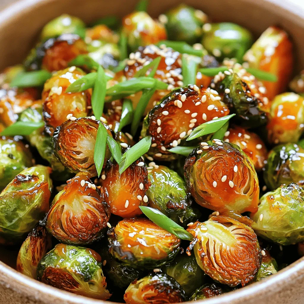 To create the best Honey Sriracha Brussels sprouts, you need the right ingredients. Here’s what to gather: - 1 pound Brussels sprouts, halved - 2 tablespoons olive oil - 2 tablespoons honey - 1 tablespoon sriracha sauce - 1 tablespoon soy sauce - 2 cloves garlic, finely minced - Salt and freshly ground black pepper, to taste - 1 tablespoon sesame seeds (for garnishing) - 2 green onions, sliced thinly (for garnishing) These ingredients come together to form a delightful mix of sweet and spicy flavors. The Brussels sprouts bring a nice crunch, while the honey and sriracha add delicious depth. The soy sauce provides umami, and garlic enhances the taste even more. Don't forget the garnishes; they add both flair and flavor to your dish! - First, preheat your oven to 400°F (200°C). This helps the Brussels sprouts cook evenly. - Next, take 1 pound of Brussels sprouts and cut them in half. This step helps them roast better. - In a large mixing bowl, add 2 tablespoons of olive oil. Toss in a good pinch of salt and black pepper. - Now, add the halved Brussels sprouts to the bowl. Mix well until they are fully coated with oil and seasoning. - Arrange the Brussels sprouts in a single layer on a baking sheet. Make sure they have space between them. - Roast the sprouts in the oven for 20-25 minutes. Stir them halfway through. This helps them crisp up nicely. - While the sprouts roast, let’s make the sauce. In a small bowl, combine 2 tablespoons of honey, 1 tablespoon of sriracha sauce, 1 tablespoon of soy sauce, and 2 cloves of minced garlic. - Whisk them together until the sauce is smooth and well mixed. This sauce brings a sweet and spicy kick. - Once the Brussels sprouts are roasted to a golden brown, take them out. - Drizzle the honey sriracha sauce over the sprouts. Toss them gently to coat them well. - Return the baking sheet to the oven. Bake the sprouts for another 5-8 minutes. This step lets the sauce caramelize and enhances the flavor. To get crispy Brussels sprouts, spacing is key. Place the sprouts on a baking sheet in a single layer. If they crowd each other, they will steam instead of roast. Roast them for about 20 to 25 minutes. Check them halfway through and stir for even cooking. If you want more crunch, add a few extra minutes to the roast time. You can adjust the sriracha to fit your heat level. If you love spice, use the full tablespoon. If you prefer a milder flavor, start with half. You can also try alternatives like chili garlic sauce or sweet chili sauce. These options can add a unique twist to your dish. You can add lime juice for a fresh kick. Nuts like chopped almonds or cashews can add crunch. They pair well with the sweet and spicy sauce. Consider serving these sprouts with grilled chicken or fish. They also work great as a side to any Asian-inspired dish. {{image_4}} To make this dish vegan, you can easily switch honey with agave or maple syrup. Both options provide a sweet taste that pairs well with the spicy sriracha. Agave syrup is thinner, while maple syrup gives a unique flavor. This change keeps the spirit of the dish intact and makes it plant-based. If you love bold flavors, try adding chili flakes or garlic powder. These ingredients enhance the heat and overall taste. A pinch of chili flakes can make a big difference. Garlic powder adds a deeper garlic flavor without the need for fresh garlic. Adjust the amount to fit your taste buds. For a sweet and savory twist, consider adding balsamic glaze or a sprinkle of brown sugar. Balsamic glaze brings a tangy sweetness that complements the sriracha. Brown sugar can caramelize beautifully, enhancing the dish's depth. Both options create a rich flavor balance that will impress everyone at the table. To store Honey Sriracha Brussels sprouts, place them in an airtight container. This helps keep them fresh. You can store them in the fridge for up to three days. Be sure to let them cool completely before sealing. This prevents moisture build-up, which can make them soggy. Reheating these Brussels sprouts can be tricky. You want them crispy! The best way is to use an oven. Preheat the oven to 350°F (175°C). Spread the sprouts on a baking sheet. Heat for about 10-15 minutes. This method keeps them crunchy. You can also use a skillet over medium heat. Just stir gently until warm. Freezing Brussels sprouts is possible, but the texture may change. If you want to freeze them, do it before roasting. Blanch them in boiling water for two minutes. Then, cool them quickly in ice water. Drain and dry them well before freezing. Store them in a freezer-safe bag. They can last for up to three months. When ready to use, thaw them in the fridge overnight before cooking. Yes, you can use frozen Brussels sprouts. However, the texture will change. Frozen sprouts may become mushy. To fix this, thaw and drain them first. Pat them dry to remove excess moisture. This helps them crisp up better when roasting. You can cook Brussels sprouts in several ways. Here are some options: - Steaming: This keeps them tender and bright green. - Sautéing: Cook in a pan with olive oil for a quick, crispy side. - Grilling: Adds a smoky flavor and nice char. - Boiling: Not recommended, as it can make them soggy. Each method gives a different taste and texture. You can prep this dish in advance. Here are some tips: - Prep the sprouts: Halve them and toss with oil and seasoning. Store in the fridge for up to a day. - Make the sauce: Whisk together the honey, sriracha, soy sauce, and garlic. Store in a sealed container. - Roasting: When ready, roast the sprouts and drizzle the sauce. Bake as directed. This saves time during busy meals. This blog post showed you how to make delicious honey sriracha Brussels sprouts. We covered the key ingredients you need, like olive oil and garlic, and went through each step clearly. You learned tips for perfect roasting and creative variations to try. Remember, small changes can make big flavors. Experiment with different spices or sauces. Enjoy this tasty dish as a side or snack. You’ll love how easy and fun it is to prepare. Happy cooking!
