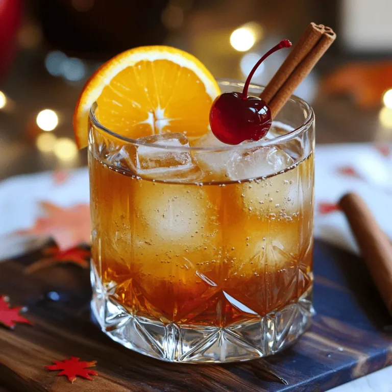 Use 2 oz of fresh apple cider. This gives the drink its sweet and tart base. Fresh cider has a bright taste that is perfect for fall. Add 1/2 oz of pure maple syrup. This syrup adds a deep sweetness and rich flavor. It balances the tartness of the cider well. You need 2 dashes of Angostura bitters. This adds complexity and warmth to your cocktail. Bitters enhance the overall taste without being too sweet. Use 1 slice of orange for garnish. It adds a fresh, citrus aroma. Plus, it looks great on the drink! Add 1 maraschino cherry. This cherry adds a pop of color and a sweet touch. It’s a cheerful finish to the drink. Fill your cocktail shaker with ice cubes. Ice chills the drink and keeps it refreshing. You want a cold drink, especially in warm weather. Use 1 cinnamon stick as a garnish. This adds a warm scent and a hint of spice. It makes your drink feel cozy and festive. First, grab your cocktail shaker. Fill it halfway with ice cubes. This step cools the drink, making it refreshing. Next, pour in 2 oz of fresh apple cider. The cider gives a sweet and crisp taste. Then, add 1/2 oz of pure maple syrup. This syrup adds a rich, natural sweetness. After that, include 2 dashes of Angostura bitters. These bitters add depth to your drink. Now, secure the shaker lid tightly. Shake the mixture vigorously for about 15 to 20 seconds. The outside of the shaker should feel cold. This means your drink is well mixed and chilled. Take an old-fashioned glass and fill it with fresh ice cubes. Strain the chilled mixture into this glass. This keeps your drink cold and enjoyable. For the final touch, add a slice of orange and a maraschino cherry. Place them on the rim or float them in the drink. Lastly, complete your Autumn Apple Fizz with a cinnamon stick. This adds a warm, aromatic scent that pairs well with the apple cider. Enjoy your delightful cocktail! To make a great Apple Cider Old Fashioned, pick fresh, high-quality apple cider. Look for cider that has a rich, sweet flavor. Local farms often sell the best options. Avoid cider with added sugars or preservatives. Fresh cider gives your drink that perfect autumn taste. Garnishes can elevate your drink. Try adding a twist of lemon peel for a bright taste. A sprig of rosemary adds a nice herbal note. You can also use apple slices for a fun touch. Each garnish brings its own flavor and makes your drink look great. Shaking is key to a well-mixed cocktail. Fill your shaker halfway with ice cubes. This chill helps blend the flavors. Secure the lid tightly; you don’t want a mess! Shake it hard for 15-20 seconds. You’re aiming for cold and mixed but not watered down. This step makes your drink refreshing. {{image_4}} To spice things up, you can add warm flavors to your Apple Cider Old Fashioned. Try adding a pinch of nutmeg or ginger. This will give your drink a cozy taste. You can also use spiced apple cider instead of fresh cider. It adds depth and warmth. Just follow the main recipe and use the spiced cider in place of fresh cider. If you want a fun drink without alcohol, you can make a mocktail version. Replace the whiskey with sparkling water or ginger ale. Use the same amount of fresh apple cider and maple syrup. Add all the other ingredients as usual. You get a bright, fizzy drink that everyone can enjoy. Garnishes can change the look and taste of your drink. Instead of an orange slice, try a thin slice of apple. It gives a fresh twist. You can also use fresh herbs like rosemary or mint for a unique flavor. A sprinkle of cinnamon on top can also enhance the aroma. Feel free to get creative with your garnishes! You can store homemade apple cider in the fridge. Use a clean glass jar. Seal it tightly to keep it fresh. It lasts about one week. After that, it may spoil. Always check for any off smells before using. Keep your leftover ingredients in the fridge. Store maple syrup in a sealed container. It can last for months if stored right. For the orange slice, wrap it in a damp paper towel. Place it in a plastic bag to keep it fresh. Maraschino cherries should stay in their jar. Make sure the lid is tight. You can prepare some parts of the cocktail in advance. Mix apple cider and maple syrup, then chill it. Store this mix in the fridge. You can also measure the bitters ahead of time. Before serving, just shake it up with ice. This saves time and keeps the drink fresh and tasty. An Apple Cider Old Fashioned Cocktail is a twist on the classic drink. It blends fresh apple cider with maple syrup and bitters. This drink offers a sweet, warm flavor perfect for chilly days. The orange slice and cherry add a nice touch. The cinnamon stick makes it even better. Yes, you can use store-bought apple cider. Just make sure it is fresh and high-quality. Look for options without added sugar or preservatives. This way, you still get great flavor in your cocktail. To make larger batches, simply scale up the ingredients. For every four servings, use 8 oz of apple cider and 2 oz of maple syrup. Add 8 dashes of bitters. Mix well in a pitcher and serve over ice. If you don’t have maple syrup, honey or agave syrup works well. Both add sweetness and flavor. You can also try brown sugar if you dissolve it first in warm water. To adjust sweetness, add more maple syrup for a sweeter drink. If it's too sweet, add a bit more apple cider or a splash of lemon juice. This will balance the flavors perfectly. In this post, I covered how to make an Apple Cider Old Fashioned. We explored ingredients like fresh apple cider, pure maple syrup, and Angostura bitters. I outlined clear steps to mix and shake your drink, along with tips to enhance flavors. You can also try variations or store any leftovers safely. Enjoy making this tasty cocktail with friends and family. It’s a fun way to impress anyone at your next gathering!
