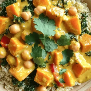 - 2 large sweet potatoes, peeled and cut into 1-inch cubes - 1 can (14 oz) full-fat coconut milk - 1 medium onion, finely chopped - 3 cloves garlic, minced - 1 tablespoon fresh ginger, grated - 1 red bell pepper, diced - 1 cup kale, chopped (can substitute with spinach) - 1 can (14 oz) chickpeas, drained and rinsed - 2 tablespoons curry powder - 1 teaspoon ground cumin - Salt and freshly cracked black pepper, to taste - 2 tablespoons vegetable oil (such as canola or olive oil) Sweet potatoes are the star of this dish. They add creaminess and natural sweetness. Coconut milk makes the curry rich and smooth. Onion and garlic bring depth to the flavor. Spices like curry powder and cumin add warmth and aroma. - Fresh cilantro leaves, for garnish - Cooked quinoa or rice, for serving Garnish with fresh cilantro for a burst of color and taste. Serve the curry over cooked quinoa or rice for a complete meal. This adds texture and makes it more filling. 1. Start by heating the vegetable oil in a large pot over medium heat. Wait until it shimmers. 2. Add the finely chopped onion. Cook and stir for about five minutes. The onion should become soft and clear. 3. Next, add the minced garlic and grated ginger. Stir for one minute. You will smell their lovely scent. 4. Now, toss in the diced red bell pepper. Cook for another three to four minutes. The pepper should be tender. 1. Sprinkle the curry powder and ground cumin into the pot. Stir well to coat the veggies. This step makes the spices bloom and taste bright. 2. Add the sweet potato cubes and pour in the coconut milk. Mix everything together. Bring the pot to a gentle simmer. 3. Cover the pot and let it cook for about 15 to 20 minutes. The sweet potatoes should be soft enough to pierce with a fork. 1. Once the sweet potatoes are cooked, add the drained chickpeas and chopped kale. Stir gently until the greens wilt. This should take about five minutes. 2. Taste your curry. Now is the time to add salt and freshly cracked black pepper. Adjust seasoning to your liking. 3. To serve, spoon the curry over cooked quinoa or rice. Garnish with fresh cilantro leaves for a colorful finish. To make sweet potatoes fork-tender, cut them into 1-inch cubes. This size helps them cook evenly. When you simmer the curry, aim for about 15 to 20 minutes. Stir occasionally to keep everything well mixed. If you want your sweet potatoes softer, add a few extra minutes. To boost the flavor, consider adding spices like coriander or turmeric. You can also add a dash of hot sauce for some heat. If you want your coconut milk thinner, add a splash of vegetable broth or water. For a creamier texture, use less broth. Always taste and adjust as you go. This ensures the curry fits your flavor preference. {{image_4}} You can switch up the veggies in your curry. Try adding: - Carrots - Cauliflower - Zucchini - Green beans These vegetables add taste and color. They also boost nutrition. For legumes, chickpeas are great, but you can also use: - Black beans - Lentils - Edamame Each option brings its own flavor and texture. Feel free to mix and match based on what you have at home. This recipe can work for different diets. To make it gluten-free, ensure that your spices and coconut milk are certified gluten-free. Most are, but it's smart to check. If you want a low-carb option, skip the quinoa or rice. Try serving the curry over spiralized veggies or cauliflower rice. This keeps it light but still filling. Using these variations, you can make this vegan sweet potato curry fit your taste and diet. Store any leftover vegan sweet potato curry in a sealed container. Keep it in the fridge. It stays fresh for up to four days. When you reheat, use a pot on medium heat. Stir it gently until warm. You can also use a microwave. Heat in short bursts and stir in between. This helps it warm evenly. To freeze the curry, let it cool completely first. Use freezer-safe containers. Leave some space at the top, as it may expand. The curry lasts for three months in the freezer. When you're ready to eat, take it out and thaw it overnight in the fridge. You can also use the microwave for a quick thaw. Just be careful, as this may change the texture. Reheat it on the stove before serving. Sweet potatoes are packed with nutrients. They are a great source of vitamins A and C. These vitamins help keep your skin and eyes healthy. Sweet potatoes also provide fiber. Fiber aids digestion and keeps you feeling full. They contain antioxidants, which help fight free radicals in your body. Eating sweet potatoes may boost your immune system. They are low in calories and fat. This makes them a smart choice for healthy meals. Yes, you can make this curry ahead of time. It stores well in the fridge. Let the curry cool down first. Then, place it in an airtight container. It can last up to five days. To reheat, warm it on the stove or in the microwave. If you want to meal prep, cook a big batch. This way, you have meals ready for busy days. You can also freeze the curry. It stays good for up to three months. I recommend serving this curry with cooked quinoa or rice. Both are great for soaking up the sauce. You can also add naan bread for a fun twist. A fresh salad or steamed veggies pair nicely too. For a burst of flavor, add a wedge of lime. It adds a nice zing to each bite. You could even serve it with a side of yogurt or dairy-free yogurt. This adds creaminess and balances the spices. This blog post covered crafting a delicious vegan sweet potato curry. We discussed key ingredients like sweet potatoes, coconut milk, and spices. Then, we walked through step-by-step cooking instructions to build rich flavors. You learned tips for perfect texture and how to enhance taste. We also explored variations, adapting for diets, and best storage practices. This wholesome dish is perfect for any meal. Try your own mix of ingredients and enjoy!