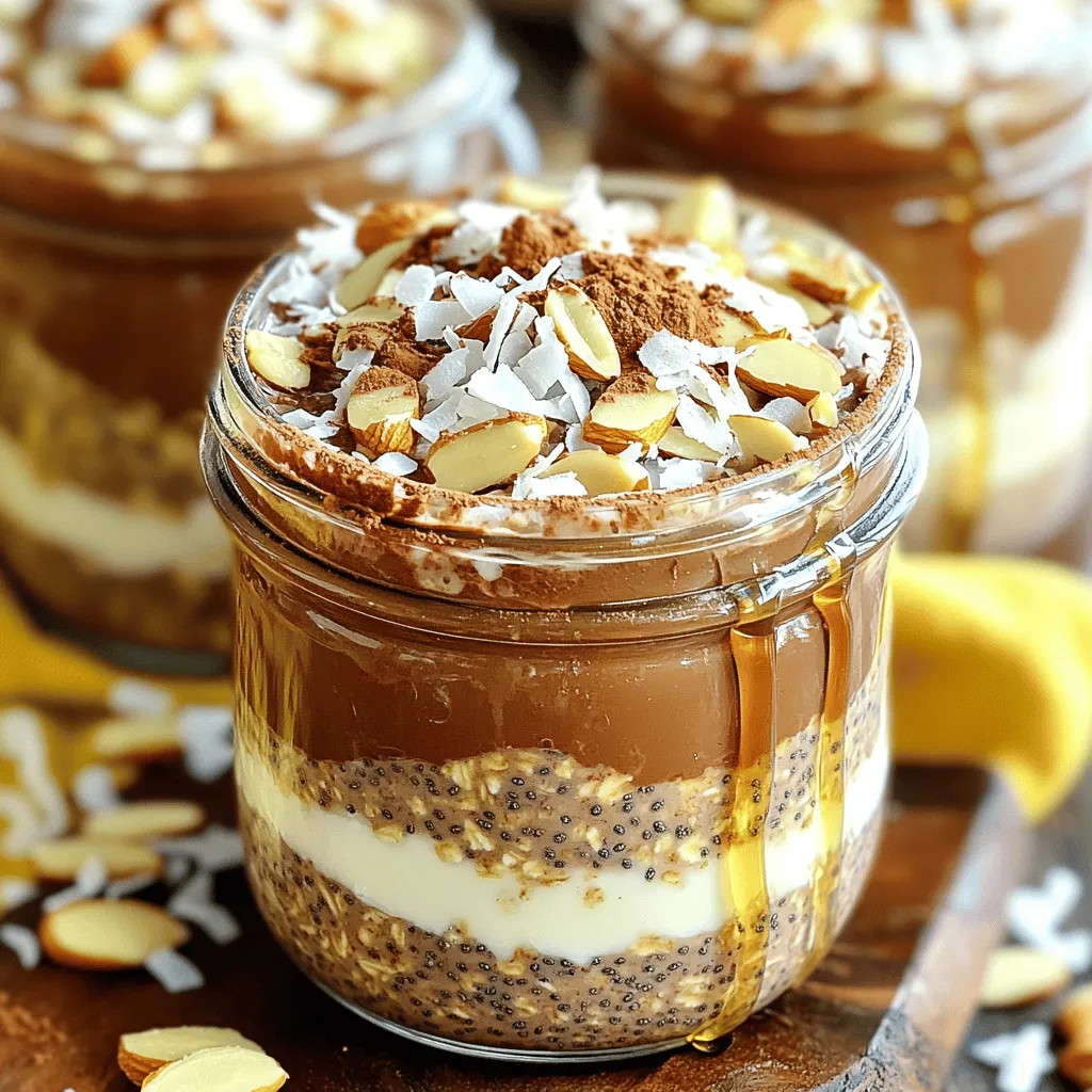 - 1 cup rolled oats - 1 cup almond milk (or your preferred milk) - 1 tablespoon chia seeds - 2 tablespoons maple syrup - 1/4 cup shredded unsweetened coconut - 1/4 cup slivered almonds - 2 tablespoons cocoa powder - 1/2 teaspoon vanilla extract - Pinch of salt For your Almond Joy Overnight Oats, I love using rolled oats. They give a great texture. Almond milk keeps it dairy-free and adds a nice nutty flavor. Chia seeds are my secret for creaminess. Maple syrup sweetens it just right. Shredded coconut and slivered almonds give that classic Almond Joy taste. Cocoa powder adds rich chocolate flavor. A pinch of salt enhances all the tastes. - Additional coconut for topping - Extra slivered almonds for garnish For garnish, I suggest using more coconut and almonds. They add a crunch and visual appeal. You can also get creative with toppings. Consider fresh fruit or a dollop of nut butter. This makes your meal even more special! Combine the rolled oats, chia seeds, cocoa powder, and a pinch of salt in a bowl. Mix them well. This step ensures that the flavors blend nicely. You want every bite to taste great. In another bowl, whisk together 1 cup of almond milk, 2 tablespoons of maple syrup, and 1/2 teaspoon of vanilla extract. This mixture gives your oats a rich and sweet flavor. Make sure it is smooth and well combined. Next, pour the wet mixture over the dry ingredients. Stir until everything is well mixed and moistened. Gently fold in 1/4 cup of shredded coconut and 1/4 cup of slivered almonds. This adds a nice crunch. Now, cover the bowl or divide the mixture into jars. Refrigerate overnight or for at least 4 hours. This soaking helps the oats soften and absorb the flavors. When you are ready to eat, take the oats out of the fridge. Stir them well and check the consistency. If they seem too thick, add a splash of almond milk. Before serving, top with extra shredded coconut and slivered almonds for a delightful crunch. Enjoy this tasty breakfast! To get the right texture in your Almond Joy Overnight Oats, adjust the almond milk. If you like thicker oats, use less milk. If you prefer them runny, add more almond milk. This way, you control the creaminess. When using coconut, fresh coconut gives a nice chew. Dried coconut is crunchier and sweeter. Both are tasty, but fresh coconut adds a brighter flavor. Experiment with each to find what you love. The recipe calls for maple syrup, but you can change the sweetness. Start with two tablespoons, then taste. If you want it sweeter, add more syrup. You can also try other sweeteners. Honey, agave, or stevia work well. Each adds its own flavor, so choose what fits your taste. Serve your oats in clear glass jars. This shows off the pretty layers of oats, coconut, and almonds. It makes breakfast feel special. Top the oats with fresh fruit or nut butter. Slices of banana or a scoop of almond butter add flavor and nutrition. Get creative with your toppings! {{image_4}} Want to mix things up? Try these fun flavors! For a Chocolate Almond Joy, just add more cocoa and some chocolate chips. This makes it richer and more indulgent. If you crave something fruity, go for a Tropical Twist. Use fresh pineapple or mango with the coconut. This adds a bright taste and makes breakfast feel like a vacation. Have special dietary needs? No problem! You can swap out non-vegan ingredients for vegan ones. Use plant-based milk and maple syrup for sweetening. If you're gluten-free, choose certified gluten-free oats. This way, you can still enjoy these tasty oats without worry. Make your oats even better by adding seasonal items. In summer, toss in fresh berries for a burst of flavor. In fall, you can use pumpkin spice and some nuts. This gives your Overnight Oats a cozy feel. Each season brings new chances to explore flavors and keep breakfast exciting! To keep your Almond Joy Overnight Oats fresh, store them in the refrigerator. Use an airtight container or a mason jar. This helps prevent any odors from other foods. If you plan to eat them within three days, this method works great. For maximum freshness, consume your oats within five days. After that, the oats may lose their texture and flavor. Always check for any signs of spoilage before eating. You can freeze portions of your overnight oats for easy meals later. Simply scoop the oats into freezer-safe containers. Leave some space at the top, as they will expand when frozen. When you are ready to eat, thaw the oats in the fridge overnight. You can also use the microwave for a quick option. If frozen, they may need a splash of almond milk to regain the creamy texture. If you have a nut allergy or avoid dairy, you have great options. You can use oat milk, soy milk, or coconut milk. Each option gives a unique flavor. Rice milk is another choice, but it's thinner. Choose a milk that fits your taste. Overnight oats stay fresh in the fridge for about 3 to 5 days. Store them in airtight jars for best results. If you want to freeze them, that works too! Just thaw them overnight in the fridge before eating. Yes, you can eat overnight oats warm! Just heat them in the microwave for about 30 seconds. Stir well to mix the heat. You can also add a splash of milk to help warm them up nicely. To make almond joy overnight oats sugar-free, use natural sweeteners. Try mashed bananas or unsweetened applesauce. You can also use stevia or monk fruit. Adjust the sweetness to your taste for a healthier choice. This blog post shared a simple recipe for making delicious overnight oats. We covered key ingredients, step-by-step instructions, and tips for making it just right. I discussed fun variations to fit your taste and dietary needs, plus how to store or freeze them. Remember, these oats are quick and easy for busy mornings. Customize them as you wish for a healthy breakfast. Enjoy your tasty, nutritious creation!
