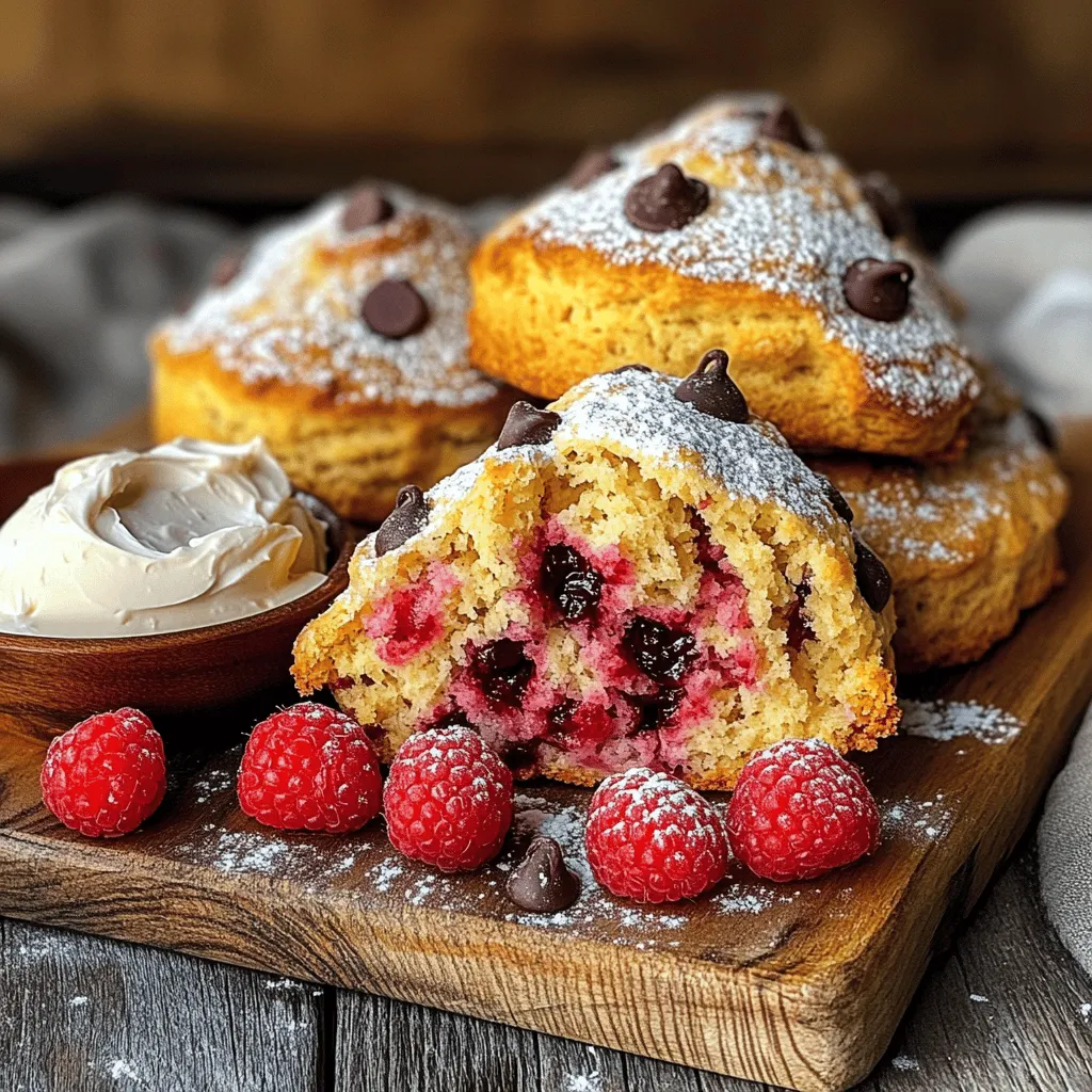 - 2 cups all-purpose flour - 1/4 cup granulated sugar - 1 tablespoon baking powder - 1/2 teaspoon salt - 1/2 cup unsalted butter, cold and cubed - 1/2 cup heavy cream - 1 large egg - 1 teaspoon vanilla extract - 1 cup fresh raspberries - 1/2 cup chocolate chips The base of these scones starts with flour, sugar, and butter. The flour gives structure, while the sugar adds sweetness. Baking powder helps them rise, creating a soft texture. Salt balances the flavors. Cold butter is key. It makes the scones flaky. You want those little bits of butter to stay intact. Mixing it well with the dry ingredients until it looks like crumbs is a must. Heavy cream, egg, and vanilla extract bring moisture and flavor. The cream adds richness, and the egg helps bind everything together. You can’t forget the star players: fresh raspberries and chocolate chips. They add bursts of flavor and sweetness. - Different types of chocolate (dark, milk, or white) - Citrus zest for added flavor Feel free to switch up the chocolate. Dark chocolate gives a rich taste, while white chocolate adds a sweet touch. A little lemon or orange zest can brighten the flavor, making your scones even more delightful. - Dairy-free butter for a vegan option - Almond flour for a gluten-free version If you want a vegan scone, swap regular butter for dairy-free butter. For a gluten-free option, almond flour works well. Just remember, these changes can alter the texture a bit. Adjustments might be needed to get that perfect scone. - Preheat your oven to 400°F (200°C). This helps the scones bake evenly. - In a large bowl, mix together 2 cups of all-purpose flour, 1/4 cup of granulated sugar, 1 tablespoon of baking powder, and 1/2 teaspoon of salt. Whisk these dry ingredients well until they are blended. - Add 1/2 cup of cold, cubed unsalted butter to the dry mix. Use your fingers or a pastry cutter to blend the butter until the mix looks like coarse crumbs. This step is key to getting that flaky texture. - In another bowl, whisk together 1/2 cup of heavy cream, 1 large egg, and 1 teaspoon of vanilla extract. Make sure it is fully mixed and frothy. - Pour the wet mix into the dry ingredients. Gently stir with a spatula until just combined. It’s okay if there are small lumps; don’t overmix! - Carefully fold in 1 cup of fresh raspberries and 1/2 cup of chocolate chips. Make sure to handle the berries gently so they don’t break. - Turn the dough out onto a lightly floured surface. Use your hands to shape it into a circle about 1 inch thick. - With a sharp knife, cut the dough into 8 wedges. Space them out on a baking sheet lined with parchment paper. Leave about 2 inches between each scone. - Bake in the preheated oven for 15-20 minutes. Look for a light golden brown around the edges. A toothpick inserted in the center should come out clean. - Once baked, transfer the scones to a wire rack. Let them cool for a few minutes before serving. - For the best taste, serve them warm. You can dust them lightly with powdered sugar or pair with clotted cream or softened butter. For an extra touch, add fresh raspberries and a sprig of mint on the side. To make your scones flaky, use cold ingredients. Cold butter is key. It helps create pockets of air in the dough. When you mix in the butter, aim for pea-sized pieces. This gives your scones a light texture. Do not overmix the dough. Mix gently until you see no dry flour. Small lumps are okay. Overmixing will make your scones tough and dense. Bake your scones at 400°F (200°C). This high heat helps them rise and brown nicely. The scones need about 15 to 20 minutes in the oven. To tell if they are done, look for a light golden color. Insert a toothpick in the center. If it comes out clean, your scones are ready. You can boost flavor with extracts and spices. A touch of almond extract adds a nice twist. Consider adding cinnamon for warmth. Pair your scones with tea or coffee. They go well with a light fruit jam too. A dollop of clotted cream makes them even more special! {{image_4}} You can change up the fruit in your scones easily. Blueberries and strawberries work great. Just swap raspberries with the fruit of your choice. For mixed flavors, combine different fruits. Try half raspberries and half blueberries for a colorful treat. The flavors blend well and make for a tasty bite. Want to change the chocolate? You can add chocolate chunks or even cocoa powder. This adds a rich flavor to your scones. If you like variety, use flavored chocolate, like mint or orange. It gives a twist that's fun and unique. Experimenting with chocolate keeps each batch fresh and exciting. Not in the mood for sweet? Try a savory version! Mixing in cheese or herbs can create a new flavor. Cheddar cheese pairs well with herbs like rosemary. Adjust the sugar and salt to balance the taste. Less sugar makes these scones great for breakfast or brunch. These adaptations make scones versatile for any meal. To keep your scones fresh, store them in an airtight container. This prevents air from making them dry. Place a piece of parchment paper between layers if you stack them. You can keep them at room temperature for a short time. - Best methods for keeping scones fresh: - Use airtight containers. - Add parchment paper between stacks. - Recommended containers and environments: - Use a plastic or glass container. - Keep in a cool, dry place. You can freeze both unbaked and baked scones. For unbaked scones, shape them first and place them on a baking sheet. Freeze until firm, then transfer to a freezer bag. For baked scones, cool them first, then wrap them tightly. - How to freeze unbaked and baked scones: - Unbaked: Shape, freeze on a sheet, then bag. - Baked: Cool, wrap, and freeze. - Thawing and reheating tips: - Thaw unbaked scones in the fridge overnight before baking. - Reheat baked scones in the oven at 350°F (175°C) for 10 minutes. Scones stay fresh for about 2-3 days at room temperature. If stored properly, they can last longer in the fridge. - How long scones stay fresh at room temperature: - 2-3 days in an airtight container. - Signs that scones have gone bad: - Look for mold or a sour smell. - Texture becomes dry and hard. Yes, you can prepare these scones ahead of time. Here are some tips: - Make the Dough: You can mix the dough a day before. Keep it covered in the fridge. - Shape the Scones: After shaping the dough, place the scones on a baking sheet. Freeze them for about 30 minutes. Then, transfer them to an airtight container. - Bake Later: When you're ready to bake, just add a few extra minutes to baking time. These scones taste great on their own, but you can add some fun toppings: - Jam: Raspberry or strawberry jam adds a sweet touch. - Cream: Clotted cream or whipped cream gives a rich flavor. - Butter: A pat of softened butter melts nicely on warm scones. You can easily tweak this recipe for a healthier version: - Reduce Sugar: Cut down the sugar by a quarter. The scones will still taste good. - Whole Grains: Use whole wheat flour instead of all-purpose flour. This adds fiber and nutrients. - Fruit Boost: Add more raspberries to increase vitamins and flavor without extra sugar. Raspberry Chocolate Chip Scones are simple and fun to make. Start with key ingredients like flour, sugar, and berries. Follow the step-by-step instructions to create perfectly flaky scones. Remember, choosing optional add-ins can change the flavor. Store and freeze them properly for later enjoyment. In the end, experimenting with variations keeps this recipe fresh and exciting. Try new fruits or savory items to meet your taste. Enjoy the process and savor each bite of your homemade scones!