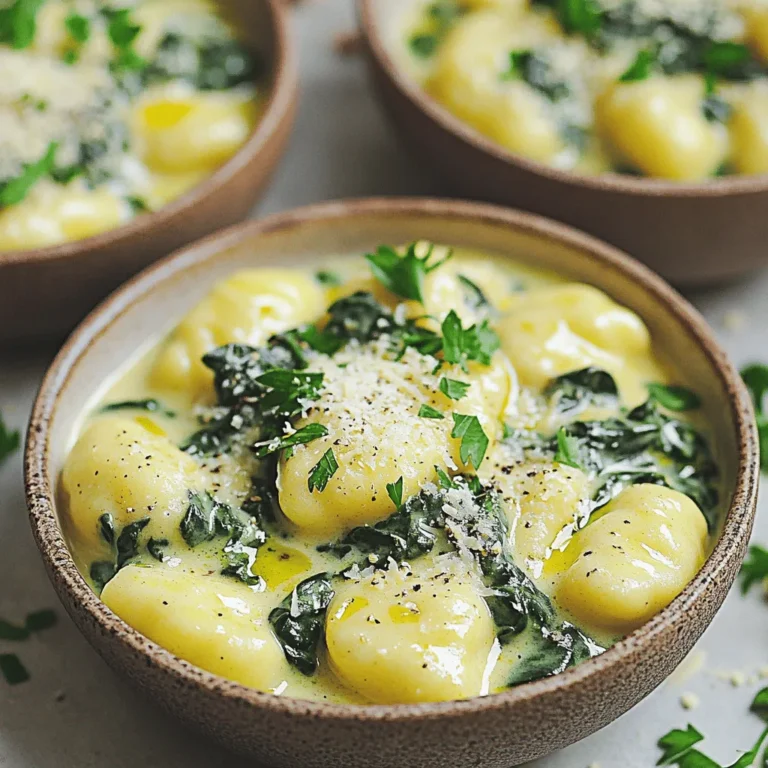 - 1 pound gnocchi (fresh or store-bought) - 2 cups fresh spinach, chopped - 1 cup heavy cream - 1 cup finely grated Parmesan cheese - 3 cloves garlic, minced - 2 tablespoons unsalted butter - 1 tablespoon extra virgin olive oil - Salt and ground black pepper, to taste - A pinch of freshly grated nutmeg (optional) - Fresh parsley, chopped, for garnish When I gather the ingredients for creamy garlic parmesan spinach gnocchi, I feel excited. Each item plays a big role in flavor. The gnocchi serves as the soft base, while fresh spinach adds a nice touch of color and nutrition. Heavy cream is key for that rich, creamy sauce. I love using finely grated Parmesan cheese. It melts beautifully and brings a wonderful umami taste. Garlic is my secret weapon. Just a few cloves, minced well, give the dish a deep flavor. For seasoning, I use unsalted butter and extra virgin olive oil. These fats help create a silky sauce. Salt and black pepper are essential to balance the flavors. If you want a hint of warmth, add freshly grated nutmeg. It’s optional but can elevate the dish. Finally, I like to sprinkle fresh parsley on top. It adds a pop of color and freshness. This dish is not just tasty; it’s also a feast for the eyes. When you combine all these ingredients, you create something truly delightful! First, grab a large pot and fill it with water. Place it on the stove and turn on the heat. Wait until the water starts to boil. Once it bubbles, add a good amount of salt to the water. This step adds flavor to the gnocchi. Next, add the gnocchi to the boiling water. Cook them for about 2-3 minutes. You’ll know they’re ready when they float to the surface. After cooking, carefully drain the gnocchi and set them aside. In a large skillet, combine two tablespoons of olive oil and two tablespoons of unsalted butter. Heat this over medium heat. Once the butter has melted, add three minced garlic cloves. Sauté the garlic for about one minute. Stir it often to avoid burning. The garlic should smell great but remain pale. Now, slowly pour in one cup of heavy cream. Stir to mix everything well and bring it to a gentle simmer. Next, it’s time to add the flavor! Gradually add one cup of finely grated Parmesan cheese. Keep stirring until the cheese melts. The sauce should become creamy and smooth. Then, add two cups of chopped spinach to the skillet. Stir it into the sauce and cook for about 2-3 minutes. The spinach will wilt and turn bright green. Season the sauce with salt and black pepper to taste. You can also add a pinch of nutmeg for extra flavor if you like. Now, gently fold in the cooked gnocchi. Make sure each piece is coated in the creamy sauce. Let everything cook together for about two minutes. This step allows the gnocchi to soak up some sauce. Once it’s heated through, you’re ready to serve! To keep your gnocchi from sticking together, follow these steps: - Use enough water: A large pot helps the gnocchi float. - Salt the water: This adds flavor and helps prevent sticking. - Avoid overcrowding: Cook gnocchi in batches to keep them separate. How do you know if gnocchi is cooked? Look for these signs: - Floating: When gnocchi rises to the top, they are ready. - Texture: They should feel soft and tender but not mushy. Want to switch up your cheese? Here are some tasty options: - Pecorino Romano: This cheese adds a sharper flavor. - Mozzarella: For a gooey texture, mix in some mozzarella. To make your sauce thicker, try these tips: - Use less cream: Start with half a cup and adjust as needed. - Add more cheese: Stir in extra Parmesan for creaminess. For a great look, serve gnocchi in shallow bowls. Here are some ideas for presentation: - Drizzle extra cream: A light drizzle adds visual appeal. - Sprinkle more cheese: It enhances flavor and looks nice. Pair this dish with these sides for a complete meal: - Garlic bread: Perfect for soaking up the sauce. - Simple salad: A fresh salad balances the richness of the gnocchi. {{image_4}} You can make your creamy garlic parmesan spinach gnocchi even better by adding protein. Chicken, shrimp, and bacon are great options. - Chicken: Use cooked and diced chicken breast. Add it to the sauce after you sauté the garlic. - Shrimp: Cook shrimp in the skillet before adding the cream. This gives the sauce a lovely seafood twist. - Bacon: Cook bacon until it’s crispy. Crumble it and mix it into the dish for a rich, smoky flavor. Each protein cooks differently, so adjust your method. For chicken and shrimp, cook them in the skillet before the cream. For bacon, cook it first, then use the fat to sauté the garlic. If you want a vegan or dairy-free version, you can easily swap out some ingredients. Use plant-based cream and cheese instead of dairy. - Cream: Look for coconut or almond cream. Both add richness without dairy. - Cheese: Nutritional yeast can give a cheesy flavor. There are also many brands of vegan cheese available. Make sure to use vegan gnocchi too. Many store-bought gnocchi contain egg, so check the label or make your own. Using seasonal vegetables can make this dish even more delicious. Fresh produce adds flavor and nutrition. - Asparagus: Add bite-sized pieces of asparagus when you add the spinach. They will cook quickly and stay crisp. - Peas: Stir in fresh or frozen peas near the end of cooking. They add sweetness and a pop of color. Adjust your dish based on what’s fresh and available. This not only enhances the taste but also supports local farmers. To store leftovers, let the creamy garlic Parmesan spinach gnocchi cool first. Place it in an airtight container. You can store the gnocchi in the fridge for up to three days. For freezing, put the cooled gnocchi in a freezer-safe bag or container. It helps to separate portions. This dish freezes well for about one month. When you want to eat it, move it to the fridge overnight to thaw. To reheat, use a skillet over low heat. Add a bit of cream or water to keep it moist. Stir gently until warmed through. Avoid microwaving, as it can make the gnocchi soggy or dry. Enjoy your creamy dish just like fresh! What is the best type of gnocchi to use? You can use fresh or store-bought gnocchi. Fresh gnocchi has a soft texture. Store-bought gnocchi is quick and easy. Both types work well in this dish. Can I make this dish ahead of time? Yes, you can prepare the sauce ahead of time. Store it in the fridge for up to two days. Cook the gnocchi fresh before serving for the best taste. Why is my sauce separating? If your sauce separates, it may be too hot. Keep the heat low when mixing in cheese. Stir continuously to help blend the sauce. How can I make this dish spicier? Add red pepper flakes or a dash of hot sauce. You can also sauté some chopped jalapeños with the garlic for added heat. Can I use half-and-half instead of heavy cream? Yes, half-and-half is a good substitute. It will make the sauce a bit lighter. The creaminess will still be nice but less rich. What can I use instead of Parmesan cheese? If you don’t have Parmesan, you can use Pecorino Romano or nutritional yeast for a vegan option. Both will add a savory flavor to the dish. This recipe for gnocchi with creamy spinach sauce covers every detail you need. We discussed key ingredients, cooking steps, and ways to store leftovers. You learned tips to enhance flavor and make the dish your own. Whether you want to add protein or explore vegan options, there are many paths to deliciousness. Now, it's time to whip up this easy meal. Enjoy the cooking journey.