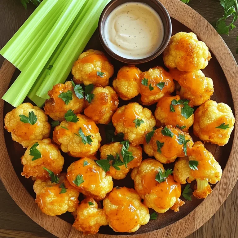 - 1 large head of cauliflower, cut into florets - 1 cup all-purpose flour - 1 teaspoon garlic powder - 1 teaspoon onion powder - 1 teaspoon smoked paprika - 1 teaspoon cayenne pepper (adjust for desired spiciness) - 1 cup cold water or non-dairy milk - 1 cup buffalo hot sauce (adjust to taste) - 2 tablespoons melted vegan butter or regular butter - Salt and pepper, to taste - Fresh parsley, finely chopped for garnish I love how each ingredient plays a role in the flavor and texture of these bites. The cauliflower gives a nice crunch. The flour and spices create a flavorful coating. Adding garlic and onion powder brings depth. Smoked paprika adds a bit of warmth, while cayenne gives that kick. I prefer using cold water or non-dairy milk for a creamier batter. The buffalo sauce is the star here. It adds heat and tanginess. Mixing it with melted butter makes it rich and smooth. For the finishing touch, sprinkle fresh parsley on top. It adds color and a fresh taste. Each ingredient is simple but works together to make something truly special. First, preheat your oven to 450°F (232°C). This helps get the cauliflower crispy. Next, prepare a baking sheet by lining it with parchment paper. This will keep the bites from sticking. Now, let’s mix the batter. In a large bowl, combine 1 cup of all-purpose flour, 1 teaspoon of garlic powder, 1 teaspoon of onion powder, 1 teaspoon of smoked paprika, and 1 teaspoon of cayenne pepper. Add a pinch of salt and pepper too. Whisk these dry ingredients together until blended. Slowly pour in 1 cup of cold water or non-dairy milk. Stir until you get a smooth batter. The batter should be pourable but thick enough to coat the cauliflower. Next, take each cauliflower floret and dip it into the batter. Make sure each piece is fully coated. Place the battered florets onto the lined baking sheet in a single layer. Bake in the preheated oven for 20-25 minutes. You want them to turn a nice golden brown and become crispy. Keep an eye on them, as oven times can vary. While the cauliflower bakes, prepare the buffalo sauce. In a small bowl, mix 1 cup of buffalo hot sauce with 2 tablespoons of melted butter. Stir until well combined. Once the cauliflower is crisp and golden, take it out of the oven. Drizzle the buffalo sauce over the florets or toss them gently in a mixing bowl with the sauce for even coating. Return the cauliflower bites to the oven for an additional 5-10 minutes. This helps the sauce stick and boosts the flavor. After this time, take them out and let them cool slightly before serving. To make your Buffalo Cauliflower Bites pop with flavor, you can easily adjust the spice levels. If you like heat, add more cayenne pepper to the batter or sauce. For a milder bite, use less cayenne and choose a milder hot sauce. You can also mix in some garlic or onion powder for a deeper flavor. For a crispier texture, make sure your cauliflower florets are well-coated in the batter. Let any excess batter drip off before placing them on the baking sheet. This helps prevent sogginess. You can also bake them a bit longer, but keep an eye on them to avoid burning. You can choose between the oven and air fryer to cook your cauliflower bites. Both methods give great results, but they differ in texture. The oven gives a nice even crisp, while the air fryer can make them even crunchier. If using the oven, preheat to 450°F (232°C) for the best results. Baking time is important. Bake your bites for 20-25 minutes until they turn golden brown. If you use the air fryer, check them at about 15 minutes. Adjust the baking time based on how crispy you want them. Always make sure to check for doneness to keep them from getting too soft. {{image_4}} For a gluten-free option, you can use gluten-free flour. It works great in the batter. Just replace the all-purpose flour with an equal amount of gluten-free flour. If you need a dairy-free alternative for the sauce, use vegan butter instead of regular butter. This keeps the flavors rich without the dairy. You can also use a store-bought vegan hot sauce if you prefer. Try adding different seasonings to the batter. A pinch of cumin or a sprinkle of Italian herbs can add a new twist. If you like heat, add more cayenne pepper or even some chili powder. For serving, pair the Buffalo Cauliflower Bites with various dips. Ranch or blue cheese dressing is classic. But you can also serve them with a zesty avocado dip or a cool yogurt sauce. These options add extra flavor and fun to your snack! To keep your Buffalo Cauliflower Bites fresh, store them in an airtight container. Place the container in the fridge. They stay good for about 3-5 days. When you want to eat them again, reheating is key. To reheat, use an oven or an air fryer. Preheat the oven to 350°F (175°C). Place the bites on a baking sheet and heat for 10-15 minutes. This will help them stay crispy. You can freeze these bites either before or after cooking. If you freeze them before cooking, coat the florets in batter. Arrange them on a baking sheet and freeze until firm. Then, transfer the bites into a freezer bag. If you freeze them after cooking, let them cool first. Then, place them in a freezer bag. They last up to 3 months. When you're ready to eat, thaw the bites in the fridge overnight. For reheating, bake them in a preheated oven at 400°F (200°C) for about 15-20 minutes. This keeps them crispy and tasty. Can I make Buffalo Cauliflower Bites ahead of time? Yes, you can prepare the cauliflower bites in advance. Just coat them with the batter and place them on the baking sheet. You can store them in the fridge for a few hours. When you're ready, bake them as directed. This makes a quick snack for parties or game days. What can I serve with Buffalo Cauliflower Bites? These bites pair well with several sides. I love serving them with celery sticks. You can also add ranch or blue cheese dressing for dipping. They make a great snack for any occasion. How do I make them spicier or milder? To adjust the heat, change the cayenne pepper amount. For milder bites, reduce the cayenne or skip it. If you want more heat, add extra buffalo sauce or cayenne. Taste as you go to find your perfect balance. Nutritional breakdown per serving - Calories: 150 - Protein: 4g - Carbohydrates: 20g - Fat: 6g - Fiber: 3g Health benefits of cauliflower in this recipe Cauliflower is low in calories and high in fiber. It is also rich in vitamins C and K. This veggie supports digestion and boosts your immune system. Eating cauliflower can help you stay healthy while enjoying tasty snacks. Can I bake them instead of frying? Yes, baking is a great option. In fact, the recipe I shared is baked. This method gives you crispy bites without extra oil. Just follow the baking instructions for the best results. Adjustments for different dietary needs You can make this recipe gluten-free by using a gluten-free flour blend. For a dairy-free version, swap regular butter for vegan butter. These changes keep the flavor while meeting dietary needs. In this blog post, we covered how to make delicious Buffalo Cauliflower Bites. You learned about the key ingredients, step-by-step prep, and cooking methods. We also explored tips for flavor and texture, plus variations to suit your taste. You can store leftovers easily and even freeze them for later. Buffalo Cauliflower Bites offer a fun, healthy snack. Experiment with flavors, and enjoy them at your next gathering.