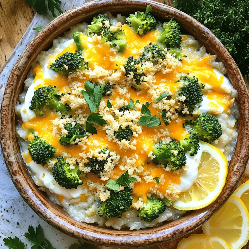 - 2 cups cooked rice (white or brown) - 2 cups fresh broccoli florets (lightly steamed) - 1 cup shredded sharp cheddar cheese - 1/2 cup cream cheese, softened to room temperature - 1 cup chicken or vegetable broth - 1/2 cup sour cream - 1 tablespoon olive oil (plus extra for greasing) - 1 teaspoon garlic powder - 1 teaspoon onion powder - Salt and pepper to taste - 1/4 teaspoon crushed red pepper flakes for added heat - 1/2 cup breadcrumbs (for a crunchy topping) When I make Cheesy Broccoli Rice Casserole, I love using simple yet tasty ingredients. You can choose between white or brown rice for a base. Both work great, so pick what you like! Fresh broccoli adds a nice crunch and vibrant color. For cheese, I always go for sharp cheddar and cream cheese. They melt well and give a rich flavor. When it comes to broth, use chicken or vegetable. Either choice makes the casserole flavorful. If you want to kick it up a notch, add some spices! Garlic and onion powder are a must for depth. A pinch of crushed red pepper flakes gives it a nice heat. And don’t forget the breadcrumbs! They add a delightful crunch on top. Get ready for a warm and cheesy dish that everyone will love! 1. Preheat your oven to 350°F (175°C). This step is key for a great bake. 2. In a large mixing bowl, combine 2 cups of cooked rice and 2 cups of fresh broccoli florets. Add 1 cup of shredded sharp cheddar cheese, 1/2 cup of softened cream cheese, 1 cup of chicken or vegetable broth, and 1/2 cup of sour cream. This mix brings all the flavors together. 1. Measure and add 1 teaspoon of garlic powder and 1 teaspoon of onion powder. Season the mix with salt and pepper to taste. If you want more heat, add 1/4 teaspoon of crushed red pepper flakes. 2. Stir everything until the mixture is creamy and well-blended. This is where the magic happens. 1. Grease a 9x13 inch casserole dish with 1 tablespoon of olive oil. This helps to prevent sticking. 2. Pour the rice and broccoli mixture into the dish, spreading it out evenly. 3. In a small bowl, mix 1/2 cup of breadcrumbs with a drizzle of olive oil. Toss gently to coat. Sprinkle this evenly over the casserole for a crunchy topping. 4. Place the casserole in the preheated oven. Bake for 25-30 minutes. You know it's done when the top is golden brown and the dish is heated through. 5. Once baked, take it out and let it sit for about 5 minutes. This allows the flavors to settle before serving. How to ensure perfect creaminess To get a creamy casserole, use a mix of cheeses. Sharp cheddar gives flavor, while cream cheese adds smoothness. Mixing in sour cream also helps. Make sure all your ingredients are at room temperature. This helps them blend well. Stir until fully combined for a creamy texture. Preventing a dry casserole To avoid dryness, don’t overbake your casserole. Baking it for 25 to 30 minutes is perfect. Use broth to keep it moist. This adds flavor while preventing dryness. Cover the dish with foil for the first 15 minutes. This traps steam and helps the casserole stay juicy. Recommended cookware Use a 9x13 inch casserole dish. This size cooks the casserole evenly. It also gives enough space for a crunchy topping. A mixing bowl is needed for combining your ingredients. A spatula works great for mixing and spreading. Using a thermometer for perfect baking A food thermometer can help you check doneness. The center of the casserole should reach 165°F (74°C). This ensures it is hot all the way through. If you don’t have a thermometer, check if the top is golden brown and the edges are bubbly. These signs show that your casserole is ready to enjoy! {{image_4}} You can easily change up the veggies in your casserole. Instead of broccoli, try cauliflower or spinach. They add great taste and texture. For a twist, mix in some cooked carrots or peas. Cheese is key to making this dish creamy and rich. You can swap sharp cheddar for mozzarella or gouda. Each cheese brings its own flavor. You can even mix different cheeses for extra depth. Experimenting keeps the dish exciting. If you want a vegan version, use plant-based cheese and sour cream. Substitute vegetable broth for chicken broth. You can also use cashew cream in place of cream cheese. It works well and adds a nice nutty flavor. For a gluten-free option, choose gluten-free breadcrumbs. You can also use rice flour to thicken the casserole if needed. This way, everyone can enjoy this tasty dish! To keep your cheesy broccoli rice casserole fresh, use an airtight container. Glass or plastic containers work well. You can store leftovers in the refrigerator for up to three days. If you want to keep them longer, freeze the casserole. It can last up to three months in the freezer. Just make sure to let it cool completely before sealing it up. This helps prevent ice crystals from forming. When it’s time to enjoy leftovers, reheat them gently. The best way is to use the oven. Preheat it to 350°F (175°C). Place the casserole in a baking dish, cover it with foil, and heat for about 20 minutes. This method keeps the casserole moist. You can also use the microwave for quick reheating. Just cover it with a microwave-safe lid. Heat in short bursts, checking often to avoid drying it out. To maintain texture, add a splash of broth or water before reheating. This keeps the casserole creamy and delicious. Enjoy your meal! Can I make this casserole ahead of time? Yes, you can make this casserole ahead of time. Just prepare it and cover it well. Store it in the fridge for up to two days. When ready to bake, let it sit at room temperature for 30 minutes. Then, bake as directed. What can I serve with this dish? This casserole pairs well with many sides. Try serving it with simple grilled chicken or a fresh salad. You can also enjoy it as a main dish. Why is my casserole watery? A watery casserole can happen if you add too much broth. Make sure to measure accurately. If you see extra liquid, try baking it a bit longer. This helps it thicken up. How can I make it more flavorful? To boost flavor, add more spices. You can use extra garlic and onion powder. Adding fresh herbs like thyme or parsley also brightens the dish. If you like heat, sprinkle in more red pepper flakes. To wrap up, we covered everything you need for a cheesy broccoli rice casserole. You learned about essential ingredients, optional flavors, and step-by-step instructions. We discussed tips for creaminess and explored ingredient swaps. Storage tips and FAQs helped address common concerns. This dish is easy and fun to make. Experiment and enjoy your unique version. Cooking should bring joy, so have fun with each step!