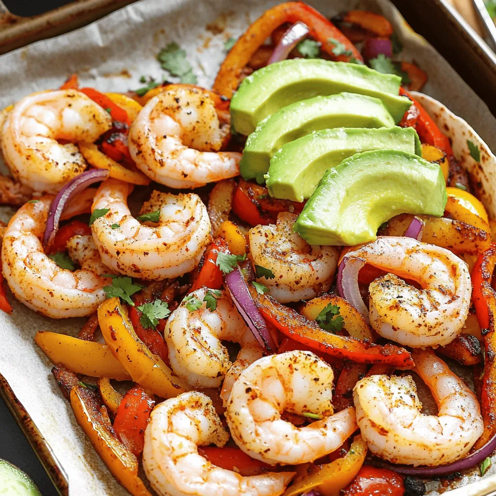 - 1 pound large shrimp, peeled and deveined - 1 red bell pepper, sliced into thin strips - 1 yellow bell pepper, sliced into thin strips - 1 red onion, sliced into thin wedges - 8 small flour tortillas - 2 teaspoons chili powder - 1 teaspoon ground cumin - 1 teaspoon smoked paprika - 3 tablespoons extra virgin olive oil - Juice of 1 fresh lime - Salt and freshly ground black pepper to taste - Fresh cilantro, chopped - Ripe avocado, sliced 1. Preheat your oven to 400°F (200°C). This ensures a hot, even cook for your fajitas. 2. Line a large sheet pan with parchment paper. This makes cleanup easier and keeps food from sticking. 3. In a large bowl, combine the shrimp, red bell pepper, yellow bell pepper, and red onion. Make sure all the veggies are fresh and colorful. 1. Drizzle three tablespoons of olive oil over the shrimp and veggies. This adds flavor and helps them cook well. 2. Sprinkle in two teaspoons of chili powder, one teaspoon of ground cumin, and one teaspoon of smoked paprika. 3. Season with salt and freshly ground black pepper. 4. Squeeze the juice of one fresh lime over everything. This adds a nice zing to the dish. 5. Use tongs or your hands to toss everything together. Make sure the shrimp and veggies are coated well in the oil and spices. 1. Spread the shrimp and vegetable mixture evenly across the sheet pan. Lay everything in a single layer for even cooking. 2. Bake in the preheated oven for 12 to 15 minutes. Watch closely as the shrimp should turn pink and opaque. The veggies should become tender but not mushy. 3. To check for doneness, look for the shrimp's color change. If they are fully pink, they are ready. 4. While baking, warm the flour tortillas in a dry skillet over medium heat. Toast for about 30 seconds on each side until they are slightly golden. 5. Once done, take the pan out of the oven and let it cool for a minute. Then, serve the shrimp and veggies with the warm tortillas. To keep shrimp from overcooking, pay attention to cook time. Shrimp only need 12 to 15 minutes in the oven. They turn pink and opaque when ready. If you leave them in too long, they can get rubbery. You want them tender and juicy. Spreading ingredients evenly on the sheet pan is key too. Make sure the shrimp and veggies lie flat. This helps them cook at the same rate. If they are bunched together, some may burn while others stay raw. For a fun family-style meal, serve the fajitas on a large platter. Lay out the warm tortillas beside the shrimp and veggies. This lets everyone build their own fajitas. It makes the meal more interactive and enjoyable. Adding lime wedges is a great way to boost flavor. The fresh lime juice brightens the dish. Just squeeze some lime over your fajita before eating. It adds a nice zing! To store leftovers, let the fajitas cool completely. Place them in an airtight container. They will last in the fridge for up to three days. For reheating, use a skillet over medium heat. Warm the shrimp and veggies until heated through. This keeps them tender. You can also use the microwave, but be careful not to overcook them again. {{image_4}} You can change up your shrimp fajitas by using different veggies. Try zucchini, mushrooms, or even sweet corn. Each adds a unique taste and texture. If you want to switch proteins, chicken or tofu works great too. For a fun twist, use corn tortillas instead of flour. They add a nice crunch and flavor. To boost taste, add cheese like shredded cheddar or crumbled feta. You can also mix in spices like garlic powder or cayenne pepper for extra kick. Marinades can change the whole dish. Try lime juice with cilantro or a spicy chipotle sauce for a new flavor. If you need gluten-free options, choose corn tortillas or skip the tortillas entirely. For veggie lovers, make a vegetarian version. Use beans or extra veggies in place of shrimp. This way, everyone can enjoy a tasty meal! This recipe makes four servings. Each serving has about: - Calories: 350 - Protein: 25g - Fat: 15g - Sodium: 550mg - Carbohydrates: 30g The shrimp gives you protein. The olive oil adds healthy fats. The tortillas provide carbohydrates for energy. Shrimp is low in calories and rich in nutrients. It has omega-3 fatty acids, which help heart health. Bell peppers are high in vitamins A and C. They also add fiber, which is good for digestion. Using fresh ingredients boosts flavor and nutrition. Fresh veggies have more vitamins than canned ones. For balanced meals, serve two tortillas per person. Each serving includes a good mix of protein and vegetables. This helps keep you full and satisfied. Adjust serving sizes based on your needs. Enjoy your fajitas with a side of fresh salad for extra crunch! Yes, you can use frozen shrimp for this recipe. To thaw frozen shrimp, place it in a bowl of cold water for about 15-20 minutes. Change the water halfway through to help the thawing. After thawing, make sure to pat the shrimp dry with a paper towel. This helps the shrimp cook evenly and allows the spices to stick well. To know if shrimp is cooked, look for a few signs. Cooked shrimp turns pink and opaque. It should curl into a "C" shape. If it curls into an "O," it might be overcooked. Cook the shrimp for 12-15 minutes at 400°F (200°C). Always keep an eye on them to avoid overcooking! You can serve shrimp fajitas with several side dishes. Here are some great ideas: - Refried beans - Mexican rice - Guacamole - Salsa - Fresh salad - Corn on the cob These sides bring extra flavor and color to your meal. Enjoy a fun family-style serving and let everyone build their own fajitas! Shrimp fajitas are simple and fun to make. You learned about key ingredients, step-by-step prep, and tasty tips. Don't forget to customize with your favorite veggies and toppings. Enjoy them fresh and share with family. Remember, fresh ingredients make all the difference. Store leftovers for later meals. Get creative and make these fajitas your own. Now, it's time to grab your shrimp and enjoy a delicious dish!