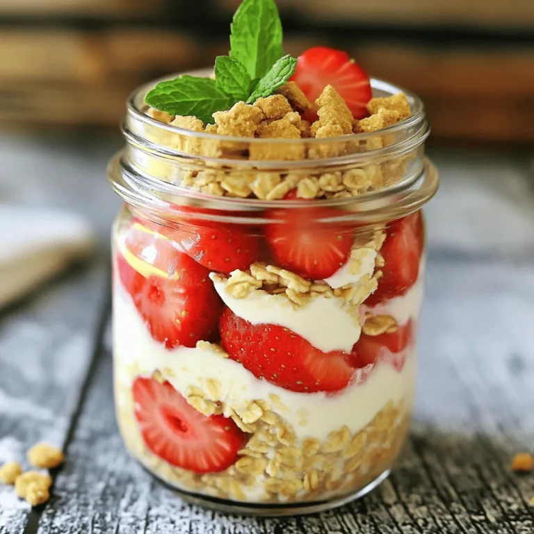 - 1 cup rolled oats - 1 cup milk (or almond milk for dairy-free) - 1/2 cup Greek yogurt (plain or vanilla) - 1/4 cup cream cheese, softened - 2 tablespoons honey or maple syrup (to taste) - 1 teaspoon vanilla extract - 1/4 teaspoon salt - 1 cup fresh strawberries, hulled and diced - 2 tablespoons crushed graham crackers (plus more for garnish) - Optional: Fresh mint leaves for garnish If you're looking for dairy-free options, use almond milk instead of regular milk. You can swap Greek yogurt for coconut yogurt for a vegan choice. For sweetness, honey works well, but maple syrup is a great vegan alternative. If you prefer a lighter touch, reduce the cream cheese or use a low-fat version. - Rolled oats: Great for fiber, aiding digestion and keeping you full. - Greek yogurt: Packed with protein, it helps build muscle and supports gut health. - Fresh strawberries: High in vitamins and antioxidants, they boost your immune system. - Honey or maple syrup: Natural sweeteners that add flavor without refined sugars. - Cream cheese: Adds creaminess and richness, making the oats feel indulgent. These ingredients come together to create a tasty and healthy breakfast that keeps you fueled for the day. Enjoying this dish not only satisfies your sweet tooth but also provides essential nutrients to support your well-being. To start, gather all your ingredients. You will need: - 1 cup rolled oats - 1 cup milk (or almond milk) - 1/2 cup Greek yogurt - 1/4 cup cream cheese - 2 tablespoons honey or maple syrup - 1 teaspoon vanilla extract - 1/4 teaspoon salt - 1 cup fresh strawberries - 2 tablespoons crushed graham crackers Make sure your cream cheese is soft. This helps it mix easily. Wash and hull the strawberries, then dice them into small pieces. This makes each bite sweet and juicy. In a mixing bowl, combine the softened cream cheese, Greek yogurt, honey (or maple syrup), vanilla extract, and salt. Use a whisk to mix until it’s smooth. You want no lumps from the cream cheese. In another bowl, mix the rolled oats and milk. Stir well to combine. Let it sit for about 5 minutes. This allows the oats to soften, making them creamy. Once the oats are soft, fold the cream cheese mixture into the oats. Be gentle, but mix until they are fully combined. This is the secret to a rich, creamy texture. Now, it’s time to layer your masterpiece. Take a mason jar or any airtight container. Spoon half of the oat mixture into the bottom. Next, add half of the diced strawberries on top. Sprinkle some crushed graham crackers over the strawberries. This adds a nice crunch. Repeat the layers. Add the remaining oat mixture, then the rest of the strawberries. Finish with another sprinkle of graham crackers. Seal the jar tightly and place it in the fridge. Let it chill overnight or at least 4-5 hours. This allows the flavors to blend and the oats to become even creamier. Your strawberry cheesecake overnight oats are now ready to enjoy in the morning. Just stir, add a drizzle of honey if you like, and garnish with mint leaves. To achieve that creamy texture, start with softened cream cheese. This makes it easy to blend. Whisk the cream cheese with Greek yogurt, honey, vanilla, and salt until smooth. This step is key! Next, mix the oats with milk and let them soak for about five minutes. This softens the oats and helps them soak up flavor. When you combine both mixtures, do so gently. Fold them together until well mixed, but don’t overdo it. You want to keep that lovely creaminess. Storing your overnight oats properly is crucial. Use an airtight container to keep them fresh. Mason jars work great! This helps maintain the taste and texture. Store them in the fridge for up to five days. If you make a big batch, just be sure to keep the layers intact. That way, the strawberries and graham crackers stay fresh and crunchy. Always check for any signs of spoilage before eating. There are many fun ways to enjoy your overnight oats! You can eat them straight from the jar for a quick breakfast. Top with extra strawberries or a dollop of whipped cream for a treat. Want a bit of crunch? Add more crushed graham crackers on top. You can even switch it up by adding nuts or seeds for added flavor and crunch. The options are endless! {{image_4}} You can switch up the fruit in your overnight oats. Try blueberries, raspberries, or even bananas. Each fruit adds its unique taste. For example, blueberries give a sweet and tart flavor. Raspberries add a bright zing. Bananas add natural creaminess. Feel free to mix different fruits too! Boost your oats with healthy add-ins. Chia seeds add fiber and omega-3s. Nuts, like almonds or walnuts, provide crunch and protein. You can also add flaxseed for more fiber and nutrients. Just a tablespoon goes a long way. These add-ins make each bite more filling and nutritious. For a vegan version, swap the milk for almond milk and skip the cream cheese. Use a vegan yogurt instead of Greek yogurt. Make sure your oats are certified gluten-free. This way, everyone can enjoy this tasty treat without worry. You can still get that creamy texture with these swaps! Overnight oats stay fresh in the fridge for about 3 to 5 days. This gives you time to enjoy them throughout the week. Always check for any strange smells or changes in texture before you eat. Use airtight containers, like mason jars, to keep your oats fresh. This helps lock in moisture and flavor. Store them in the fridge right after making. Avoid leaving them out at room temperature. You can freeze overnight oats if you want to save them for later. Place them in freezer-safe containers. They can last for up to 3 months in the freezer. When you are ready to eat, just thaw them in the fridge overnight. Enjoy them chilled or warmed up. To make strawberry cheesecake overnight oats, start by mixing the cream cheese, Greek yogurt, honey, vanilla, and salt in a bowl. Whisk until smooth. In another bowl, combine rolled oats and milk. Let it sit for five minutes. Then, fold the cream cheese mix into the oats. Layer half the oats in a jar, add strawberries, and crushed graham crackers. Repeat with the rest of the ingredients. Seal the jar and refrigerate overnight. In the morning, stir and enjoy! Yes, you can use other types of milk. Almond milk works well for a dairy-free option. You can also try oat milk, soy milk, or coconut milk. Each milk adds a unique flavor, so feel free to experiment. Just ensure the milk you choose complements the creamy cheesecake flavor. If you don’t have Greek yogurt, you can use regular yogurt instead. Another option is to use cottage cheese for a protein boost. You can also try blended silken tofu for a dairy-free alternative. Each will change the texture slightly, but the dish will still taste great. Adjust the sweetness if needed, as some yogurts can be tangier than others. In this post, we explored how to make delicious overnight oats. We covered essential ingredients, possible substitutions, and their nutritional benefits. The step-by-step instructions guide you through prep, mixing, and layering. I shared tips to achieve the perfect creamy texture and ways to store your oats for freshness. We also discussed variations to keep things exciting. Lastly, I answered common FAQs. Now you can create perfect overnight oats that fit your taste and diet. Enjoy your tasty, healthy meals!