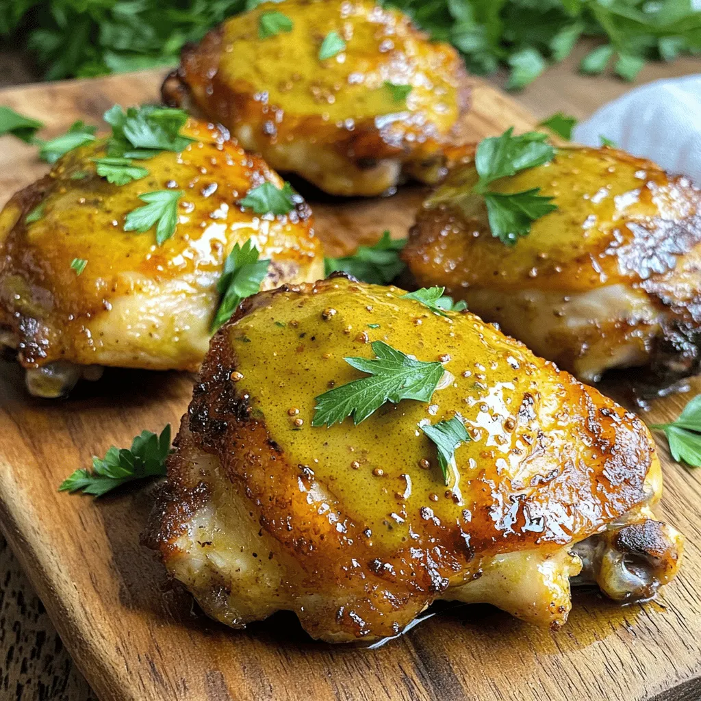 - 4 skinless and boneless chicken thighs - 3 tablespoons honey - 2 tablespoons Dijon mustard - 2 tablespoons extra virgin olive oil - 2 cloves garlic, finely minced The main ingredients create a tasty base for our dish. Chicken thighs are juicy and tender, perfect for air frying. Honey adds a natural sweetness, while Dijon mustard brings a nice tang. The olive oil helps the chicken crisp up. Garlic adds depth to the flavors. - 1 teaspoon dried thyme - 1 teaspoon smoked paprika - Salt and freshly ground black pepper, to taste Seasoning is key to great flavor. Dried thyme gives an earthy note that complements the chicken. Smoked paprika adds a hint of warmth and smoke. Salt and black pepper enhance all the flavors, making everything pop. - Fresh parsley, chopped (for garnish, optional) Fresh parsley adds color and freshness. It brightens up the dish and makes it look appealing. A simple sprinkle can take your meal from good to great. To start, gather your ingredients. You will need honey, Dijon mustard, olive oil, minced garlic, and spices. In a medium mixing bowl, add the honey, Dijon mustard, olive oil, minced garlic, dried thyme, smoked paprika, salt, and black pepper. Whisk these ingredients together until they are well-blended. This marinade is key to making your chicken packed with flavor. Next, it’s time to marinate the chicken. Take your skinless and boneless chicken thighs and coat them in the marinade. Use your hands or a spatula to ensure each piece is covered. This step is crucial for flavor. Once coated, cover the bowl with plastic wrap or a lid. Place it in the fridge for at least 30 minutes. For the best taste, let it sit for up to 2 hours. The longer the chicken marinates, the more flavor it absorbs. Now, let’s cook the chicken. Preheat your air fryer to 380°F (190°C). This ensures that the chicken cooks evenly. After preheating, remove the chicken from the fridge. Place the marinated chicken thighs in the air fryer basket in a single layer. Don’t crowd the basket; this allows hot air to circulate and gives you that crispy finish. Cook the chicken for 18–20 minutes. Flip the thighs halfway through the cooking time for even browning. They should turn golden and crispy and reach an internal temperature of 165°F (75°C). To get the best taste, marinate your chicken thighs for up to 2 hours. This time helps the flavors seep in deeply. If you rush this step, the chicken might taste plain. After cooking, let your chicken rest for about 5 minutes. This resting lets the juices spread evenly, giving you juicy bites. Always check the internal temperature of your chicken. It should reach 165°F (75°C) to be safe and fully cooked. If you skip this step, you risk undercooked meat. Also, avoid overcrowding the air fryer basket. Too many pieces at once can lead to uneven cooking. Each piece needs space for the hot air to circulate. For a perfect, golden, and crispy exterior, make sure to flip the chicken halfway through cooking. This simple step helps both sides brown nicely. If you prefer your chicken more or less cooked, adjust the cooking time. Keep an eye on it; small changes can make a big difference in texture. {{image_4}} You can change the flavor of your chicken by trying different marinades. Here are two fun ideas: - Adding different herbs and spices: You can use fresh rosemary or oregano. Both herbs add a nice touch to the honey Dijon mix. If you like heat, add a pinch of red pepper flakes for a spicy kick. - Introducing citrus flavors: Adding orange or lemon juice can make your dish bright and zesty. Just mix the juice with your marinade. It adds a fresh twist and balances the sweetness of the honey. If you want to switch things up, try these cooking methods: - Grilling vs. air frying: Grilling gives the chicken a smoky flavor. You can marinate the chicken as usual and then grill it for about 6-7 minutes on each side. - Oven-baking option: You can also bake your chicken. Preheat your oven to 400°F (200°C). Place the marinated chicken on a baking sheet. Bake for 25-30 minutes, flipping halfway for golden skin. Pair your chicken with tasty sides to make a full meal: - Suggested side dishes: Roasted vegetables are a great choice. Steamed broccoli or a fresh garden salad work well too. These add color and crunch. - Creative plating ideas: For a beautiful plate, arrange the chicken on a large platter. Drizzle extra honey on top and sprinkle with parsley. This makes your dish look special and inviting! Store your honey Dijon chicken thighs in an airtight container. This keeps them fresh. Make sure to cool them first. Place the container in the fridge. They will last for up to three days. The flavors will still be great after a day or two. To reheat, use the air fryer. Set it to 350°F (175°C). Cook for about 5-7 minutes. This helps maintain the crispy texture. You can also use a microwave. But be careful, as it can make the chicken soggy. For best results, stick to the air fryer. You can freeze the marinated chicken. Just place it in a freezer bag. Remove as much air as possible. It can last for up to three months. To thaw, move it to the fridge overnight. You can also cook from frozen. Just add a few extra minutes to the cooking time in the air fryer. For the best flavor, marinate the chicken for at least 30 minutes. I find that if you let it sit for 2 hours, the taste becomes even better. The honey and Dijon mustard soak into the chicken, making it super tasty. Yes, you can use bone-in chicken thighs. Just remember, they will take longer to cook. I recommend adding about 5 to 10 minutes to the cooking time. Make sure to check that the internal temperature reaches 165°F (75°C) for safety. These chicken thighs pair well with many sides. I like to serve them with a fresh salad or roasted veggies. You could also add some rice or mashed potatoes. For a fun twist, try a light drizzle of extra honey on your sides! In this article, we covered the key steps for making honey Dijon chicken thighs. We discussed choosing main ingredients, preparing the marinade, and cooking tips. You learned how to achieve great flavor and texture while exploring variations and storage tips. This dish is simple and delicious. Experiment with different herbs or cooking methods. With the right care, your meals can impress everyone. Enjoy every bite of your honey Dijon chicken thighs!