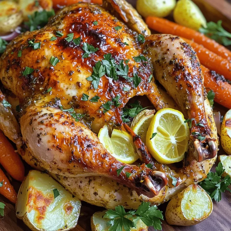 - 1 whole chicken (4-5 lbs), thoroughly patted dry - 1/2 cup unsalted butter, softened to room temperature - 8 cloves garlic, finely minced - 2 tablespoons fresh rosemary, finely chopped - 2 tablespoons fresh thyme, finely chopped - 1 tablespoon fresh parsley, finely chopped - Zest of 1 lemon (about 1 teaspoon) - Salt and freshly ground black pepper to taste - 1 lemon, quartered - 1 onion, quartered - 4 carrots, peeled and cut into large chunks - 4 potatoes, scrubbed and cut into wedges - Olive oil for drizzling You can add more herbs like sage or oregano. A splash of white wine adds depth too. Try adding garlic cloves whole for a sweeter taste. - Roasting pan to hold the chicken and veggies - Basting brush for glazing the chicken - Meat thermometer to check doneness - Sharp knife for carving - Large mixing bowl for the herb butter First, preheat your oven to 425°F (220°C). This step helps cook the chicken evenly. Take your whole chicken, which should weigh between 4-5 lbs, and pat it dry with paper towels. Dry skin helps it crisp up nicely. Next, loosen the skin gently by sliding your fingers underneath it at the neck end. Be careful not to tear it. This creates space for the garlic herb butter. Now, stuff the cavity of the chicken with the quartered lemon and onion. This adds moisture and flavor as it cooks. In a medium bowl, mix 1/2 cup of softened unsalted butter with 8 minced garlic cloves. Add 2 tablespoons each of chopped rosemary and thyme, and 1 tablespoon of chopped parsley. Then, zest one lemon into the bowl. Add a pinch of salt and black pepper to taste. Use a fork or spatula to blend everything well. This fragrant butter will give your chicken rich flavors. Take half of your garlic herb butter and rub it under the chicken skin, especially on the breast. This ensures the meat stays juicy and flavorful. Use the remaining butter to coat the outside of the chicken. Now, arrange 4 peeled and cut carrots and 4 scrubbed and wedged potatoes in a large roasting pan. Drizzle them with olive oil, and sprinkle with salt and pepper. Place the chicken breast-side up on the vegetables. Roast it for about 1 to 1.25 hours. Check if the thickest part of the breast reaches 165°F (75°C). Halfway through, baste the chicken with its juices for added moisture. Once done, let the chicken rest for 10-15 minutes before carving. This step allows juices to settle for a juicy bite. Then, serve it with the roasted vegetables for a beautiful meal. To get that perfect crispy skin, start with a dry chicken. Pat it dry well with paper towels. Dry skin helps the butter stick and the skin crisp up. When you rub the garlic herb butter under the skin, use enough but not too much. This even coating will help you get that golden, crunchy finish. Using fresh herbs makes a big difference. Rosemary, thyme, and parsley are my top choices. They bring bright and earthy notes. You can also try sage or tarragon for a twist. Each herb adds its own unique taste, so feel free to mix them! The lemon zest gives a nice lift and balances the rich butter. Don’t rush the resting time after roasting. Letting the chicken rest helps the juices stay inside. If you carve too soon, it will dry out. Also, check the chicken's internal temperature. It should reach 165°F (75°C) to be safe. Lastly, avoid overcooking the veggies. They should be tender but not mushy for the best texture. {{image_4}} You can change the herbs in this recipe. If you lack rosemary, use sage or oregano. These herbs bring their own nice flavors. For thyme, you might try marjoram. Parsley can be switched with cilantro for a fresh twist. Feel free to mix and match what you have. This way, you make it your own! Roasting veggies adds flavor to the chicken. Instead of carrots and potatoes, try Brussels sprouts or sweet potatoes. Other great options include bell peppers and zucchini. These veggies roast well and soak up the tasty juices from the chicken. You can also add garlic cloves for extra flavor. Just make sure to cut them to a similar size for even cooking. You can also change how you cook the chicken. If you want a slower method, use a slow cooker. Cook it on low for about six to eight hours. This keeps the chicken tender and juicy. An air fryer is another option. It cooks the chicken fast and gives it a crispy skin. Cook it at 360°F for about 50 minutes. Each method gives you a unique taste and texture! Once your Garlic Herb Butter Roasted Chicken cools, store leftovers in an airtight container. Make sure to cut the chicken into pieces for easier storage. Place the vegetables in a separate container. This keeps them fresh and prevents sogginess. Store the chicken in the fridge for up to four days. To reheat, preheat your oven to 350°F (175°C). Place the chicken pieces on a baking sheet. Cover them with foil to keep them moist. Heat for about 20 to 25 minutes, or until warmed through. You can also use a microwave. Just heat for one to two minutes, checking to avoid overcooking. If you want to save some for later, freeze the chicken and veggies. Wrap the pieces tightly in plastic wrap, then place them in a freezer bag. Label the bag with the date. You can freeze leftovers for up to three months. To thaw, place the chicken in the fridge overnight before reheating. Roasting a chicken takes about 1 hour to 1 hour and 15 minutes. The time can vary based on the chicken size and oven heat. Always check the internal temperature to be safe. I do not recommend using frozen chicken. It will not cook evenly and can lead to unsafe food temperatures. Always thaw the chicken first. The internal temperature of the chicken should reach 165°F (75°C). This ensures the meat is safe to eat and fully cooked. Use a meat thermometer for the best results. You now know how to make a tasty garlic herb butter roasted chicken. We covered the main ingredients and some extra ones to boost flavor. I shared easy steps to prepare, make, and roast your chicken. You can achieve a crispy skin with my tips and avoid common errors. We discussed tasty variations and how to store leftovers properly. Enjoy cooking this dish! You’ll impress yourself and others with the results. Happy roasting!