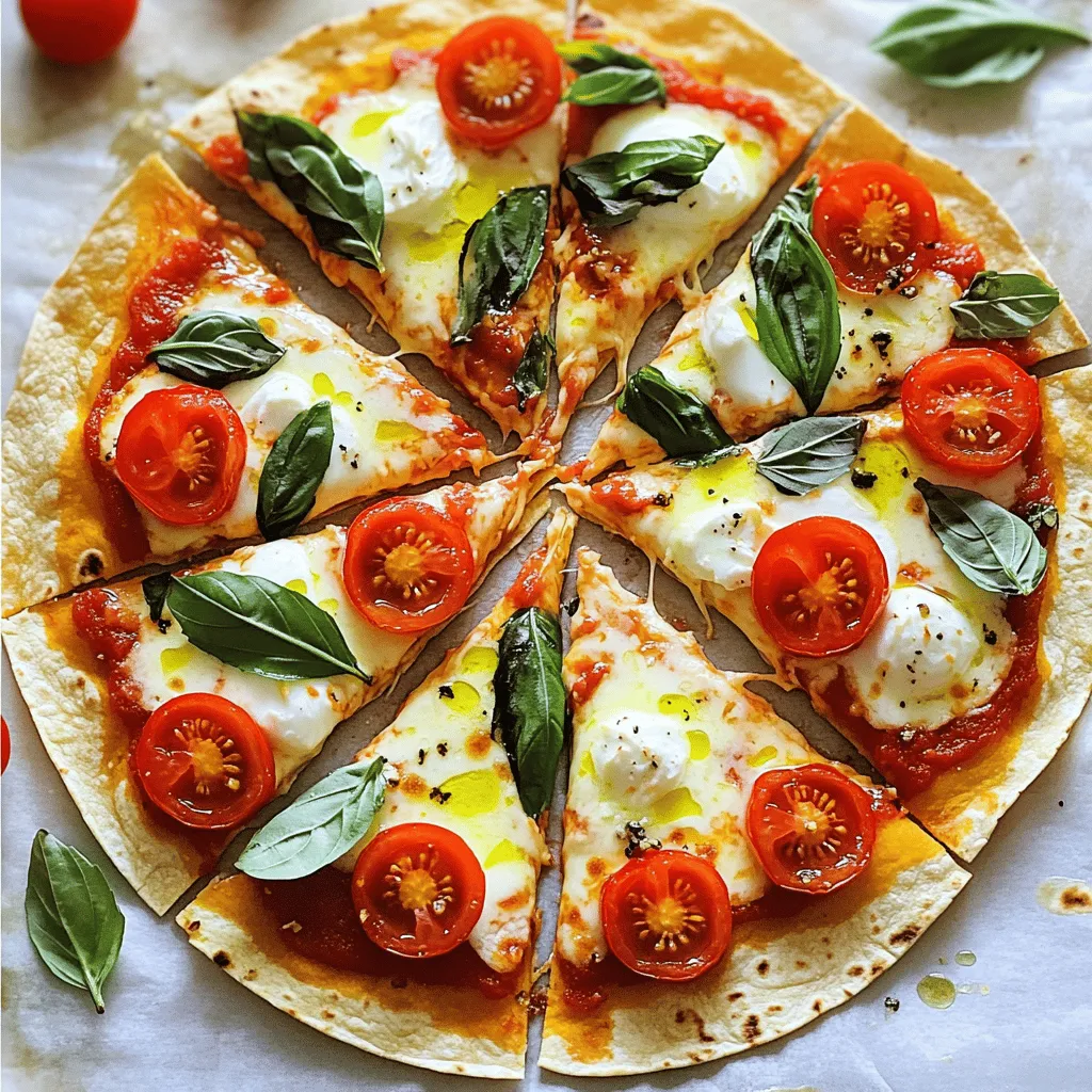 - 4 large flour tortillas - 1 cup marinara sauce - 1 ½ cups fresh mozzarella cheese, sliced - 1 cup cherry tomatoes, halved - 1/4 cup fresh basil leaves, torn - 2 tablespoons olive oil - Salt and freshly ground black pepper, to taste These ingredients create a simple yet tasty Margherita tortilla pizza. Flour tortillas form the base. Marinara sauce gives it a rich flavor. Fresh mozzarella cheese melts beautifully on top. Cherry tomatoes add a sweet touch. Fresh basil leaves bring a burst of freshness. Olive oil enhances the taste and texture. Finally, a sprinkle of salt and pepper balances all the flavors. Using quality ingredients is key. Fresh mozzarella makes a big difference. Choose ripe cherry tomatoes for the best flavor. Fresh basil should be fragrant. These choices elevate your pizza from simple to gourmet. Feel free to adjust the ingredients. Want more cheese? Go for it! Prefer fewer tomatoes? You can skip them. This recipe is flexible, so you can make it your own. First, preheat your oven to 400°F (200°C). This step makes sure your pizza cooks evenly. While the oven heats, grab a large baking sheet. Lay out your flour tortillas flat on the sheet. Make sure they do not overlap. This will help them crisp up nicely. Now, let’s add the sauce. Take 1/4 cup of marinara sauce and spoon it onto each tortilla. Use the back of a spoon to spread the sauce evenly over the surface. Next, place the fresh mozzarella slices on top of the sauce. Spread the cheese out evenly, covering each tortilla. After that, scatter the halved cherry tomatoes on top of the cheese. Season them lightly with salt and pepper for extra flavor. It’s time to bake! Place the baking sheet in your preheated oven. Bake your pizzas for about 10-12 minutes. Watch closely until the cheese is melted, bubbly, and golden. This is your sign that the pizzas are ready. Once your pizzas are done, take them out of the oven. Immediately add torn fresh basil leaves on top. This adds a lovely flavor and freshness. For serving, use a pizza cutter or a sharp knife to slice each tortilla pizza into wedges. Serve the pizzas hot and enjoy your tasty creation! Consider using a stylish wooden board for presentation. You can also add a side of extra marinara sauce for dipping. - Ideal oven settings: Preheat your oven to 400°F (200°C). This heat helps your pizza cook evenly. - Tips for achieving crispy edges: Place the tortillas flat on the baking sheet and avoid overlapping. The hot air needs to circulate around the edges to make them crispy. - Alternatives for marinara sauce: If you want a change, use pesto or a white sauce. Both can add a fresh twist. - Cheese variations to consider: Try using goat cheese, provolone, or a mix of cheeses. Each brings a unique flavor to the pizza. - Pairing ideas for sides and drinks: Serve with a light salad or garlic bread. A chilled white wine or sparkling water complements the pizza well. - Presentation tips for gathering: Slice the pizza into wedges and arrange them on a wooden board. Add a small bowl of marinara for dipping. Top with whole basil leaves for an eye-catching touch. {{image_4}} You can easily add protein to your Margherita tortilla pizza. Try adding cooked chicken, pepperoni, or sausage. Just make sure to slice them thinly. Place the protein on top of the cheese and tomatoes. This will give your pizza extra flavor and make it more filling. If you want a veggie version, you have many choices. Instead of meat, use more veggies. Bell peppers, mushrooms, or spinach can work great. You can also add artichokes or olives for a fun twist. Just remember to keep the balance of flavors. These toppings will keep your pizza tasty and colorful. For a gluten-free option, use gluten-free tortillas. There are many brands available. You can also check the marinara sauce label for gluten-free options. This way, everyone can enjoy the pizza without worry. Make sure to bake them at the same temperature and time as the regular version. Enjoy your pizza, no matter your dietary needs! To store leftover Margherita tortilla pizza, let it cool first. Wrap each pizza slice in plastic wrap. You can also use an airtight container. This keeps the pizza fresh for 3 to 4 days in the fridge. Make sure to keep it away from strong-smelling foods. This helps to maintain its delicious flavor. To reheat your pizza, use an oven or a skillet. For the oven, preheat it to 350°F (175°C). Place the slices on a baking tray. Heat for about 8 to 10 minutes. This keeps the tortilla crispy and the cheese melty. If you use a skillet, heat it on medium. Place the pizza slice in the skillet. Cover it with a lid and heat for 5 to 7 minutes. This method also keeps it crispy and tasty. If you want to freeze your leftover pizza, wrap each slice tightly in plastic wrap. Then, place them in a freezer bag or container. Make sure to squeeze out all the air. This helps prevent freezer burn. You can freeze the pizza for up to 2 months. When you’re ready to eat it, thaw it in the fridge overnight. Then, reheat it using the oven or skillet method. Enjoy your tasty pizza anytime! Bake your Margherita Tortilla Pizza for 10 to 12 minutes at 400°F (200°C). Keep an eye on it. You want the cheese to melt and bubble. The edges of the tortillas should turn golden brown. This quick baking time helps keep the tortillas crispy and the toppings fresh. Yes, you can use store-bought tortillas. They are a great option for saving time. Look for large flour tortillas for this recipe. You can find them in most grocery stores. Whole wheat or corn tortillas work too, but they will change the flavor a bit. Choose what you like best. You can serve many tasty sides with your pizza. A fresh salad pairs well. Try a simple arugula salad with lemon dressing. You can also serve extra marinara sauce for dipping. Garlic bread or roasted vegetables make great sides too. Choose what you enjoy to complete your meal. In this article, we explored how to make a delicious Margherita Tortilla Pizza. We covered the key ingredients, step-by-step instructions, baking tips, and serving ideas. You can create varied versions with proteins or vegetarian toppings, too. Storing and reheating your leftovers is easy with these tips. In the end, making this pizza is fun and rewarding. Enjoy your tasty creation and share it with friends or family for a delightful meal!
