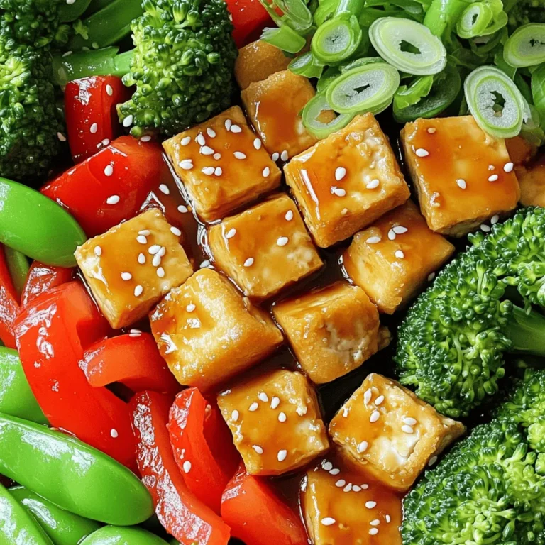 - 1 block (14 oz) firm tofu, drained and pressed - 2 tablespoons cornstarch - 2 tablespoons vegetable oil - 1 red bell pepper, sliced into strips - 1 cup snap peas, trimmed - 1 cup broccoli florets - 2 green onions, sliced diagonally - 3 cloves garlic, minced - 1 teaspoon fresh ginger, finely grated - 1/4 cup teriyaki sauce (store-bought or homemade) - 1 tablespoon sesame seeds, toasted, for garnish For this teriyaki tofu stir fry, I use firm tofu. It holds up well and absorbs the sauce nicely. Pressing the tofu is key. It helps remove extra water. This step ensures a crispy finish. Cornstarch coats the tofu. This coating gives it a crunchy texture when fried. I also use vegetable oil for frying. It has a high smoke point, making it perfect for stir-frying. For the veggies, I choose bright colors and great textures. The red bell pepper adds sweetness. Snap peas bring a nice crunch. Broccoli adds color and nutrition. The aromatics are essential. Fresh garlic and ginger give a strong flavor. They create a fragrant base for the stir fry. Lastly, teriyaki sauce ties everything together. It adds a sweet and savory taste. I often use store-bought sauce, but you can make your own too. Don't forget to garnish with sesame seeds and green onions. They add a pop of flavor and color. Cutting and Pressing Start by cutting the pressed tofu into 1-inch cubes. Use firm tofu for the best texture. Press the tofu well to remove excess moisture. This helps the tofu get crispy when cooked. Coating with Cornstarch In a mixing bowl, toss the tofu cubes gently with 2 tablespoons of cornstarch. Make sure each piece is evenly coated. This coating creates a nice, crispy layer when you cook it. Heating the Oil Heat 1 tablespoon of vegetable oil in a large non-stick skillet or wok over medium-high heat. Let the oil heat for about one minute. This step is important for getting the tofu crispy. Frying Until Crispy Carefully add the coated tofu cubes to the hot oil. Fry them for about 5-7 minutes. Turn the cubes occasionally so they brown evenly. Once they are golden and crispy, remove them from the skillet and set them aside on a paper towel-lined plate. Adding Garlic and Ginger In the same skillet, add another tablespoon of vegetable oil. Let it heat for a moment. Sauté 3 cloves of minced garlic and 1 teaspoon of finely grated fresh ginger in the hot oil. Stir constantly for about 30 seconds until they smell great and turn slightly golden. Stir-Frying the Vegetables Add 1 sliced red bell pepper, 1 cup of snap peas, and 1 cup of broccoli florets to the skillet. Stir-fry the vegetables for 4-5 minutes. Keep stirring until they are tender but still crisp. Pouring in the Teriyaki Sauce Return the crispy tofu to the skillet. Pour in 1/4 cup of teriyaki sauce over the stir-fry. Ensuring Even Coating Carefully mix everything together. Make sure the tofu and vegetables are well-coated in the sauce. Cook for an extra 2-3 minutes, until everything is heated through and glossy. This stir fry is not just quick; it’s also colorful and packed with flavor! - Proper Pressing Technique: Pressing tofu is key. Start with a block of firm tofu. Drain it and wrap it in a clean kitchen towel. Place a heavy object on top, like a cast iron skillet. Leave it for at least 15 minutes. This step removes excess moisture. The drier the tofu, the crispier it gets. - Cooking Temperature Tips: Heat your skillet before adding oil. Use medium-high heat for cooking. The oil should shimmer but not smoke. This temperature helps the tofu brown nicely. Don’t overcrowd the pan; cook in batches if needed. This way, each piece gets crispy. - Suggested Seasonings: In addition to teriyaki sauce, add flavors with garlic and ginger. Fresh herbs like cilantro also brighten the dish. A pinch of red pepper flakes adds heat. Feel free to experiment with your favorite spices. - Using Homemade Teriyaki Sauce: Making your sauce is easy and fun. Combine soy sauce, honey, garlic, and ginger. Simmer until thick, then let it cool. This sauce is rich in flavor and free from preservatives. It enhances your dish and makes it more personal. - Serving Suggestions: Serve your stir fry in a colorful bowl. This makes the dish pop and invites people to dig in. Consider pairing it with steamed rice or noodles for a hearty meal. - Garnishing Techniques: Garnish with sliced green onions for freshness. A sprinkle of toasted sesame seeds adds crunch. For a pop of color, add a sprig of fresh cilantro on top. These small touches make the dish look professional and appealing. {{image_4}} Using Chicken or Shrimp You can swap tofu for chicken or shrimp. Cut chicken into bite-sized pieces or use peeled shrimp. Cook them in the same way as the tofu. Both proteins soak up the teriyaki sauce well, adding rich flavor. Plant-Based Substitutes If you want to keep it plant-based, consider tempeh or seitan. Tempeh has a nutty taste and texture. Seitan, made from wheat gluten, is chewy and works great in stir-fries. Both options offer great protein while staying vegan. Seasonal Vegetable Swaps Feel free to change the vegetables based on the season. Use zucchini in summer or squash in fall. Carrots and bell peppers add color and crunch. Try whatever is fresh and available for the best taste. Adding Leafy Greens Adding leafy greens boosts nutrition. Spinach or kale works well. Toss them in at the end of cooking. They wilt quickly and add a lovely color to your dish. Plus, they pack in extra vitamins. Gluten-Free Variants To make this dish gluten-free, choose a gluten-free teriyaki sauce. Use tamari instead of soy sauce as a substitute. Most of the other ingredients are naturally gluten-free, so it’s easy to adapt. Vegan Options This recipe is already vegan if you use plant-based proteins. Ensure your teriyaki sauce is vegan too. Many store-bought sauces are vegan, but check the label to be sure. Refrigeration Guidelines You can keep leftover teriyaki tofu stir fry in the fridge. Place it in an airtight container. It stays fresh for about 3-4 days. Make sure to let it cool before sealing. This helps prevent moisture buildup. Freezing Instructions If you want to store it longer, freezing is a great option. Place the stir fry in a freezer-safe container. It can last for up to 2 months in the freezer. When ready to eat, thaw it in the fridge overnight before reheating. Best Methods for Reheating The best way to reheat the stir fry is in a skillet. Heat it over medium heat. Stir it often until it's warm. This keeps the tofu crispy and the veggies tender. You can also use a microwave, but stir it halfway for even heating. Avoiding Soggy Tofu To keep the tofu crispy, do not cover it while reheating. Covering traps steam and makes it soggy. If using the microwave, heat in short bursts and check often. This helps maintain the texture of the tofu. If you need a substitute for tofu, consider these options: - Tempeh: It has a nutty flavor and great texture. - Seitan: This wheat product mimics meat well. - Chickpeas: They add protein and a different texture. - Paneer: This Indian cheese works well in stir-fries. - Eggplant: It absorbs flavors well and has a meaty texture. Each option offers unique flavors and textures. Feel free to mix and match! To boost the flavor, try these tips: - Add more garlic and ginger: These two ingredients enhance taste. - Include chili flakes: Spice it up with a pinch of heat. - Use different sauces: Mix soy sauce or sriracha with teriyaki. - Add sesame oil: A few drops can bring depth to the dish. Experiment with these ideas to find your perfect balance! Yes, store-bought teriyaki sauce is a great option. Look for these brands: - Kikkoman: A well-known brand with a classic flavor. - Annie Chun's: It offers a more natural option. - Soy Vay: This brand has a unique blend of flavors. Always check labels for added sugars or preservatives. Choose a sauce that fits your taste! You learned how to make a tasty tofu stir fry. We covered ingredients, step-by-step instructions, and useful tips. You can even switch up ingredients for variety. Keep these tips in mind for the best crispy tofu and flavor. Now, get creative with your stir fry! Experiment with different veggies and sauces. Enjoy your cooking journey. Flavorful meals await you!